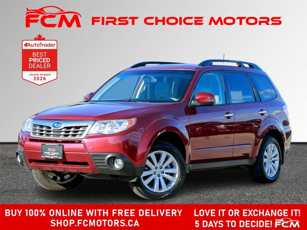 ** ** SPECIAL LIMITED TIME OFFER ** ** PURCHASE ANY VEHICLE THIS WEEK AND RECEIVE 4 BRAND-NEW ALL-SEASON TIRES AT NO ADDITIONAL COST!!! DON   T MISS THIS EXCLUSIVE CHANCE TO UPGRADE YOUR RIDE AND STAY PREPARED FOR ANY WEATHER!!! <br><br>EXCITING NEWS FROM FIRST CHOICE MOTORS! Our brand-new online showroom is now open to the public, bringing the ultimate car shopping experience right to your fingertips! Enjoy a 100% online car shopping experience, with over 500 certified vehicles in stock, comprehensive protection plans, and thousands of new auto parts & accessories available! Plus, for a limited time, were offering FREE deliveries across Ontario on all vehicle purchases! Dont miss out   visit Shop.fcmotors.ca to find and upgrade your perfect vehicle today!<br><br>Welcome to First Choice Motors, the largest car dealership in Toronto of pre-owned cars, SUVs, and vans priced between $5000-$15,000. With an impressive inventory of over 300 vehicles in stock, we are dedicated to providing our customers with a vast selection of affordable and reliable options. <br><br>Were thrilled to offer a used 2012 Subaru Forester LIMITED, red color with 147,000km (STK#10130) This vehicle was $8990 NOW ON SALE FOR $7990. It is equipped with the following features:<br>- Automatic Transmission<br>- Leather Seats<br>- Sunroof<br>- Heated seats<br>- Navigation<br>- All wheel drive<br>- Reverse Camera<br>- Alloy wheels<br>- Power windows<br>- Power locks<br>- Power mirrors<br>- Air Conditioning<br><br>At First Choice Motors, we believe in providing quality vehicles that our customers can depend on. All our vehicles come with a 36-day guarantee on all safety related items. We also offer additional warranty options up to 5 years for our customers who want extra peace of mind.<br><br>Furthermore, all our vehicles are sold fully certified with brand new brakes rotors and pads, a fresh oil change, and brand new set of all-season tires installed & balanced. You can be confident that this car is in excellent condition and ready to hit the road.<br><br>At First Choice Motors, we believe that everyone deserves a chance to own a reliable and affordable vehicle. Thats why we offer financing options with low interest rates starting at 7.9% O.A.C. Were proud to approve all customers, including those with bad credit, no credit, students, and even 9 socials. Our finance team is dedicated to finding the best financing option for you and making the car buying process as smooth and stress-free as possible.<br><br>Our dealership is open 7 days a week to provide you with the best customer service possible. We carry the largest selection of used vehicles for sale under $9990 in all of Ontario. We stock over 300 cars, mostly Hyundai, Chevrolet, Mazda, Honda, Volkswagen, Toyota, Ford, Dodge, Kia, Mitsubishi, Acura, Lexus, and more. With our ongoing sale, you can find your dream car at a price you can afford. Come visit us today and experience why we are the best choice for your next used car purchase!<br><br>All prices include $22.00 OMVIC Fee.  Excludes, license plates, ownership registration and ONTARIO HST (13%)<br>*No Credit Card payments can be accepted for Vehicle Purchases*