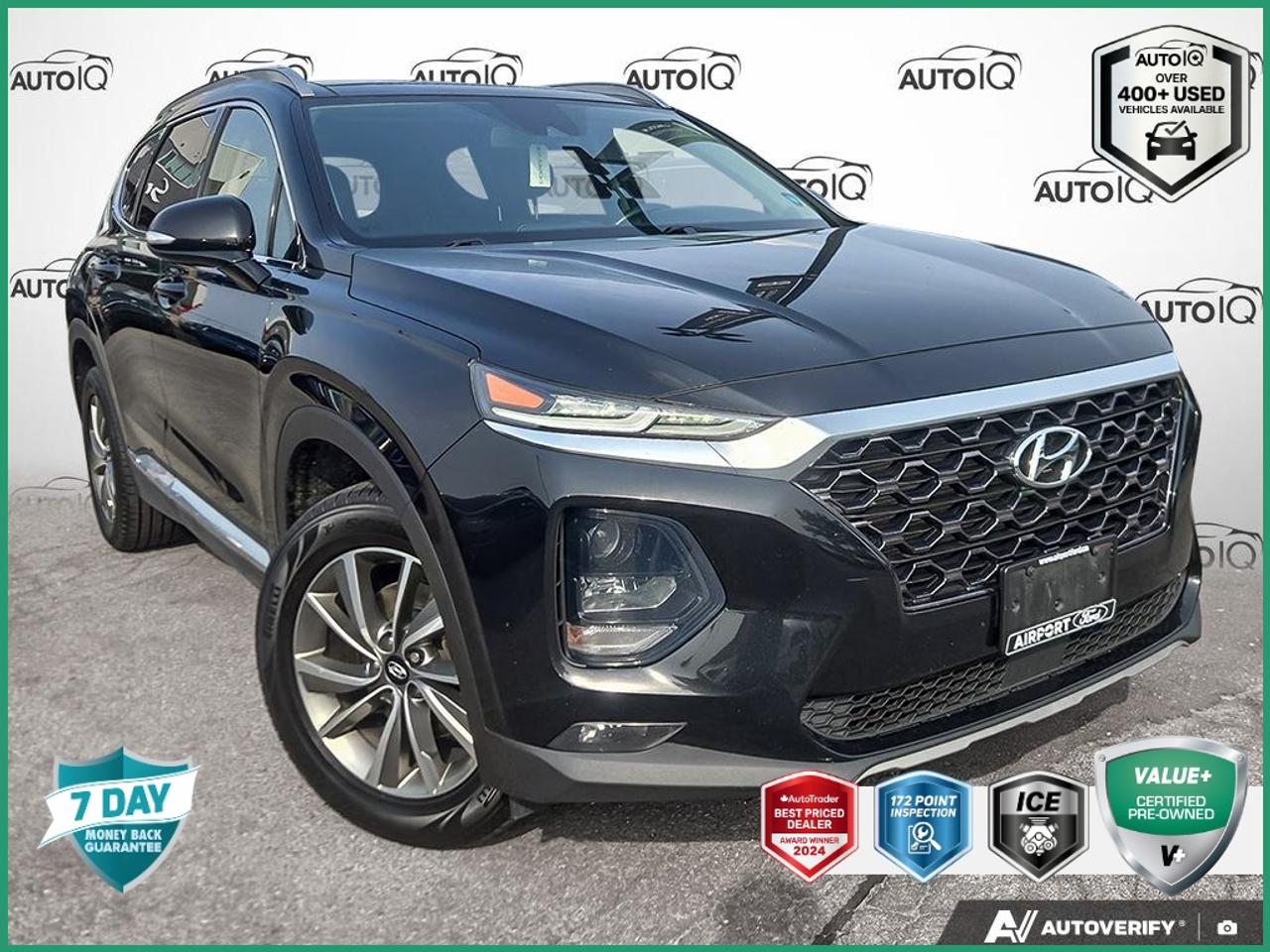 Recent Arrival!<br><br><br>AWD, Black Leather, Power moonroof.<br><br>Twilight Black<br>2020 Hyundai Santa Fe Preferred 2.4 Sun & Leather Pkg | Moonroof | One Owner 4D Sport Utility<br>2.4L I4 DGI DOHC 16V LEV3-ULEV70 185hp 8-Speed Automatic with SHIFTRONIC<br>AWD<br><br>Certification Program Details:<br><br>VALUE+ CERTIFIED PRE-OWNED VEHICLE<br><br>36-point Provincial Safety Inspection<br>172-point inspection combined mechanical, aesthetic, functional inspection including a vehicle report card<br>Warranty: 30 Days or 1500 KMS on mechanical safety-related items and extended plans are available<br>Complimentary CARFAX Vehicle History Report<br>2X Provincial safety standard for tire tread depth<br>2X Provincial safety standard for brake pad thickness<br>7 Day Money Back Guarantee*<br>Market Value Report provided<br>Complimentary 3 months SIRIUS XM satellite radio subscription on equipped vehicles<br>Complimentary wash and vacuum<br>Vehicle scanned for open recall notifications from manufacturer<p> </p>

<h4>VALUE+ CERTIFIED PRE-OWNED VEHICLE</h4>

<p>
- 36-point Provincial Safety Inspection<br>
- 172-point inspection combined mechanical, aesthetic, functional inspection including a vehicle report card<br>
- Warranty: 30 Days or 1500 KMS on mechanical safety-related items and extended plans are available<br>
- Complimentary CARFAX Vehicle History Report<br>
- 2X Provincial safety standard for tire tread depth<br>
- 2X Provincial safety standard for brake pad thickness<br>
- 7 Day Money Back Guarantee*<br>
- Market Value Report provided<br>
- Complimentary 3 months SIRIUS XM satellite radio subscription on equipped vehicles<br>
- Complimentary wash and vacuum<br>
- Vehicle scanned for open recall notifications from manufacturer
</p>

<p>SPECIAL NOTE: This vehicle is reserved for AutoIQs retail customers only. Please, No dealer calls. Errors & omissions excepted.</p>

<p>*As-traded, specialty or high-performance vehicles are excluded from the 7-Day Money Back Guarantee Program (including, but not limited to Ford Shelby, Ford mustang GT, Ford Raptor, Chevrolet Corvette, Camaro 2SS, Camaro ZL1, V-Series Cadillac, Dodge/Jeep SRT, Hyundai N Line, all electric models)</p>