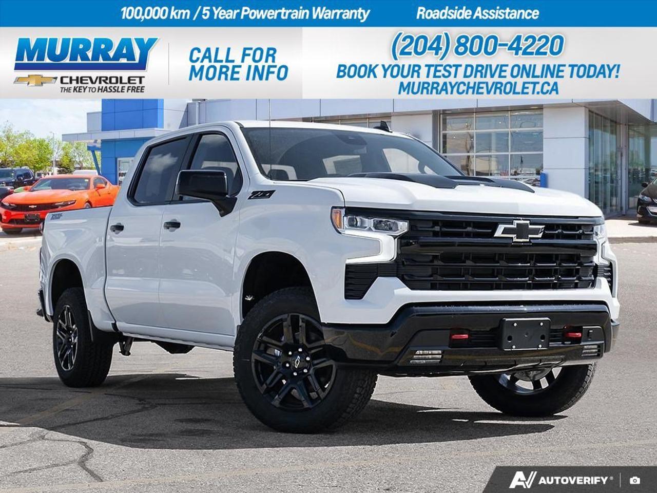 * ENGINE 5.3L ECOTEC3 V8 * * TRANSMISSION 8-SPEED AUTOMATIC * * SUMMIT WHITE *  Discover the power and precision of the 2026 Chevrolet Silverado 1500 LT Trail Boss in Winnipeg. Equipped with a robust 5.3L EcoTec3 V8 engine, this dynamic truck delivers an impressive 355 horsepower and 518 Nm of torque, optimizing power delivery with its advanced Dynamic Fuel Management. Its paired with a 10-Speed Automatic transmission featuring paddle shifters for seamless gear changes, ensuring superior performance on both highways and rugged terrains.  Offering both style and capability, this crew cab pickup boasts a stunning Summit White exterior complemented by the LPO Dark Essentials Package, which includes black Silverado nameplates and tailgate lettering. The interior, adorned with Jet Black cloth seat trim and front bucket seats with a center console, provides exceptional comfort. Enhance your journeys with the convenience of a heated steering wheel, remote engine start, and a cutting-edge navigation system.  Stay secure and connected with features like lane keeping assist, front collision mitigation, and a WiFi hotspot. The Silverado 1500 is designed to keep you and your passengers protected and entertained, making every trip a pleasure. Experience the perfect blend of luxury, functionality, and performance in this impressive truck, available now in Winnipeg.  Dealer Permit #1740