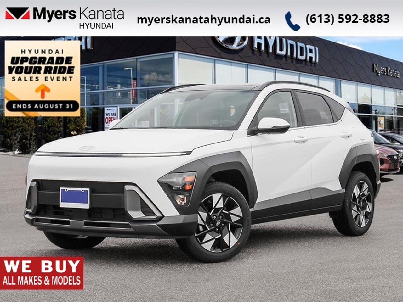 <b>Sunroof,  Power Liftgate,  Heated Seats,  Adaptive Cruise Control,  Heated Steering Wheel!</b><br> <br> Built for adventure, this Kona is well equipped, whether in the urban sprawl or the backroads.<br> <br>With more versatility than its tiny stature lets on, this Kona is ready to prove that big things can come in small packages. With an incredibly long feature list, this Kona is incredibly safe and comfortable, compatible with just about anything, and ready for lifes next big adventure. For distilled perfection in the busy crossover SUV segment, this Kona is the obvious choice.<br> <br>This Atlas Wht coupe has an Automatic transmission and is powered by a 147HP 2.0L 4 Cylinder Engine. <br> <br> Our Konas trim level is Preferred AWD w/Trend Package. This capable all-wheel-drive SUV combines confident performance with refined comfort and cutting-edge technology. Its exterior design features a sleek black grille, power liftgate, deep-tinted glass, and a panoramic sunroof that fills the cabin with natural light. Inside, premium touches include heated front seats, dual-zone automatic climate control, a heated leather steering wheel, and a 12.3-inch touchscreen with Apple CarPlay, Android Auto, and remote start. Advanced safety systems such as Forward Collision Avoidance, Blind-Spot Warning, Rear Cross-Traffic Collision-Avoidance, and Lane Keep Assist provide peace of mind on every journey. Designed for comfort, control, and everyday versatility, its an SUV that feels equally at home in the city or on the open road. This vehicle has been upgraded with the following features: Sunroof, Power Liftgate, Heated Seats, Adaptive Cruise Control, Heated Steering Wheel, Remote Start, Lane Keep Assist.<br><br> <br>To apply right now for financing use this link: <a href=https://www.myerskanatahyundai.com/finance/ target=_blank>https://www.myerskanatahyundai.com/finance/</a><br> <br/>This vehicle may qualify for $500 Military Program Bonus. 5.99% financing for 96 months. <br> Buy this vehicle now for the lowest weekly payment of <b>$125.34</b> with $0 down for 96 months @ 5.99% APR O.A.C. ( Plus applicable taxes - $2596 and licensing fees **Rebates may not be applicable on all purchase types [cash, lease, or finance]. Eligibility and conditions may vary. Please see dealer for full details and confirmation of eligibility. ). Incentives expire 2026-08-31. See dealer for details. <br><br>This vehicle is located at Myers Kanata Hyundai 400-2500 Palladium Dr Kanata, Ontario. <br><br> Come by and check out our fleet of 40+ used cars and trucks and 190+ new cars and trucks for sale in Kanata.  o~o