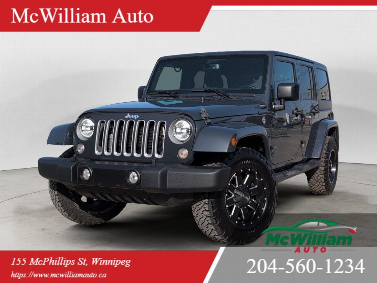 <br>At McWilliam Auto, we operate as a one-price dealership. Our vehicles are competitively priced from the start to offer exceptional value and a transparent buying experience. All vehicle prices are firm and non-negotiable.in.<br><br> MECHANICAL / PERFORMANCE<br><br>3.6L Pentastar V6 Engine<br>8-Speed Automatic Transmission<br>Command-Trac 4x4 System<br>Heavy-Duty Dana Axles<br>Selec-Speed Control<br>Electronic Shift-on-the-Fly Transfer Case<br>Tow Hooks<br>Hill Start Assist<br>Trailer Sway Control<br>4-Wheel Disc BrakesSAFETY<br><br>Electronic Stability Control<br>Traction Control<br>4-Wheel Anti-Lock Braking System (ABS)<br>ParkView Rear Back-Up Camera<br>Tire Pressure Monitoring System<br>Advanced Multistage Front Air Bags<br>Supplemental Side Air Bags<br>Hill Start Assist<br>Remote Keyless Entry<br>Remote Start SystemTECHNOLOGY / INFOTAINMENT<br><br>Uconnect Touchscreen Infotainment System<br>Apple CarPlay<br>Android Auto<br>Bluetooth Hands-Free Calling<br>Bluetooth Audio Streaming<br>USB Input<br>Auxiliary Audio Input<br>Steering Wheel Audio Controls<br>Voice Command<br>8-Speaker Audio SystemCOMFORT / INTERIOR<br><br>Heated Front Seats<br>Remote Start<br>Premium Cloth Interior<br>Dual-Zone Automatic Climate Control<br>Leather-Wrapped Steering Wheel<br>Power Windows<br>Power Door Locks<br>Power Heated Mirrors<br>Tilt and Telescopic Steering Wheel<br>Cruise Control<br>60/40 Split Folding Rear Seat<br>Push Button StartEXTERIOR / STYLING<br><br>Body-Colour Fender Flares<br>Body-Colour Hard Top<br>LED Daytime Running Lights<br>Fog Lights<br>17-Inch Alloy Wheels<br>Full-Size Spare Tire<br>Removable Doors<br>Fold-Down Windshield<br>Rear Privacy Glass<br>Two Sets of Tires and RimsOFF ROAD / CAPABILITY<br><br>Command-Trac 4x4 System<br>Selec-Speed Control<br>Heavy-Duty Suspension<br>Tow Hooks<br>Hill Descent Control<br>Skid Plates<br>High Ground Clearance<br>Off-Road Performance Tires<br><br>DEALER PERMIT No. 4611<br>Stock Number#5010<br>McWilliam Auto, 155 McPhillips Street, Winnipeg MB<br><br>IMPORTANT DISCLAIMER: This vehicle is a used vehicle, all the features and information may not be accurate from the descriptions above, please check the vehicle in person and confirm for your self.<br><br>