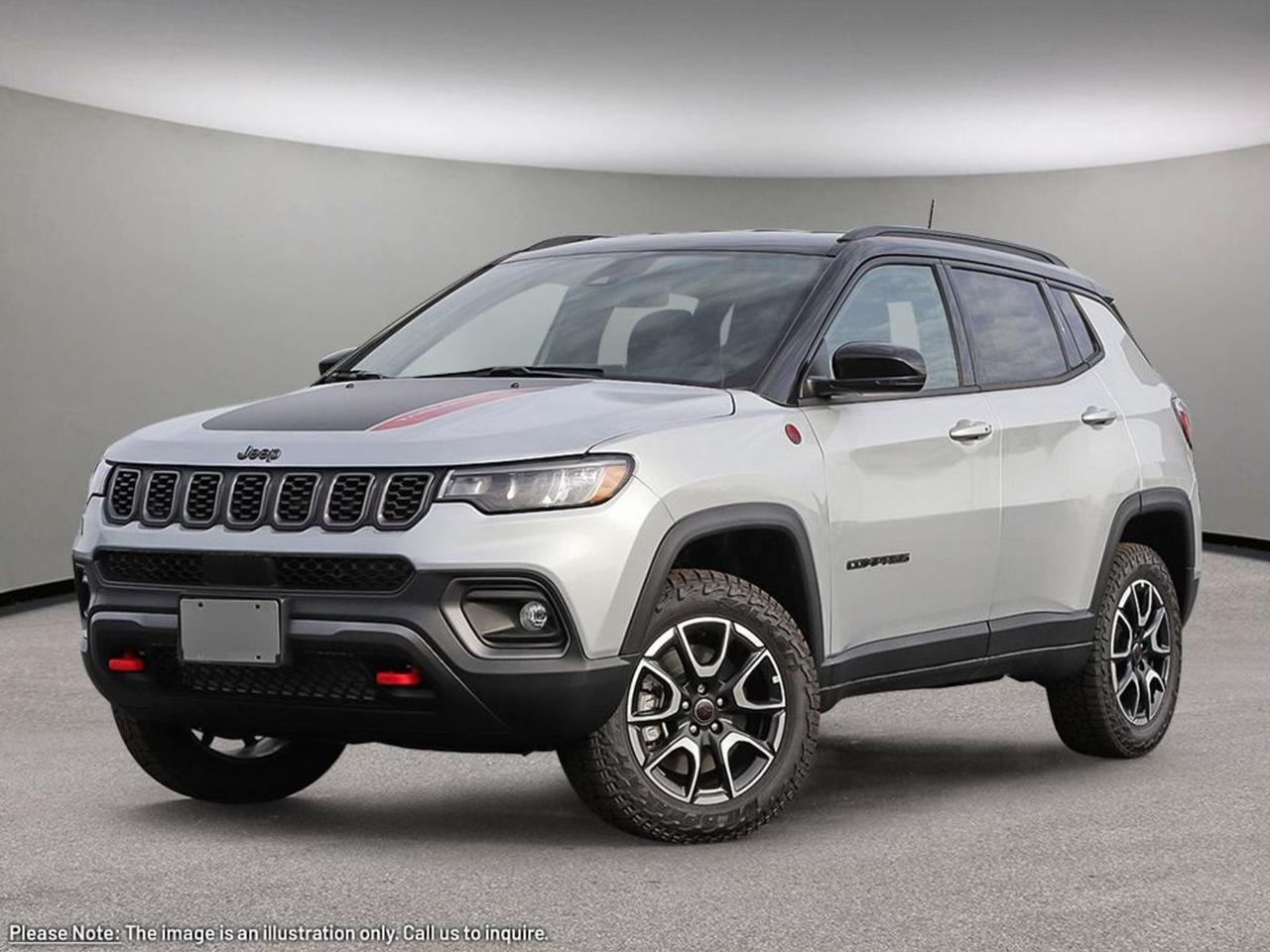 **2026 JeepCompassTrailhawk4×4  Ready for Anything**Meet the 2026 JeepCompassTrailhawk, a compact SUV that packs fullsize adventure into a sleek Silver body with a refined Black interior. Under the hood sits a responsive 2.0L DOHC turboI4 with stopstart and an 8speed automatic (4.398 final drive), delivering peppy power while keeping fuel consumption low.**Offroad confidence**  Parttime/Fulltime 4WD with driverselectable modes, electronic transfercase shift, 4wheel ABS, hilldescent control, and 4 underbody skid plates. The offroad ridesuspension, gaspressurized shocks, and 215/65R17 allseason on/offroad tires grip wherever you go.**Everyday luxury**  Premium cloth/leatherfaced bucket seats, heated front seats, heated steering wheel, dualzone automatic climate control, and a power liftgate. The UConnect5 system boasts a 10.1in. primary touchscreen, 10.25in. color display, wireless audio streaming, and a 19speaker Harman/Kardongrade sound experience.**Safety that leads**  7 airbags, blindspot and lanedeparture alerts, forwardcollision mitigation, pedestrianimpact prevention, and electronic stability control with antiroll. Hillstart assist, rearview camera, parking sensors, and a fullsize spare tire give you peace of mind.**Ready to move**  Capless fuel filler, dual leadacid batteries with rundown protection, and a smartkey with pushbutton start, remote start, and mobileapp access keep you in command.The 2026 Compass Trailhawk isnt just an SUVits your daily driver with the heart of a true Jeep explorer. Test it today and feel the trailready confidence for yourself.