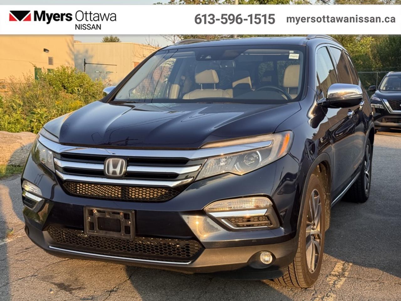 <b>Sunroof,  Navigation,  Leather Seats,  Bluetooth,  Rear DVD Entertainment!</b><br> <br>  Compare at $19500 - Our Price is just $18995! <br> <br>When it comes to three row SUVs that offer modern amenities, plenty of room for large families, and surprising efficiency, the Honda Pilot is at the top of the list, says Edmunds. This 2016 Honda Pilot is fresh on our lot in Ottawa.<br> <br>A spur of the moment day trip, or a night on the town. A weekend drive to your favorite getaway, or a quick detour to satisfy that sweet tooth. Wherever your next adventure leads you, the sleek and versatile Honda Pilot will help you make the most of it. With 3 rows of seats and surprising fuel efficiency, the Pilot is up for anything.<br> <br>This SUV has 146,246 km. Its nice in colour. It has an Automatic transmission and is powered by a 280HP 3.5L V6 Cylinder Engine. <br> <br> Our Pilots trim level is Touring. Get the most out of every adventure with the luxurious Touring trim. It comes with a premium 10 speaker surround sound system, Bluray rear entertainment system with wireless headsets, a display audio system with Bluetooth, navigation, and SiriusXM, heated and ventilated leather seats, a memory drivers seat, a panoramic moonroof, a heated, leather wrapped steering wheel, a power tailgate, a rearview camera, LaneWatch blind spot detection, and Honda Sensing technologies which include adaptive cruise control, forward collision warning, and more. This vehicle has been upgraded with the following features: Sunroof, Navigation, Leather Seats, Bluetooth, Rear DVD Entertainment, Adaptive Cruise Control, Heated Steering Wheel.<br> <br>To apply right now for financing use this link: <a href=https://www.myersottawanissan.ca/finance target=_blank>https://www.myersottawanissan.ca/finance</a><br> <br/>Payments from <b>$351.80</b> monthly with $0 down for 72 months @ 9.99% APR O.A.C. ( Plus applicable taxes - and licensing fees ). See dealer for details. <br><br>Get the amazing benefits of a Nissan Certified Pre-Owned vehicle!!! Save thousands of dollars and get a pre-owned vehicle that has factory warranty, 24 hour roadside assistance and rates as low as 2.99%!!! <br>*LIFETIME ENGINE TRANSMISSION WARRANTY NOT AVAILABLE ON VEHICLES WITH KMS EXCEEDING 140,000KM, VEHICLES 8 YEARS & OLDER, OR HIGHLINE BRAND VEHICLE(eg. BMW, INFINITI. CADILLAC, LEXUS...)<br> Come by and check out our fleet of 30+ used cars and trucks and 150+ new cars and trucks for sale in Ottawa.  o~o