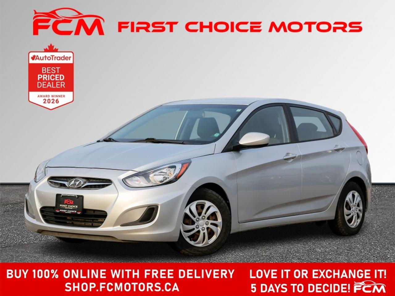 ** ** SPECIAL LIMITED TIME OFFER ** ** PURCHASE ANY VEHICLE THIS WEEK AND RECEIVE 4 BRAND-NEW ALL-SEASON TIRES AT NO ADDITIONAL COST!!! DON   T MISS THIS EXCLUSIVE CHANCE TO UPGRADE YOUR RIDE AND STAY PREPARED FOR ANY WEATHER!!! <br><br>EXCITING NEWS FROM FIRST CHOICE MOTORS! Our brand-new online showroom is now open to the public, bringing the ultimate car shopping experience right to your fingertips! Enjoy a 100% online car shopping experience, with over 500 certified vehicles in stock, comprehensive protection plans, and thousands of new auto parts & accessories available! Plus, for a limited time, were offering FREE deliveries across Ontario on all vehicle purchases! Dont miss out   visit Shop.fcmotors.ca to find and upgrade your perfect vehicle today!<br><br>Welcome to First Choice Motors, the largest car dealership in Toronto of pre-owned cars, SUVs, and vans priced between $5000-$15,000. With an impressive inventory of over 300 vehicles in stock, we are dedicated to providing our customers with a vast selection of affordable and reliable options. <br><br>Were thrilled to offer a used 2014 Hyundai Accent GL, silver color with 104,000km (STK#10146) This vehicle was $8490 NOW ON SALE FOR $7990. It is equipped with the following features:<br>- Automatic Transmission<br>- Hatchback<br>- Heated seats<br>- Bluetooth<br>- Power windows<br>- Power locks<br>- Power mirrors<br>- Air Conditioning<br><br>At First Choice Motors, we believe in providing quality vehicles that our customers can depend on. All our vehicles come with a 36-day guarantee on all safety related items. We also offer additional warranty options up to 5 years for our customers who want extra peace of mind.<br><br>Furthermore, all our vehicles are sold fully certified with brand new brakes rotors and pads, a fresh oil change, and brand new set of all-season tires installed & balanced. You can be confident that this car is in excellent condition and ready to hit the road.<br><br>At First Choice Motors, we believe that everyone deserves a chance to own a reliable and affordable vehicle. Thats why we offer financing options with low interest rates starting at 7.9% O.A.C. Were proud to approve all customers, including those with bad credit, no credit, students, and even 9 socials. Our finance team is dedicated to finding the best financing option for you and making the car buying process as smooth and stress-free as possible.<br><br>Our dealership is open 7 days a week to provide you with the best customer service possible. We carry the largest selection of used vehicles for sale under $9990 in all of Ontario. We stock over 300 cars, mostly Hyundai, Chevrolet, Mazda, Honda, Volkswagen, Toyota, Ford, Dodge, Kia, Mitsubishi, Acura, Lexus, and more. With our ongoing sale, you can find your dream car at a price you can afford. Come visit us today and experience why we are the best choice for your next used car purchase!<br><br>All prices include $22.00 OMVIC Fee.  Excludes, license plates, ownership registration and ONTARIO HST (13%)<br>*No Credit Card payments can be accepted for Vehicle Purchases*