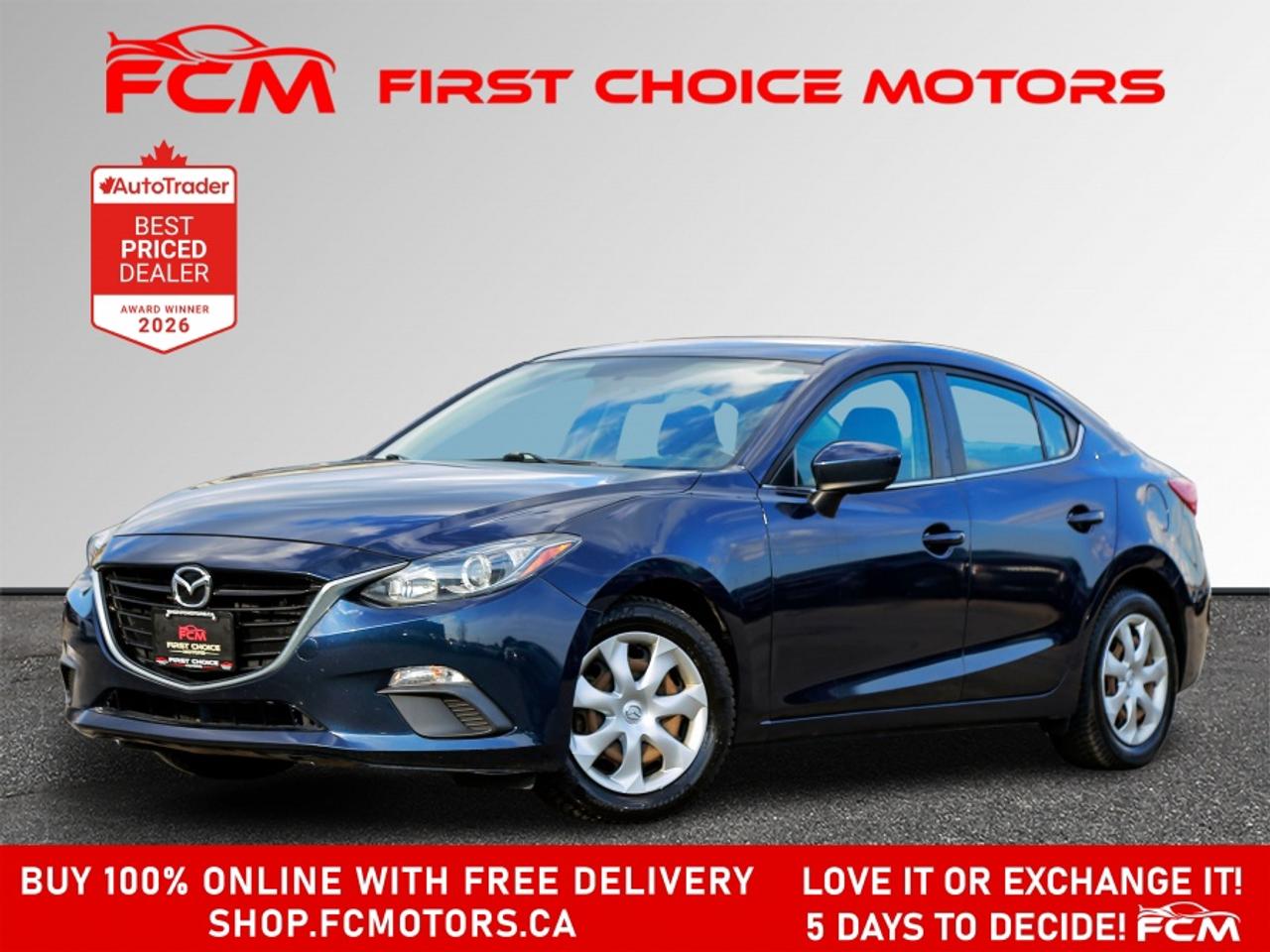 ** ** SPECIAL LIMITED TIME OFFER ** ** PURCHASE ANY VEHICLE THIS WEEK AND RECEIVE 4 BRAND-NEW ALL-SEASON TIRES AT NO ADDITIONAL COST!!! DON   T MISS THIS EXCLUSIVE CHANCE TO UPGRADE YOUR RIDE AND STAY PREPARED FOR ANY WEATHER!!! <br><br>EXCITING NEWS FROM FIRST CHOICE MOTORS! Our brand-new online showroom is now open to the public, bringing the ultimate car shopping experience right to your fingertips! Enjoy a 100% online car shopping experience, with over 500 certified vehicles in stock, comprehensive protection plans, and thousands of new auto parts & accessories available! Plus, for a limited time, were offering FREE deliveries across Ontario on all vehicle purchases! Dont miss out   visit Shop.fcmotors.ca to find and upgrade your perfect vehicle today!<br><br>Welcome to First Choice Motors, the largest car dealership in Toronto of pre-owned cars, SUVs, and vans priced between $5000-$15,000. With an impressive inventory of over 300 vehicles in stock, we are dedicated to providing our customers with a vast selection of affordable and reliable options. <br><br>Were thrilled to offer a used 2015 Mazda MAZDA3 GX Skyactiv, blue color with 147,000km (STK#10148) This vehicle was $9990 NOW ON SALE FOR $8990. It is equipped with the following features:<br>- Automatic Transmission<br>- Power windows<br>- Power locks<br>- Power mirrors<br>- Air Conditioning<br><br>At First Choice Motors, we believe in providing quality vehicles that our customers can depend on. All our vehicles come with a 36-day guarantee on all safety related items. We also offer additional warranty options up to 5 years for our customers who want extra peace of mind.<br><br>Furthermore, all our vehicles are sold fully certified with brand new brakes rotors and pads, a fresh oil change, and brand new set of all-season tires installed & balanced. You can be confident that this car is in excellent condition and ready to hit the road.<br><br>At First Choice Motors, we believe that everyone deserves a chance to own a reliable and affordable vehicle. Thats why we offer financing options with low interest rates starting at 7.9% O.A.C. Were proud to approve all customers, including those with bad credit, no credit, students, and even 9 socials. Our finance team is dedicated to finding the best financing option for you and making the car buying process as smooth and stress-free as possible.<br><br>Our dealership is open 7 days a week to provide you with the best customer service possible. We carry the largest selection of used vehicles for sale under $9990 in all of Ontario. We stock over 300 cars, mostly Hyundai, Chevrolet, Mazda, Honda, Volkswagen, Toyota, Ford, Dodge, Kia, Mitsubishi, Acura, Lexus, and more. With our ongoing sale, you can find your dream car at a price you can afford. Come visit us today and experience why we are the best choice for your next used car purchase!<br><br>All prices include $22.00 OMVIC Fee.  Excludes, license plates, ownership registration and ONTARIO HST (13%)<br>*No Credit Card payments can be accepted for Vehicle Purchases*