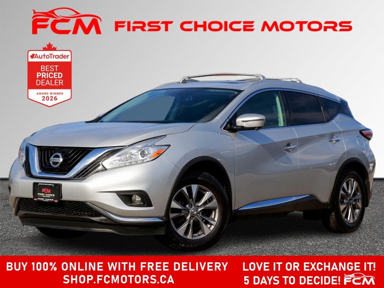 ** ** SPECIAL LIMITED TIME OFFER ** ** PURCHASE ANY VEHICLE THIS WEEK AND RECEIVE 4 BRAND-NEW ALL-SEASON TIRES AT NO ADDITIONAL COST!!! DON   T MISS THIS EXCLUSIVE CHANCE TO UPGRADE YOUR RIDE AND STAY PREPARED FOR ANY WEATHER!!! <br><br>EXCITING NEWS FROM FIRST CHOICE MOTORS! Our brand-new online showroom is now open to the public, bringing the ultimate car shopping experience right to your fingertips! Enjoy a 100% online car shopping experience, with over 500 certified vehicles in stock, comprehensive protection plans, and thousands of new auto parts & accessories available! Plus, for a limited time, were offering FREE deliveries across Ontario on all vehicle purchases! Dont miss out   visit Shop.fcmotors.ca to find and upgrade your perfect vehicle today!<br><br>Welcome to First Choice Motors, the largest car dealership in Toronto of pre-owned cars, SUVs, and vans priced between $5000-$15,000. With an impressive inventory of over 300 vehicles in stock, we are dedicated to providing our customers with a vast selection of affordable and reliable options. <br><br>Were thrilled to offer a used 2017 Nissan Murano SL, silver color with 183,000km (STK#10160) This vehicle was $12990 NOW ON SALE FOR $11990. It is equipped with the following features:<br>- Automatic Transmission<br>- Leather Seats<br>- Sunroof<br>- Heated seats<br>- Navigation<br>- All wheel drive<br>- Bluetooth<br>- Reverse camera<br>- Alloy wheels<br>- Power windows<br>- Power locks<br>- Power mirrors<br>- Air Conditioning<br><br>At First Choice Motors, we believe in providing quality vehicles that our customers can depend on. All our vehicles come with a 36-day guarantee on all safety related items. We also offer additional warranty options up to 5 years for our customers who want extra peace of mind.<br><br>Furthermore, all our vehicles are sold fully certified with brand new brakes rotors and pads, a fresh oil change, and brand new set of all-season tires installed & balanced. You can be confident that this car is in excellent condition and ready to hit the road.<br><br>At First Choice Motors, we believe that everyone deserves a chance to own a reliable and affordable vehicle. Thats why we offer financing options with low interest rates starting at 7.9% O.A.C. Were proud to approve all customers, including those with bad credit, no credit, students, and even 9 socials. Our finance team is dedicated to finding the best financing option for you and making the car buying process as smooth and stress-free as possible.<br><br>Our dealership is open 7 days a week to provide you with the best customer service possible. We carry the largest selection of used vehicles for sale under $9990 in all of Ontario. We stock over 300 cars, mostly Hyundai, Chevrolet, Mazda, Honda, Volkswagen, Toyota, Ford, Dodge, Kia, Mitsubishi, Acura, Lexus, and more. With our ongoing sale, you can find your dream car at a price you can afford. Come visit us today and experience why we are the best choice for your next used car purchase!<br><br>All prices include $22.00 OMVIC Fee.  Excludes, license plates, ownership registration and ONTARIO HST (13%)<br>*No Credit Card payments can be accepted for Vehicle Purchases*