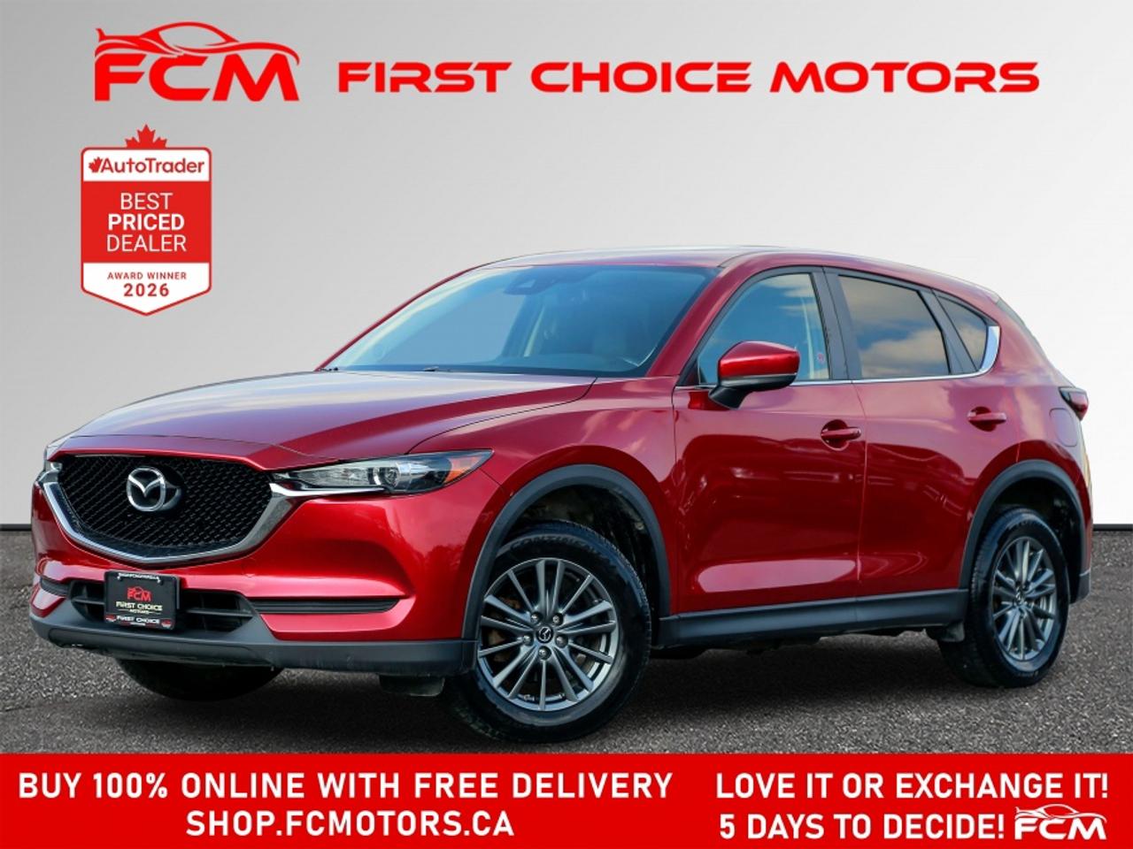 ** ** SPECIAL LIMITED TIME OFFER ** ** PURCHASE ANY VEHICLE THIS WEEK AND RECEIVE 4 BRAND-NEW ALL-SEASON TIRES AT NO ADDITIONAL COST!!! DON   T MISS THIS EXCLUSIVE CHANCE TO UPGRADE YOUR RIDE AND STAY PREPARED FOR ANY WEATHER!!! <br><br>EXCITING NEWS FROM FIRST CHOICE MOTORS! Our brand-new online showroom is now open to the public, bringing the ultimate car shopping experience right to your fingertips! Enjoy a 100% online car shopping experience, with over 500 certified vehicles in stock, comprehensive protection plans, and thousands of new auto parts & accessories available! Plus, for a limited time, were offering FREE deliveries across Ontario on all vehicle purchases! Dont miss out   visit Shop.fcmotors.ca to find and upgrade your perfect vehicle today!<br><br>Welcome to First Choice Motors, the largest car dealership in Toronto of pre-owned cars, SUVs, and vans priced between $5000-$15,000. With an impressive inventory of over 300 vehicles in stock, we are dedicated to providing our customers with a vast selection of affordable and reliable options. <br><br>Were thrilled to offer a used 2018 Mazda CX-5 GS Skyactiv, red color with 178,000km (STK#10164) This vehicle was $16990 NOW ON SALE FOR $15990. It is equipped with the following features:<br>- Automatic Transmission<br>- Sunroof<br>- Heated seats<br>- Navigation<br>- All wheel drive<br>- Bluetooth<br>- Reverse camera<br>- Alloy wheels<br>- Power windows<br>- Power locks<br>- Power mirrors<br>- Air Conditioning<br><br>At First Choice Motors, we believe in providing quality vehicles that our customers can depend on. All our vehicles come with a 36-day guarantee on all safety related items. We also offer additional warranty options up to 5 years for our customers who want extra peace of mind.<br><br>Furthermore, all our vehicles are sold fully certified with brand new brakes rotors and pads, a fresh oil change, and brand new set of all-season tires installed & balanced. You can be confident that this car is in excellent condition and ready to hit the road.<br><br>At First Choice Motors, we believe that everyone deserves a chance to own a reliable and affordable vehicle. Thats why we offer financing options with low interest rates starting at 7.9% O.A.C. Were proud to approve all customers, including those with bad credit, no credit, students, and even 9 socials. Our finance team is dedicated to finding the best financing option for you and making the car buying process as smooth and stress-free as possible.<br><br>Our dealership is open 7 days a week to provide you with the best customer service possible. We carry the largest selection of used vehicles for sale under $9990 in all of Ontario. We stock over 300 cars, mostly Hyundai, Chevrolet, Mazda, Honda, Volkswagen, Toyota, Ford, Dodge, Kia, Mitsubishi, Acura, Lexus, and more. With our ongoing sale, you can find your dream car at a price you can afford. Come visit us today and experience why we are the best choice for your next used car purchase!<br><br>All prices include $22.00 OMVIC Fee.  Excludes, license plates, ownership registration and ONTARIO HST (13%)<br>*No Credit Card payments can be accepted for Vehicle Purchases*