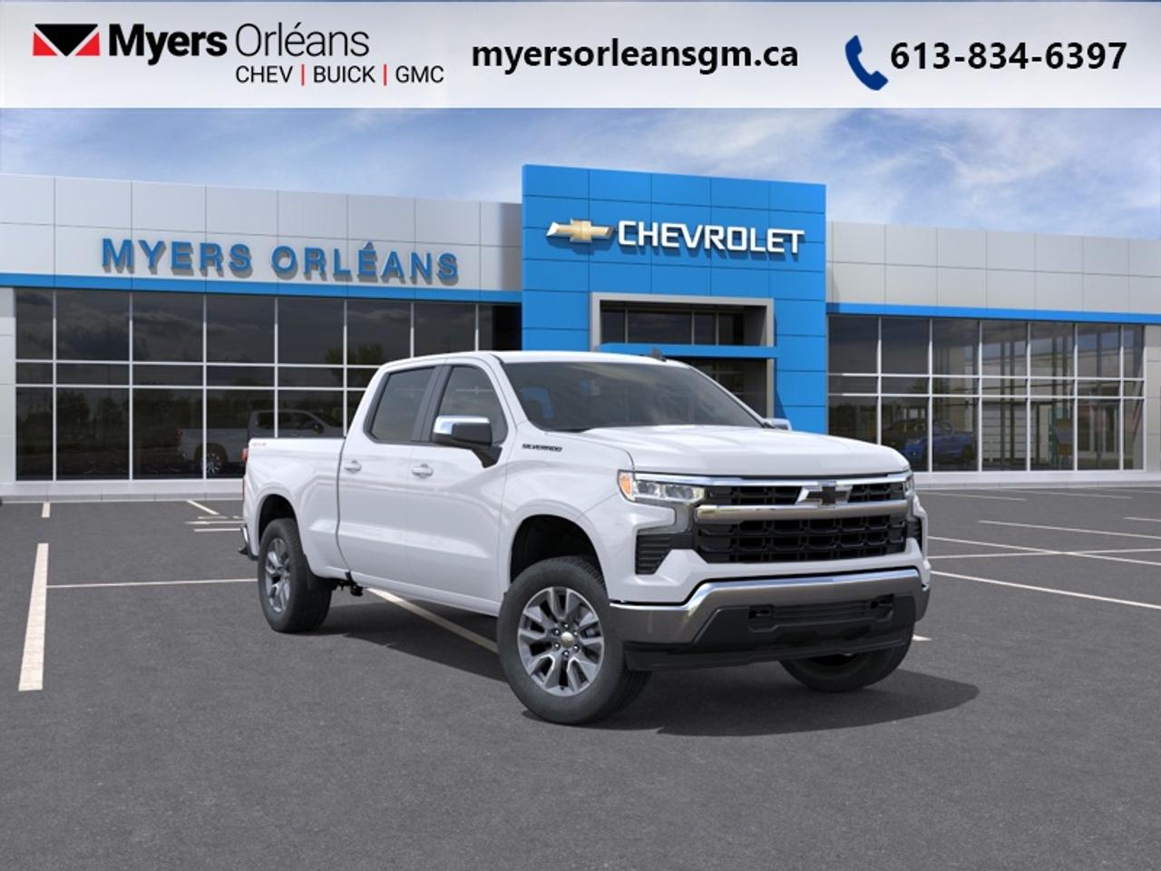 <b>Dark Essential Package, 20 inch Aluminum Wheels!</b><br> <br> For more than 80 years, the Myers Automotive Group has brought exceptional vehicles and world-class service to drivers in the Ottawa area. Myers Orleans Chevrolet Buick GMC is proud to serve Greater Ottawa, and to continue the tradition of excellence that the Myers name is known for. We are your trusted and professional choice since 1942!<br> <br> SPECIAL! EMPLOYEE PRICING ON NOW! Was $78248. Now $65859! $6889 discount until Aug 31!  (in addition to the $5500 rebate)  <br> <br/>Reliable, adaptable and ready for action, the 2026 Silverado 1500 is your partner in work and adventure.<br> <br>The 2026 Chevrolet Silverado 1500 delivers full-size pickup performance with a polished interior and smart technology to meet the demands of both work and play. Inside youll find an interior designed for comfort and connectivity, outfitted with modern amenities and a layout that supports both productivity and leisure. With such versatility, the Silverado 1500 stands ready to take on the tough jobs and the long drives in equal fashion.<br> <br>This Summit White Crew Cab 4X4 pickup has an Automatic transmission and is powered by a 355HP 5.3L 8 Cylinder Engine. <br> <br> Our Silverado 1500s trim level is LT. This trim steps things up with heated front seats, a heated steering wheel and dual-zone climate control, along with a trailering package, remote start, aluminum wheels, hitch guidance, a power locking EZ lift tailgate, and an upgraded 13.4-inch infotainment display with navigation capability, Apple CarPlay and Android Auto. Safety features also include lane keep assist with lane departure warning, following distance indication, forward collision alert, and automatic emergency braking with front pedestrian braking. This vehicle has been upgraded with the following features: Dark Essential Package, 20 inch Aluminum Wheels.<br><br> <br>To apply right now for financing use this link: <a href=https://www.myersorleansgm.ca/FinancePreQualForm target=_blank>https://www.myersorleansgm.ca/FinancePreQualForm</a><br> <br/>Weve discounted this vehicle $6889. Total rebate of $5500 is reflected in the price. Incentives expire 2026-08-31. See dealer for details. <br><br>At Myers Orleans Chevrolet, youll find an impressive inventory of brand-new Chevrolet, Buick, and GMC vehicles. But we dont stop there! We also offer an amazing array of gently-used cars, trucks, and SUVs from Chevrolet, as well as a selection of alternate-brand used vehicles from some of Canadas favourite auto makers. When you choose to shop with Myers, youre not limited to what you can find on our well-appointed lot. Youve got the resources of an entire automotive group at your fingertips! Our friendly, no-pressure sales team will go through your list of must-haves, and will match you with the vehicle from Myers that checks off all the right boxes.<br> Come by and check out our fleet of 40+ used cars and trucks and 190+ new cars and trucks for sale in Orleans.  o~o