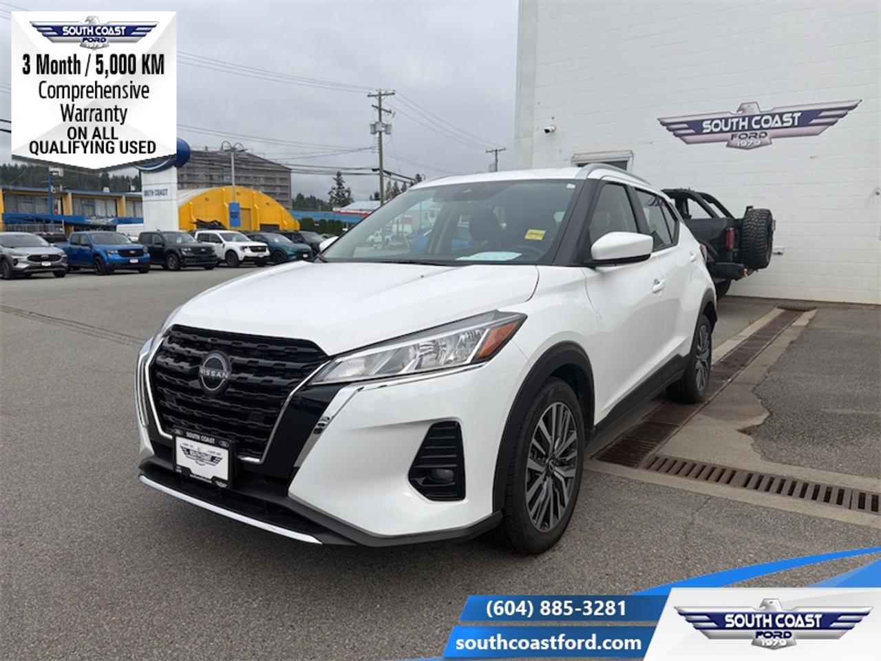 <b>Heated Seats,  Apple CarPlay,  Android Auto,  Heated Steering Wheel,  Remote Start!</b><br> <br> <p style=color:Blue;><b>Upgrade your ride at South Coast Ford with peace of mind! Our used vehicles come with a minimum of 5,000 km and 3 months of Comprehensive Vehicle Warranty. Drive with confidence knowing your investment is protected.</b></p><br> <br> Compare at $23680 - Our Price is just $22990! <br> <br>Make the most of every day with the versatile, spirited, and efficient 2025 Kicks Play. This 2025 Nissan Kicks Play is fresh on our lot in Sechelt.<br> <br>This Kicks Play did not take any shortcuts, but it is offering you a shortcut to possibility. Make the most of every day with intelligent features that help you express your personal style and feel your playlist with the incredible infotainment system. It really is time you put you first, and this 2025 Kicks Play is here for it.<br> <br>This SUV has 57,198 km. Its White in colour. It has a CVT transmission and is powered by a 122HP 1.6L 4 Cylinder Engine. <br> <br> Our Kicks Plays trim level is SV. Step up to this SV trim for stylish aluminum wheels, automatic temperature control, the Nissan Intelligent Key with remote start, a heated steering wheel, heated seats, and SiriusXM. Also standard include touchscreen infotainment with Apple CarPlay, Android Auto, Bluetooth, and Siri Eyes Free. The spirited performance is further enhanced with advanced safety features like emergency braking, lane departure warning, high beam assist, blind spot detection, rear parking sensors, and a rearview camera. This vehicle has been upgraded with the following features: Heated Seats, Apple CarPlay, Android Auto, Heated Steering Wheel, Remote Start, Adaptive Cruise Control, Blind Spot Detection.<br> <br>To apply right now for financing use this link: <a href=https://www.southcoastford.com/financing/ target=_blank>https://www.southcoastford.com/financing/</a><br> <br/>Buy this vehicle now for the lowest bi-weekly payment of <b>$190.51</b> with $0 down for 84 months @ 7.99% APR O.A.C. (All rates are OAC. Check with our team for rate specials on new and used vehicles. Banks will have financed minimum amounts for certain rates. / Total Obligation of $31831 ). See dealer for details. <br><br>Call South Coast Ford Sales or come visit us in person. Were convenient to Sechelt, BC and located at 5606 Wharf Avenue. and look forward to helping you with your automotive needs.<br><br> Come by and check out our fleet of 20+ used cars and trucks and 90+ new cars and trucks for sale in Sechelt.  o~o