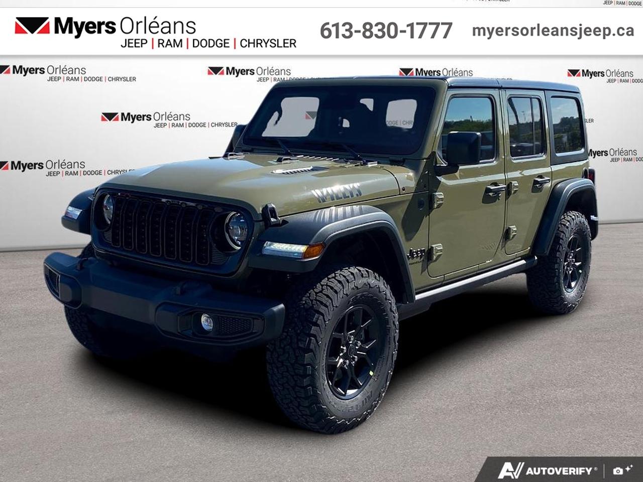 <b>Freedom Top!</b><br> <br> Enhanced safety features and connectivity options keep you secure and in touch wherever your path leads.<br> <br>The 2026 Jeep Wrangler blends iconic design with modern innovation to deliver an unmatched driving experience on and off the road. Its durable build, open-air freedom, and advanced off-road systems make it the go-to SUV for those who live for adventure. With refined comfort, cutting-edge technology, and Jeeps legendary capability, the Wrangler remains the benchmark for authentic, all-terrain performance.<br> <br>This '41 SUV has an Automatic transmission and is powered by a 270HP 2.0L 4 Cylinder Engine. <br> <br> Our Wranglers trim level is Willys. This off-road icon in the Willys trim features off-road wheels with beefier suspension, comes standard with front and rear tow hooks, front fog lamps, and a manual convertible top with fixed rollover protection. Also standard include front and rear illuminated cupholders, air conditioning, full carpet floors with all-weather mats, an 8-speaker audio system, and a 12.3-inch infotainment screen powered by Uconnect 5W, with smartphone integration and mobile hotspot internet access. Additional features include cruise control, a rearview camera, and even more. This vehicle has been upgraded with the following features: Freedom Top.<br><br> View the original window sticker for this vehicle with this url <b><a href=http://www.chrysler.com/hostd/windowsticker/getWindowStickerPdf.do?vin=1C4PJXDN3TW341212 target=_blank>http://www.chrysler.com/hostd/windowsticker/getWindowStickerPdf.do?vin=1C4PJXDN3TW341212</a></b>.<br> <br>To apply right now for financing use this link: <a href=https://www.myersorleansjeep.ca/apply-for-financing/ target=_blank>https://www.myersorleansjeep.ca/apply-for-financing/</a><br> <br/>Total rebate of $11850 is reflected in the price. Includes $1,850 Bonus Cash, applied after tax. 5.29% financing for 96 months. <br> Buy this vehicle now for the lowest weekly payment of <b>$181.91</b> with $0 down for 96 months @ 5.29% APR O.A.C. ( Plus applicable taxes - **Rebates may not be applicable on all purchase types [cash, lease, or finance]. Eligibility and conditions may vary. Please see dealer for full details and confirmation of eligibility. / Total Obligation of $75674 ). Incentives expire 2026-08-31. See dealer for details. <br><br>The road to new driving experiences begins in our inventory, where youll find an incredible array of brand-new cars, trucks, minivans, and SUVs, including two of our bestselling models, the Dodge Ram 1500 and the Dodge Grand Caravan. If you want to know what the cutting edge of automotive technology looks like, all you have to do is visit Myers Orleans Jeep! Each model comes loaded with the convenient features and cool technology that help make every trip memorable. Looking for additional everyday luxury at a price thats incredibly wallet-friendly? Choose from our selection of quality pre-owned models! If you can think of a road, our friendly and knowledgeable sales team will help you find the perfect vehicle to drive it.<br><br>We may be a well-established dealership thats been part of the community for many years, but that doesnt mean were stuck in the past! At Myers Orleans Jeep, were proud to provide a fresh, modern approach to car buying. Using our array of online tools, you can browse our extensive inventory, schedule a service appointment, order parts, and even apply for credit from wherever youve got a connection. Our goal is to create relationships that will last, and we know that the best way to do this is by providing a dealership experience thats based on honesty, transparency, trust, and a commitment to customers. Stop by today and discover all the ways we go above and beyond for you.<br><br> Come by and check out our fleet of 40+ used cars and trucks and 70+ new cars and trucks for sale in Orleans.  o~o