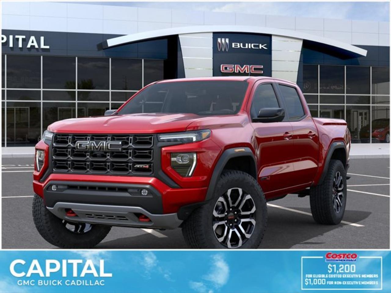 DEAL PENDINGThis 2026 GMC Canyon in Volcanic Red Tintcoat is equipped with 4WD and Turbocharged Gas I4 2.7L/ engine.The GMC Canyon might be midsize, but its fully premium. Designed for easy access, an available easy lift and lower tailgate allows for smooth operation, while an integrated corner-step rear bumper provides efficient access to the truck bed and your cargo. Its the little things that set the Canyon apart, like its LED-signature front lighting, chrome grille surrounds and chrome mirror caps and door handles. The Canyon is takes premium comfort to a new level with features such as available soft-touch instrument panel and available heated driver and front passenger seats. The interior is also engineered to give you and your passengers an exceptional level of quiet, from noise-reducing innovations to triple door seals. This truck offers an engine lineup that delivers power and efficiency. This baby has 308 horsepower and can tow up to 3493 KG (7700 LB.). Intelligent control features, including traction control, trailer sway and hill descent control, available automatic rear locking differential, brake rotors and integrated trailer brake controller and diesel exhaust brake, to help you stay confidently in command no matter what you may be hauling or trailering. The Canyon provides intelligently placed controls and driver-centric features to keep you in touch, in charge and connected on the road, from available built-in Wi-Fi, an infotainment system with navigation and a rear-vision camera, to power outlets, rear seat reminders and access to the myGMC app. Youll also find state-of-the-art safety to help enhance your awareness of the road and surrounding vehicles, such as available forward collision alert, and more.Check out this vehicles pictures, features, options and specs, and let us know if you have any questions. Helping find the perfect vehicle FOR YOU is our only priority.P.S...Sometimes texting is easier. Text (or call) 306-801-9090 for fast answers at your fingertips!Dealer License #914248Disclaimer: All prices are plus taxes & fees. See dealer for Details. Dealer Permit # 914248 See dealer for Details.