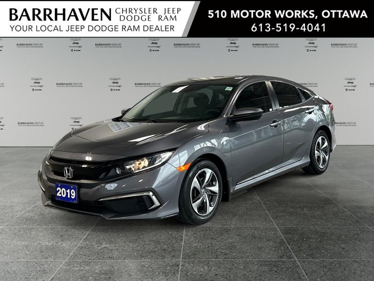 Experience the refined elegance of the 2019 Honda Civic LX CVT Sedan, presented in a sophisticated gray hue with front-wheel drive for seamless city and highway handling. This sedan combines practical functionality with contemporary styling, making it an appealing choice for those who value both form and function in their vehicle. The exterior exudes a modern flair, while the interior is designed for comfort and convenience, featuring heated front seats to keep you warm during Canadian winters. The interior environment is further heightened by advanced features like air conditioning for climate control and smart device integration to keep you connected on the go. Stay safe and in control with essential technology such as a backup camera and lane assist, paired with brake assist for enhanced security. Youll appreciate the adaptive cruise control during long drives and the convenience of keyless entry. Communicate effortlessly with Bluetooth connectivity and enjoy the added comfort of power windows. This Honda Civic Sedan is tailored for discerning drivers looking for a reliable and stylish vehicle. Contact Barrhaven Jeep Dodge Chrysler Ram today to learn more about this impressive vehicle and to schedule your test drive.