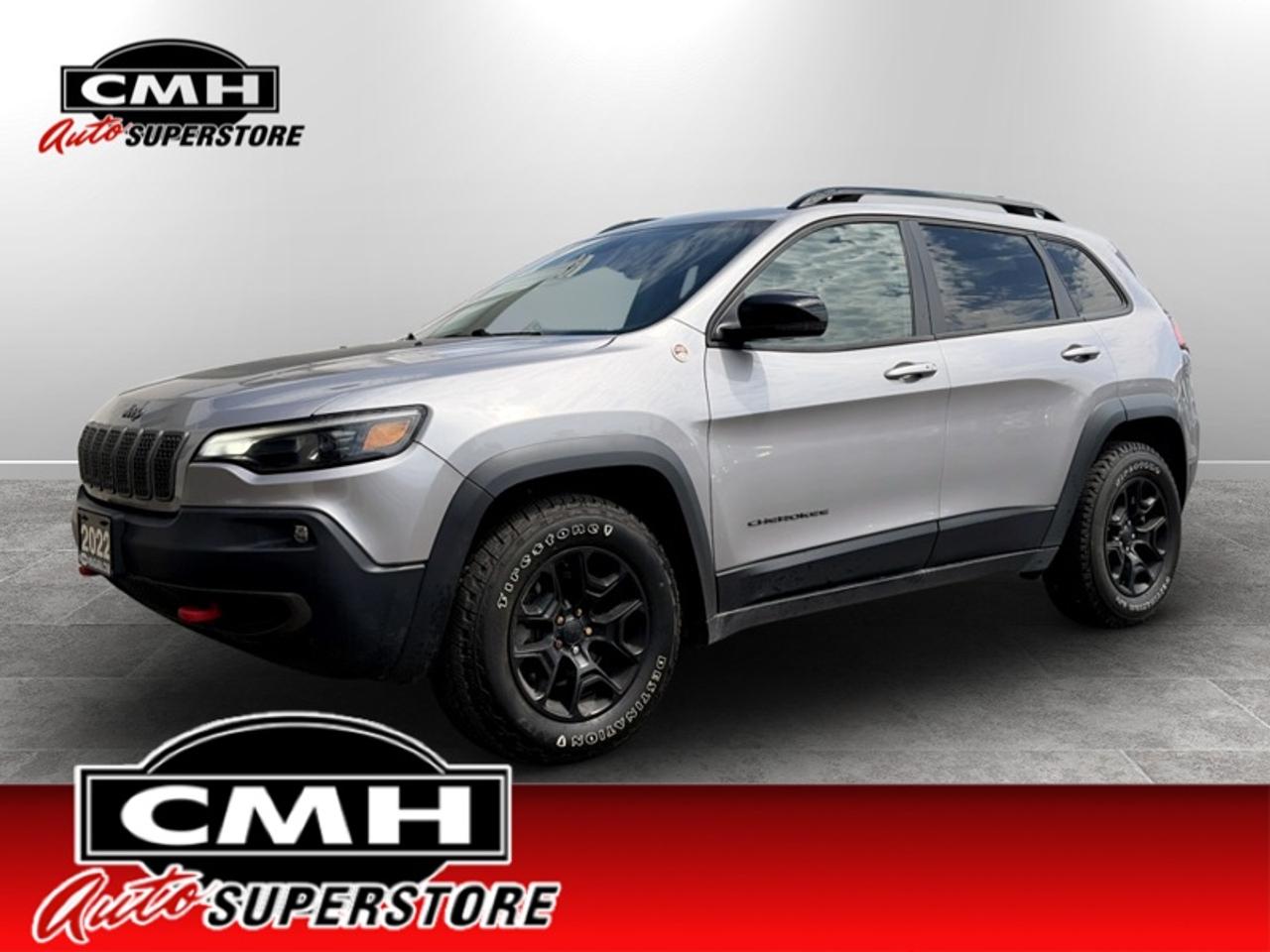 <b>Cooled Seats, Leather Seats, Navigation, Heated Steering Wheel, Memory Seats, Proximity Key, Heated Seats, Remote Start, Power Liftgate, Blind Spot Detection, Park Assist, Forward Collision Warning, Android Auto, Apple CarPlay</b><br> <br> <br>CMH certifies that all vehicles meet DOUBLE the Ministry standards for Brakes and Tires. The advertised price is the promotional financing price. For all other methods of payment, the selling price is $500 higher.<br><br> <br>This 2022 Jeep Cherokee is for sale today.<br> <br>With an exceptionally smooth ride and an award-winning interior, this Jeep Cherokee can take you anywhere in comfort and style. This Cherokee has a refined look without sacrificing its rugged presence. Experience the freedom of adventure and discover new territories with the unique and authentically crafted Jeep Cherokee.<br> <br>This SUV has 111,331 km. Its Billet Silver Metallic in colour. It has an Automatic transmission and is powered by a 271HP 3.2L V6 Cylinder Engine. <br> <br> Our Cherokees trim level is Trailhawk Elite. This Trailhawk elite brings heated and cooled Nappa leather seats, a hands free power liftgate, and Uconnect 4C Nav with navigation for added comfort along with the trail rated badge backed up by the added rock mode, red tow hooks, off road suspension, skid plates, and a locking rear axle. This rugged and ready Cherokee Sport offers heated front seats, remote keyless entry with remote start, and LED headlights for comfort and convenience. Stay connected on the commute or the trail with a 4G Wi-Fi hotspot, Apple CarPlay, Android Auto, and wireless streaming Audio.<br> To view the original window sticker for this vehicle view this <a href=http://www.chrysler.com/hostd/windowsticker/getWindowStickerPdf.do?vin=1C4PJMBX8ND503529 target=_blank>http://www.chrysler.com/hostd/windowsticker/getWindowStickerPdf.do?vin=1C4PJMBX8ND503529</a>. <br/><br> <br>To apply right now for financing use this link: <a href=https://www.cmhniagara.com/financing/ target=_blank>https://www.cmhniagara.com/financing/</a><br> <br/><br>**PLEASE NOTE:** The functionality and condition of any accessories and aftermarket parts are not guaranteed by CMH Auto Superstore. Examples of such items include, but are not limited to: tonneau covers, radios, cameras, remote starts, vent visors, roof racks, winches, light bars, headlights/tail lights, center caps, running boards, etc. If an aftermarket part is safety-related and found to be defective, it will be replaced by a factory option.<br><b>**CMH Auto Superstore reserves the right to choose to repair, modify, or replace all aftermarket parts (example  headlights) or accessories at its sole discretion.**</b><br><br>Trade-ins are welcome! Financing available OAC ! Price INCLUDES a valid safety certificate! Price INCLUDES a 60-day limited warranty on all vehicles except classic or vintage cars. CMH is a Full Disclosure dealer with no hidden fees. We are a family-owned and operated business for over 30 years! o~o