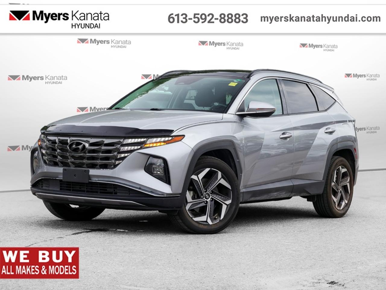 <b>Sunroof,  Cooled Seats,  Leather Seats,  Apple CarPlay,  Android Auto!</b><br> <br>  On sale now! This vehicle was originally listed at $26085.  Weve marked it down to $25388. You save $697.Highways, byways, urban sprawls, and remote expanses, this 2023 Hyundai Tucson Hybrid does it all with ease and grace. This 2023 Hyundai Tucson Hybrid is for sale today in Kanata.<br> <br>This 2023 Hyundai Tucson Hybrid was made with eye for detail. From subtle surprises to bold design features, every part of this SUV is a treat. Stepping into the interior feels like a step right into the future with breathtaking technology and luxury that will make your smartphone jealous. Add on an intelligently capable chassis and drivetrain and you have the SUV of the future, ready for you today.<br> <br>This SUV has 117,940 km. Its Shimmering Silv in colour and is completely accident free based on the <a href=https://vhr.carfax.ca/?id=nPtpFMhODDqCibuHPg+2JCOuZu6Nq57y target=_blank>CARFAX Report</a>. It has an Automatic transmission and is powered by a 226HP 1.6L 4 Cylinder Engine. <br> <br> Our Tucson Hybrids trim level is Luxury. For those with efficiency and luxury in mind, this Tucson Hybrid with the Luxury trim offers amazing features, including an automatic full-time all-wheel drive system, an express open/close glass sunroof with a power sunshade, heated and ventilated leather seats with 8-way power adjustment and 2-way lumbar support, a heated leather-wrapped steering wheel, proximity keyless entry with remote start, a power-operated smart rear liftgate with proximity cargo access, and a 10.25-inch infotainment screen bundled with Apple CarPlay and Android Auto, onboard navigation with voice-activation, and a premium 8-speaker Bose audio system. Road safety is taken care of, thanks to adaptive cruise control, blind spot detection, lane keeping assist, lane departure warning, forward collision avoidance with pedestrian & cyclist detection, rear collision mitigation, driver monitoring alert, rear parking sensors, LED headlights with automatic high beams, and a rear view camera system. This vehicle has been upgraded with the following features: Sunroof, Cooled Seats, Leather Seats, Apple CarPlay, Android Auto, Premium Audio, Navigation.<br> <br>To apply right now for financing use this link: <a href=https://www.myerskanatahyundai.com/finance/ target=_blank>https://www.myerskanatahyundai.com/finance/</a><br> <br/><br>Smart buyers buy at Myers where all cars come Myers Certified including a 1 year tire and road hazard warranty (some conditions apply, see dealer for full details.)<br> <br>This vehicle is located at Myers Kanata Hyundai 400-2500 Palladium Dr Kanata, Ontario.<br>*LIFETIME ENGINE TRANSMISSION WARRANTY NOT AVAILABLE ON VEHICLES WITH KMS EXCEEDING 140,000KM, VEHICLES 8 YEARS & OLDER, OR HIGHLINE BRAND VEHICLE(eg. BMW, INFINITI. CADILLAC, LEXUS...)<br> Come by and check out our fleet of 40+ used cars and trucks and 170+ new cars and trucks for sale in Kanata.  o~o