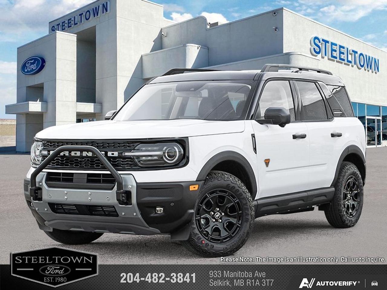 <b>360 Camera,  Heated Steering Wheel,  Remote Start,  Fog Lamps,  Heated Seats!</b><br> <br> We value your TIME, we wont waste it or your gas is on us!   We offer extended test drives and if you cant make it out to us we will come straight to you!<br> <br>The 2026 Ford Bronco Sport stands out with its confident presence, rugged design cues and ready-for-anything attitude.<br> <br>The 2026 Ford Bronco Sport combines rugged styling, modern tech and flexible utility to create a compact SUV that doesnt compromise on spirit. Inside, the cabin features quality materials, intuitive connectivity and thoughtful design to keep passengers comfortable and engaged. With its trail-ready attitude, confident presence and Fords heritage of capability, the Bronco Sport is built to carry your lifestyle forward.<br> <br>This Oxford White SUV has an Automatic transmission and is powered by a 250HP 2.0L 4 Cylinder Engine. <br> <br> Our Bronco Sports trim level is Badlands. The cabin features leather-trimmed heated sport contour seats with power adjustments and memory settings, complemented by a heated leather steering wheel and dual-zone automatic climate control for all-season comfort. The SYNC 4 infotainment system with a 13.2-inch touchscreen, wireless Apple CarPlay and Android Auto, Alexa integration, and adaptive cruise control with stop-and-go ensures effortless connectivity and convenience. Versatile interior design, thoughtful storage solutions, and remote start functionality enhance everyday usability, while durable vinyl flooring and rubberized mats make it easy to clean after any adventure. On the outside, bold 17-inch matte black aluminum wheels, all-terrain tires, LED headlights, and dual tow hooks highlight its capability and confidence. The Terrain Management System offers seven G.O.A.T. modes, including rock crawl and rally, supported by a rear locking differential and electro-mechanical limited-slip technology for precise traction on any surface. Ford Co-Pilot360 safety features provide comprehensive protection with BLIS, Pre-Collision Assist with Automatic Emergency Braking, Evasion Assist, an Aerial View Camera System, and Reverse Brake Assist, ensuring complete confidence whether navigating city streets or tackling rugged trails. This vehicle has been upgraded with the following features: 360 Camera, Heated Steering Wheel, Remote Start, Fog Lamps, Heated Seats, Adaptive Cruise Control, Lane Keep Assist.<br><br> View the original window sticker for this vehicle with this url <b><a href=http://www.windowsticker.forddirect.com/windowsticker.pdf?vin=3FMCR9DA1TRF07046 target=_blank>http://www.windowsticker.forddirect.com/windowsticker.pdf?vin=3FMCR9DA1TRF07046</a></b>.<br> <br>To apply right now for financing use this link: <a href=http://www.steeltownford.com/?https://CreditOnline.dealertrack.ca/Web/Default.aspx?Token=bf62ebad-31a4-49e3-93be-9b163c26b54c&La target=_blank>http://www.steeltownford.com/?https://CreditOnline.dealertrack.ca/Web/Default.aspx?Token=bf62ebad-31a4-49e3-93be-9b163c26b54c&La</a><br> <br/>Total rebate of $4500 is reflected in the price. 5.49% financing for 84 months. Incentives expire 2026-08-31. See dealer for details. <br><br>Family owned and operated in Selkirk for 35 Years.  <br>Steeltown Ford is located just 20 minutes North of the Perimeter Hwy, with an onsite banking center that offers free consultations. <br>Ask about our special dealer rates available through all major banks and credit unions.<br>Dealer retains all rebates, plus taxes, govt fees and Steeltown Protect Plus.<br>Steeltown Ford Protect Plus includes:<br>- Life Time Tire Warranty <br>Dealer Permit # 1039<br><br><br> Come by and check out our fleet of 100+ used cars and trucks and 240+ new cars and trucks for sale in Selkirk.  o~o