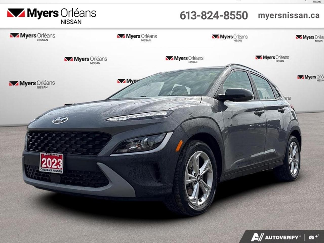 <b>Sunroof,  Leather Seats,  Lane Keep Assist,  Heated Seats,  Android Auto!</b><br> <br>  Compare at $24274 - Our Price is just $23567! <br> <br>With incredible safety features that help you stay on the road, this Kona lets you get further and see more than ever before. This 2023 Hyundai Kona is fresh on our lot in Orleans.<br> <br>With more versatility than its tiny stature lets on, this Kona is ready to prove that big things can come in small packages. With an incredibly long feature list, this Kona is incredibly safe and comfortable, compatible with just about anything, and ready for lifes next big adventure. For distilled perfection in the busy crossover SUV segment, this Kona is the obvious choice.<br> <br>This SUV has 53,439 km. Its Grey in colour and is completely accident free based on the <a href=https://vhr.carfax.ca/?id=39LnRBY1kc6ufR0tfDVgDGfyx+myg2B0 target=_blank>CARFAX Report</a>. It has an Automatic transmission and is powered by a 147HP 2.0L 4 Cylinder Engine. <br> <br> Our Konas trim level is 2.0L Preferred AWD w/Sun & Leather Package. This Sun and Leather Package adds a stylish sunroof and luxurious leather seats. This Preferred Kona upgrades you to wi-fi, a heated steering wheel, remote start, and blind spot assist for added driver assistance. This Kona is also equipped with an advanced safety suite that includes lane keep assist, collision avoidance assist, and driver monitoring. Additional features for comfort and convenience include heated seats, power windows, remote keyless entry, cruise control, and a rearview camera. The cozy cabin stays connected with a touchscreen infotainment system including Android Auto, Apple CarPlay, wireless connectivity, hands free Bluetooth, and streaming audio. This vehicle has been upgraded with the following features: Sunroof, Leather Seats, Lane Keep Assist, Heated Seats, Android Auto, Apple CarPlay, Wi-Fi.<br> <br/><br>We are proud to regularly serve our clients and ready to help you find the right car that fits your needs, your wants, and your budget.And, of course, were always happy to answer any of your questions.Proudly supporting Ottawa, Orleans, Vanier, Barrhaven, Kanata, Nepean, Stittsville, Carp, Dunrobin, Kemptville, Westboro, Cumberland, Rockland, Embrun , Casselman , Limoges, Crysler and beyond! Call us at (613) 824-8550 or use the Get More Info button for more information. Please see dealer for details. The vehicle may not be exactly as shown. The selling price includes all fees, licensing & taxes are extra. OMVIC licensed.Find out why Myers Orleans Nissan is Ottawas number one rated Nissan dealership for customer satisfaction! We take pride in offering our clients exceptional bilingual customer service throughout our sales, service and parts departments. Located just off highway 174 at the Jean DÀrc exit, in the Orleans Auto Mall, we have a huge selection of Used vehicles and our professional team will help you find the Nissan that fits both your lifestyle and budget. And if we dont have it here, we will find it or you! Visit or call us today.<br>*LIFETIME ENGINE TRANSMISSION WARRANTY NOT AVAILABLE ON VEHICLES WITH KMS EXCEEDING 140,000KM, VEHICLES 8 YEARS & OLDER, OR HIGHLINE BRAND VEHICLE(eg. BMW, INFINITI. CADILLAC, LEXUS...)<br> Come by and check out our fleet of 30+ used cars and trucks and 120+ new cars and trucks for sale in Orleans.  o~o