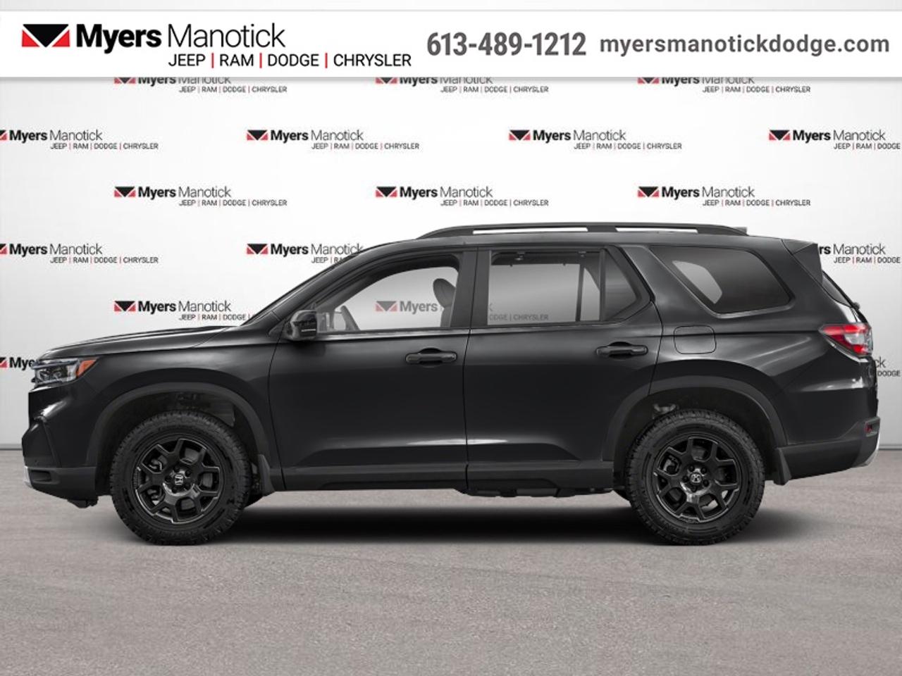 <b>Sunroof,  Remote Start,  Aluminum Wheels,  Heated Seats,  Apple CarPlay!</b><br> <br>  Compare at $58604 - Our Price is just $56897! <br> <br>Speedy and fuel efficient with tons of cargo and interior space, this 2025 Honda Pilot might just be the ultimate long distance family hauler. This 2025 Honda Pilot is fresh on our lot in Manotick.<br> <br>With a highly flexible interior, extremely comfortable ride, and loads of active safety features, this  2025 Honda Pilot should easily be your top choice. The interior of this Honda Pilot surrounds you and your passengers in sophistication thanks to its ergonomic design and soft-touch materials. If your family needs a new driving partner thats steeped in refinement, look no further than this stunning 2025 Honda Pilot.<br> <br>This SUV has 30,222 km. Its Crystal Black Pearl in colour and is completely accident free based on the <a href=https://vhr.carfax.ca/?id=1YItBQrCwp6PuHQMHSQjqctTTcd73bDb target=_blank>CARFAX Report</a>. It has an Automatic transmission and is powered by a 285HP 3.5L V6 Cylinder Engine. <br> <br> Our Pilots trim level is TrailSport. Made for the adventure seekers, this Pilot TrailSport comes prepped with all-terrain wheels with a full-size, underbody-stored spare, two skid plates for underbody protection, a tow hitch, front and rear tow hooks, and exclusive exterior styling. Other standard features include and express open/close glass sunroof, heated front seats with power adjustment, lumbar support and memory function, heated second row captains chairs, TrailSport leatherette seating surfaces, remote engine start, a heated steering wheel, and adaptive cruise control. Safety on the road is assured, thanks to HondaLink Assist Emergency SOS, blind spot detection, collision mitigation braking system with forward collision warning and rear cross traffic alert, lane keeping assist with lane departure warning, and front and rear parking sensors. Additional features include a power liftgate, Apple CarPlay, Android Auto, dual-zone climate control with rear vents and separate controls, and even more. This vehicle has been upgraded with the following features: Sunroof, Remote Start, Aluminum Wheels, Heated Seats, Apple CarPlay, Android Auto, Power Liftgate.<br> <br>To apply right now for financing use this link: <a href=https://CreditOnline.dealertrack.ca/Web/Default.aspx?Token=3206df1a-492e-4453-9f18-918b5245c510&Lang=en target=_blank>https://CreditOnline.dealertrack.ca/Web/Default.aspx?Token=3206df1a-492e-4453-9f18-918b5245c510&Lang=en</a><br> <br/><br>If youre looking for a Dodge, Ram, Jeep, and Chrysler dealership in Ottawa that always goes above and beyond for you, visit Myers Manotick Dodge today! Were more than just great cars. We provide the kind of world-class Dodge service experience near Kanata that will make you a Myers customer for life. And with fabulous perks like extended service hours, our 30-day tire price guarantee, the Myers No Charge Engine/Transmission for Life program, and complimentary shuttle service, its no wonder were a top choice for drivers everywhere. Get more with Myers! <br>*LIFETIME ENGINE TRANSMISSION WARRANTY NOT AVAILABLE ON VEHICLES WITH KMS EXCEEDING 140,000KM, VEHICLES 8 YEARS & OLDER, OR HIGHLINE BRAND VEHICLE(eg. BMW, INFINITI. CADILLAC, LEXUS...)<br> Come by and check out our fleet of 20+ used cars and trucks and 50+ new cars and trucks for sale in Manotick.  o~o