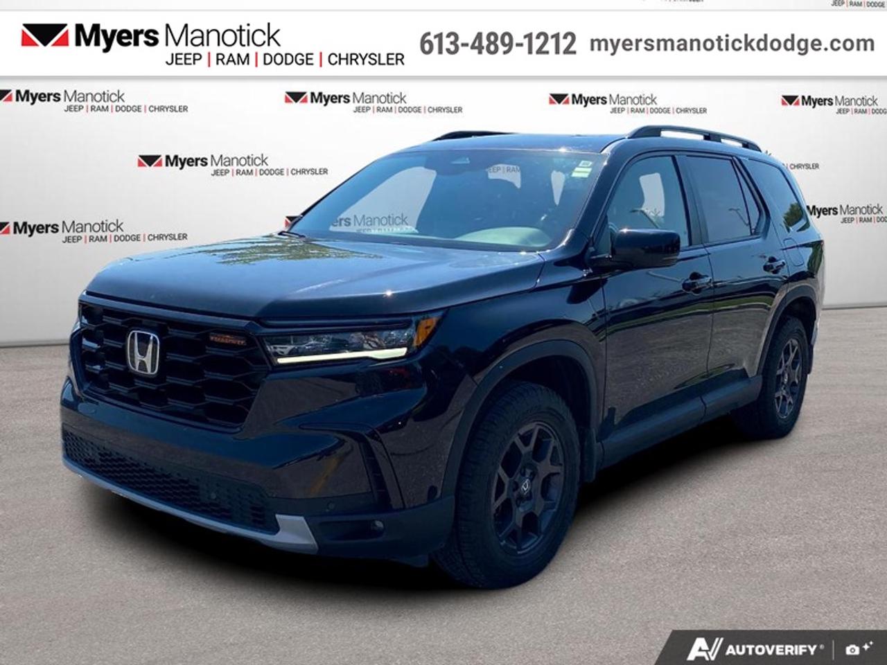 <b>Sunroof,  Remote Start,  Aluminum Wheels,  Heated Seats,  Apple CarPlay!</b><br> <br>  Compare at $58604 - Our Price is just $56897! <br> <br>Speedy and fuel efficient with tons of cargo and interior space, this 2025 Honda Pilot might just be the ultimate long distance family hauler. This 2025 Honda Pilot is fresh on our lot in Manotick.<br> <br>With a highly flexible interior, extremely comfortable ride, and loads of active safety features, this  2025 Honda Pilot should easily be your top choice. The interior of this Honda Pilot surrounds you and your passengers in sophistication thanks to its ergonomic design and soft-touch materials. If your family needs a new driving partner thats steeped in refinement, look no further than this stunning 2025 Honda Pilot.<br> <br>This SUV has 30,222 km. Its Crystal Black Pearl in colour and is completely accident free based on the <a href=https://vhr.carfax.ca/?id=1YItBQrCwp6PuHQMHSQjqctTTcd73bDb target=_blank>CARFAX Report</a>. It has an Automatic transmission and is powered by a 285HP 3.5L V6 Cylinder Engine. <br> <br> Our Pilots trim level is TrailSport. Made for the adventure seekers, this Pilot TrailSport comes prepped with all-terrain wheels with a full-size, underbody-stored spare, two skid plates for underbody protection, a tow hitch, front and rear tow hooks, and exclusive exterior styling. Other standard features include and express open/close glass sunroof, heated front seats with power adjustment, lumbar support and memory function, heated second row captains chairs, TrailSport leatherette seating surfaces, remote engine start, a heated steering wheel, and adaptive cruise control. Safety on the road is assured, thanks to HondaLink Assist Emergency SOS, blind spot detection, collision mitigation braking system with forward collision warning and rear cross traffic alert, lane keeping assist with lane departure warning, and front and rear parking sensors. Additional features include a power liftgate, Apple CarPlay, Android Auto, dual-zone climate control with rear vents and separate controls, and even more. This vehicle has been upgraded with the following features: Sunroof, Remote Start, Aluminum Wheels, Heated Seats, Apple CarPlay, Android Auto, Power Liftgate.<br> <br>To apply right now for financing use this link: <a href=https://CreditOnline.dealertrack.ca/Web/Default.aspx?Token=3206df1a-492e-4453-9f18-918b5245c510&Lang=en target=_blank>https://CreditOnline.dealertrack.ca/Web/Default.aspx?Token=3206df1a-492e-4453-9f18-918b5245c510&Lang=en</a><br> <br/><br>If youre looking for a Dodge, Ram, Jeep, and Chrysler dealership in Ottawa that always goes above and beyond for you, visit Myers Manotick Dodge today! Were more than just great cars. We provide the kind of world-class Dodge service experience near Kanata that will make you a Myers customer for life. And with fabulous perks like extended service hours, our 30-day tire price guarantee, the Myers No Charge Engine/Transmission for Life program, and complimentary shuttle service, its no wonder were a top choice for drivers everywhere. Get more with Myers! <br>*LIFETIME ENGINE TRANSMISSION WARRANTY NOT AVAILABLE ON VEHICLES WITH KMS EXCEEDING 140,000KM, VEHICLES 8 YEARS & OLDER, OR HIGHLINE BRAND VEHICLE(eg. BMW, INFINITI. CADILLAC, LEXUS...)<br> Come by and check out our fleet of 20+ used cars and trucks and 50+ new cars and trucks for sale in Manotick.  o~o