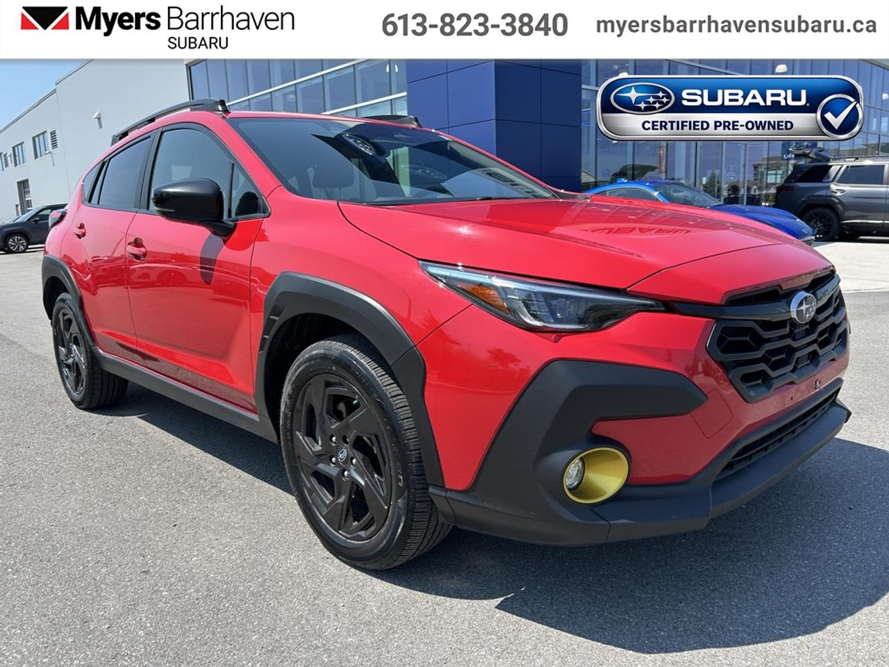 <b>Certified, Heated Steering Wheel,  Blind Spot Detection,  Proximity Key,  Heated Seats,  Apple CarPlay!</b><br> <br> With ample ground clearance, copious amounts of cargo space and all-terrain capability, this 2024 Subaru Crosstrek is a great companion for the most adventurous drives. This 2024 Subaru Crosstrek is fresh on our lot in Nepean.<br> <br>This 2024 Subaru Crosstrek is an outlier in the crossover market, with the sole intention of being the most versatile offering in this segment. The exterior design features sharp body lines to create a bold visual statement, with interior space increased for more comfort and convenience features. The cabin is put together with premium quality materials to create an insulated space that delivers a calm and relaxing ride for driver and passengers. Engineered on an ultra-strong platform with a whole suite of active safety technology, the 2024 Subaru Crosstrek offers superior levels of protection and confidence overall.<br> <br>This SUV has 49,428 km and is a Certified Pre-Owned vehicle. Its Pure Red in colour and is completely accident free based on the <a href=https://vhr.carfax.ca/?id=TCLLJHzlPJOJRILQ+bBQp6xCjPDa+7m2 target=_blank>CARFAX Report</a>. It has an Automatic transmission and is powered by a 182HP 2.5L 4 Cylinder Engine. And its got a certified used vehicle warranty for added peace of mind. <br> <br> Our Crosstreks trim level is Onyx. This Crosstrek Onyx features power-adjustable heated front seats, a heated steering wheel, Subaru STARLINK connected services, rear/side vehicle detection, proximity keyless entry and front fog lights, along with great standard features such as switchable drive modes and full-time all-wheel-drive, LED lights with automatic high beams, power-heated side mirrors, roof rack rails, and aluminum alloy wheels. Interior features include dual-zone climate control, simulated carbon trim, power rear windows, front and rear cupholders, and an upgraded 11.6-inch infotainment screen with Android Auto, Apple CarPlay, and SiriusXM streaming radio. Safety features include EyeSight with pre-collision braking, lane keeping assist and lane departure warning, forward collision mitigation, and a rearview camera. This vehicle has been upgraded with the following features: Heated Steering Wheel, Blind Spot Detection, Proximity Key, Heated Seats, Apple CarPlay, Android Auto, Adaptive Cruise Control.<br> <br>To apply right now for financing use this link: <a href=https://www.myersbarrhavensubaru.ca/quick-approval/ target=_blank>https://www.myersbarrhavensubaru.ca/quick-approval/</a><br> <br/><br><br> The Myers name has been synonymous with first-rate automotive service and products for over 80 years in Ottawa; we are happy to welcome you here to <b> Myers Barrhaven Subaru </b> the unbeatable Subaru dealer in Ottawa and the National Capital Region. Serving drivers as the premier Subaru dealership near Kanata, Orléans, Gatineau, QC and Vanier region, we offer a wide range of new and used offerings from Subaru. If youre in the market for a full range of Subaru cars and Subaru SUVs for sale in Ottawa. </br><br> Come by and check out our fleet of 30+ used cars and trucks and 20+ new cars and trucks for sale in Nepean.  o~o