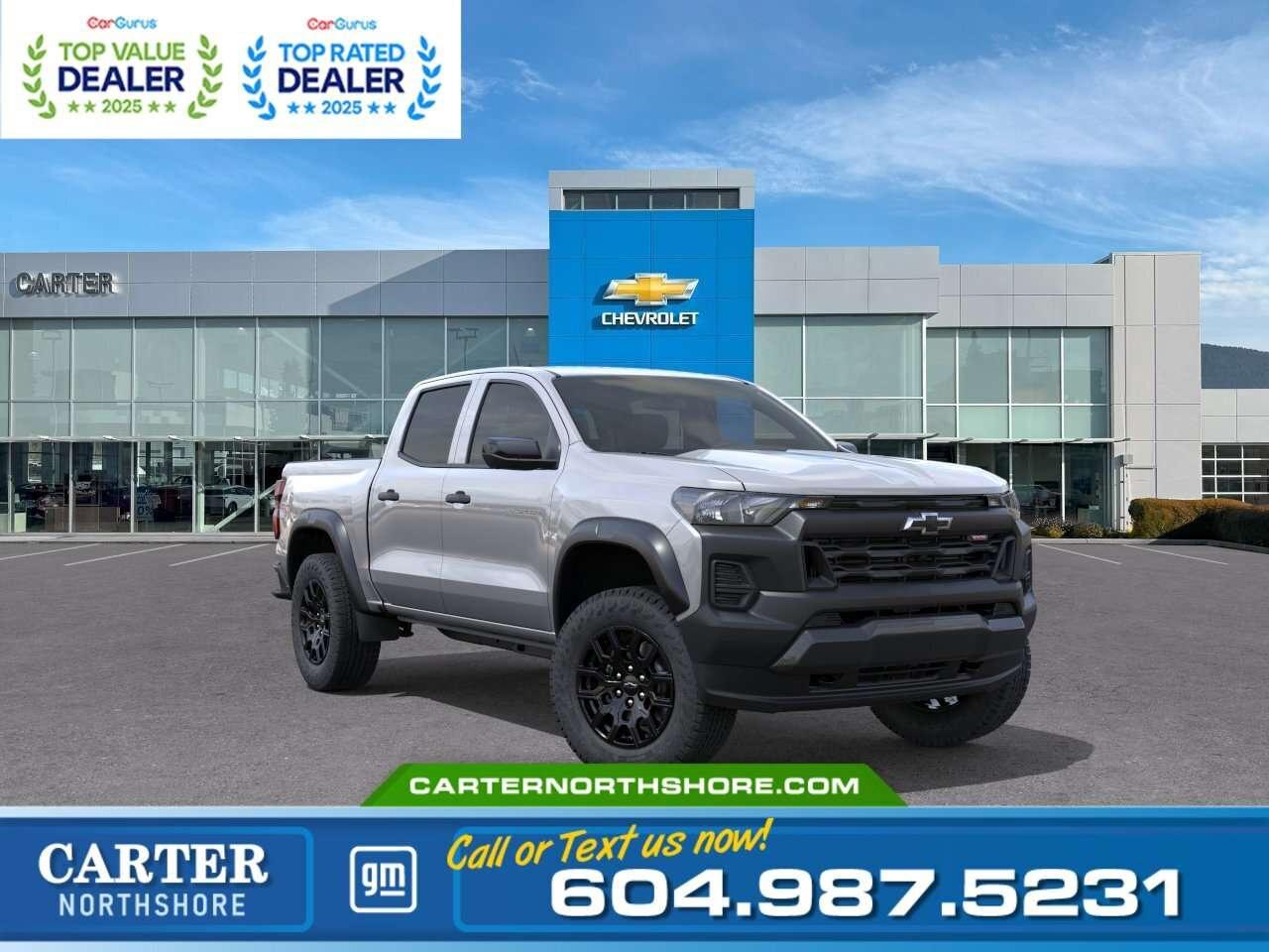 <b>Save up to $1,200 instantly with your Costco membership at Carter GM Northshore</b>! Costco Executive Members can receive a <b>$1,200 Bonus</b>, while Non-Executive Members qualify for a <b>$1,000</b> Bonus on select models. Combine your Costco member bonus with eligible manufacturer incentives for even greater value. Visit us today or contact our team to confirm eligibility and <b>secure your Costco member savings</b> while this limited time offer lasts! Built for work, adventure, and everything in between, the 2026 Chevrolet Colorado Trail Boss Crew Cab 4WD is ready to impress. Powered by the 2.7L TurboMax engine and equipped with a factory-installed 2-inch lift, 4WD, Advanced Trailering Package, HD Surround Vision, Adaptive Cruise Control, Wireless Phone Charging, heated front seats, and Google Built-In, it delivers capability with modern comfort. Finished in Sterling Grey Metallic, this rugged midsize truck is ready for any road. Come take it for a test drive today and experience all this stylish vehicle has to offer! <b>WHY CARTER GM NORTHSHORE?</b> - An unrivalled vehicle purchasing experience! - Exceeding our loyal customers expectations since 1990 - 4.7 Google star rating (with 1,700+ customer reviews) - CarGurus Top-Rated Dealer 2025 Award - CarGurus Top Value Dealer 2025 Award - Vehicle trades welcome! Best price guaranteed! - We provide upfront pricing, zero hidden fees, and 100% transparency - Fast approvals and 99% acceptance rates (no matter your current credit status!) - Multilingual staff (many languages spoken) - Comfortable non-pressured environment with in-store television, WIFI and a childrens play area! <p><img src=https://gmtadvantage-com.cdn-convertus.com/uploads/sites/16/2025/09/Carter-GM-Burnaby-Car-Gurus-Awards-2025.png alt="" width="300" height="77" /></p> Were here to help you drive the vehicle you want, the vehicle you deserve! <b>QUESTIONS? GREAT! WEVE GOT ANSWERS!</b> To speak with a friendly vehicle specialist - <b>CALL NOW!</b> <small>The advertised price includes all standard dealer fees and any applicable manufacturer or dealer incentives. It does not include applicable taxes, licensing, insurance, or optional products or services. Dealer fees will be clearly broken out and itemized on the bill of sale, maximum total of fees $699.00. Prices are shown in Canadian dollars. While we make every effort to ensure accuracy, vehicle details, pricing, options, and availability are subject to change without notice. Please confirm all information with dealership sales management before purchase. Dealer Code: 81121</small>