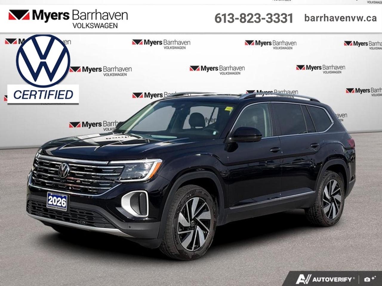 <b>Certified, Low Mileage, Sunroof,  Navigation,  360 Camera,  Leather Seats,  Premium Audio!</b><br> <br> The 2026 Volkswagen Atlas delivers three-row roominess, bold design and confident capability built for families. This 2026 Volkswagen Atlas is fresh on our lot in Nepean.<br> <br>From the outside, the Atlas features a rugged stance, refined bodywork and modern lighting that give it bold SUV appeal. Inside, the cabin offers generous space across all three rows, intuitive connectivity and seating designed for both passengers and cargo. With its spacious utility, smart features and Volkswagens commitment to quality, the Atlas delivers a well-rounded choice for drivers seeking practicality without compromise.<br> <br>This low mileage SUV has just 7,919 km and is a Certified Pre-Owned vehicle. Its Deep Black Pearl in colour and is completely accident free based on the <a href=https://vhr.carfax.ca/?id=zPssE1PpSgA8FhL8WWkvaP6kNrfVnbWm target=_blank>CARFAX Report</a>. It has an Automatic transmission and is powered by a 269HP 2.0L 4 Cylinder Engine. And its got a certified used vehicle warranty for added peace of mind. <br> <br> Our Atlass trim level is Highline. This trim rewards you with a panoramic sunroof, an aerial view camera system, and a 10-speaker harman/kardon audio system. Other standard features include ventilated and heated front seats, heated rear seats, leather upholstery, a heated steering wheel, adaptive cruise control, Car-Net 4G LTE, remote engine start, a power liftgate for rear cargo access, and a 12-inch infotainment screen with inbuilt navigation, Apple CarPlay and Android Auto. Safety features also include lane keep assist with lane departure warning, collision mitigation, blind spot alert, front and rear parking sensors, and forward collision mitigation. This vehicle has been upgraded with the following features: Sunroof, Navigation, 360 Camera, Leather Seats, Premium Audio, Cooled Seats, Heated Steering Wheel.<br> <br>To apply right now for financing use this link: <a href=https://www.barrhavenvw.ca/financing-request/ target=_blank>https://www.barrhavenvw.ca/financing-request/</a><br> <br/>Volkswagen Certified Pre-Owned<br> <br/><br>We are your premier Volkswagen dealership in the region. If youre looking for a new Volkswagen or a car, check out Barrhaven Volkswagens new, pre-owned, and certified pre-owned Volkswagen inventories. We have the complete lineup of new Volkswagen vehicles in stock like the GTI, Golf R, Jetta, Tiguan, Atlas Cross Sport, Volkswagen ID.4 electric vehicle, and Atlas. If you cant find the Volkswagen model youre looking for in the colour that you want, feel free to contact us and well be happy to find it for you. If youre in the market for pre-owned cars, make sure you check out our inventory. If you see a car that you like, contact 844-914-4805 to schedule a test drive.<br> Come by and check out our fleet of 50+ used cars and trucks and 110+ new cars and trucks for sale in Nepean.  o~o