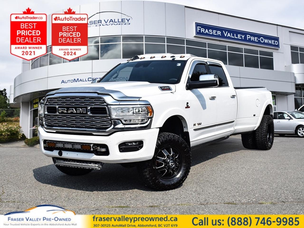 2020 Ram 3500 Limited - HO Cummins - AISIN - Fuel Wheels - Amazingly Well Maintained
 
6.7L High Output Cummins | Aisin Heavy Duty 6-Speed Auto | Crew Cab 4x4 Long Box | Max Tow Package | $107,000 MSRP Build!
 
Fraser Valley Pre-Owned is proud to present this 2020 Ram 3500 Limited Crew Cab long box in Bright White, showing 168,930 km and traded in by a meticulous elderly gentleman whose care shows everywhere you look. This is the drivetrain combination heavy duty buyers search for by name: the High Output 6.7L Cummins turbo diesel paired with the legendary Aisin AS69RC heavy-duty 6-speed automatic - a $107,000 MSRP build carrying the Max Tow Package, 5th wheel and gooseneck towing prep, sun/moonroof, 189 litre fuel tank, and 220-amp alternator. The previous owner made it his own with Fuel wheels wrapped in Radar Renegade R/T rubber, a hard folding tonneau cover, auxiliary light bars, and cab marker lights - the right upgrades, professionally done. This beast of a truck shows one of the most thorough recent maintenance files we have seen on a diesel this age: transmission serviced with fresh fluid, front and rear differentials flushed, coolant flushed, transfer case checked, fuel filters, air and cabin filters, EGR service, and steering and suspension lubrication - all documented within the last year and a half. Cooled and heated leather, heated rear seats, power running boards, navigation - the Limited cabin wants for nothing. A beast that has been genuinely babied.
 
Highlights
 
6.7L High Output Cummins Turbo Diesel
Aisin AS69RC Heavy Duty 6-Speed Automatic
Crew Cab 4x4 with Long Bed
Max Tow Package
5th Wheel and Gooseneck Towing Prep Group
Class V Tow Hitch with Trailer Brake Controller
Locking/Limited Slip Differential
Aftermarket Fuel Wheels
Radar Renegade R/T Tires
Hard Folding Tonneau Cover
Auxiliary LED Light Bars
Cab Marker Lights
Sun/Moonroof
Cooled and Heated Leather Front Seats
Heated Rear Seats
Heated Leather Steering Wheel
Woodgrain Interior Trim
Seat and Mirror Memory
Power Retractable Running Boards
Uconnect with Navigation
Premium Sound System
HD Radio and SiriusXM Satellite Radio
WiFi Hotspot
Blind Spot Monitor with Cross-Traffic Alert
Lane Departure Warning and Lane Keeping Assist
Front Collision Mitigation
Adaptive Cruise Control
Back-Up Camera with Rear Parking Aid
Remote Engine Start and Keyless Entry
Power Heated Trailer-Tow Mirrors with Memory
Adjustable Pedals
Dual-Zone Climate Control
LED Headlights with Automatic Highbeams
189 Litre Fuel Tank
220-Amp Alternator
IP-Mounted Auxiliary Switches
Conventional Spare Tire
 
Restoration Notes
 
This 3500 Limited arrived as a one-owner local trade with a verified Carfax Canada report and an exceptional recent service file: transmission fluid service, front and rear differential flushes, coolant flush, transfer case inspection, fuel filter replacements, EGR service, and full steering and suspension lubrication - all completed and documented recently. Minor cosmetic history on the report was repaired long ago and the truck has run flawlessly since. Serviced and inspected to Fraser Valley Automall standards before hitting the lot.
 
Trades welcome - we will take your current vehicle in trade and make the switch easy.
Flexible financing available on approved credit - our finance team works with all major lenders to build a payment that fits your budget.
 
Dealership: The best trucks come from the best owners, and we know one when we see one. Fraser Valley Pre-Owned is the only dedicated pre-owned store inside the Fraser Valley Automall, recognized with multiple AutoTrader Lowest Priced Dealer awards and the 2025 and 2026 Canadian Consumer Choice Award for Pre-Owned Auto Dealership of the Year in Abbotsford. Come meet this one in person - the photos do not do the care justice.
 
Fraser Valley Pre-Owned
307-30125 Auto Mall Drive
Abbotsford, BC V2T 6Y9
www.fraservalleypreowned.ca
 
All finance/lender options available - cash purchases welcome
 
 
To apply right now for financing use this link: https://www.fraservalleypreowned.ca/abbotsford-car-loan-application-british-columbia
 

| Our Quality Guarantee: We maintain the highest standard of quality that is required for a Pre-Owned Dealership to operate in an Auto Mall. We provide an independent 360-degree inspection report through licensed 3rd Party mechanic shops. Thus, our customers can rest assured each vehicle will be a reliable, and responsible purchase.  |  Purchase Disclaimer: Your selected vehicle may have a differing finance and cash prices. When viewing our vehicles on third party  marketplaces, please click over to our website to verify the correct price for the vehicle. The Sale Price on third party websites will always reflect the Finance Price of our vehicles. If you are making a Cash Purchase, please refer to our website for the Cash Price of the vehicle.  | All prices are subject to and do not include, a $995 Finance Fee, a $995 Document Fee, and a $499 GPS Lot Pack. VSA Security Fee of $10 is applicable as we are a Certified VSA Dealer (#40190).  These fees as well as taxes, are included in all listed listed payment quotes. Please speak with Dealer for full details and exact numbers.  o~o