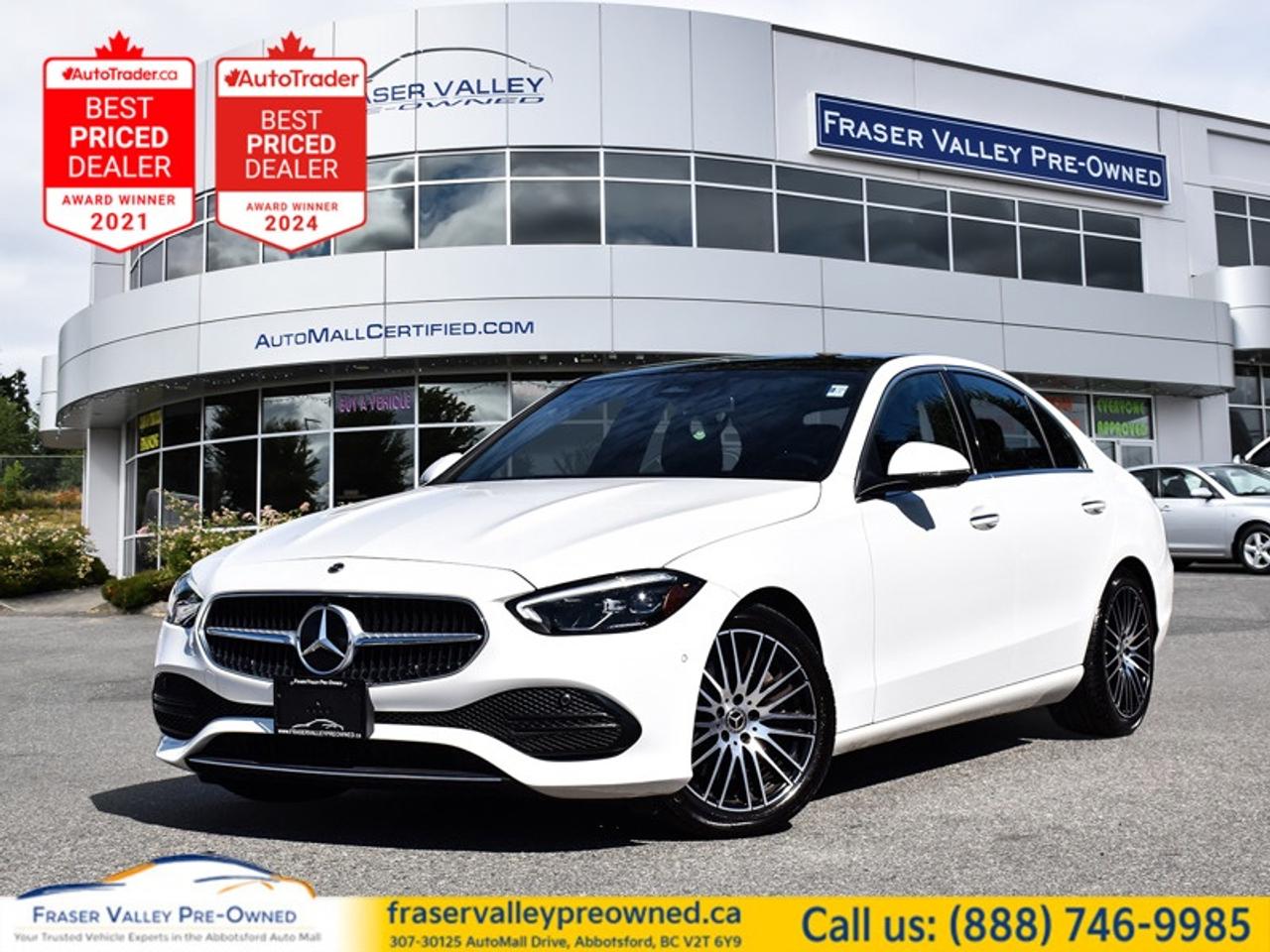 2022 Mercedes-Benz C 300 4MATIC - Low Km - Panoramic Roof - Loaded
 
2.0L Turbo with Mild Hybrid | 9-Speed Automatic | 4MATIC AWD | Digital Cockpit | 360 Camera | Nav | Full Mercedes Dealer History
 
Fraser Valley Pre-Owned is proud to present this 2022 Mercedes-Benz C 300 4MATIC in Polar White, a low-kilometre example showing just 21,024 km with a complete Mercedes-Benz dealer service history from day one. This is the current-generation C-Class - the one that borrows its design language and technology straight from the flagship S-Class - and it remains exceptional in every sense of the word. The turbocharged 2.0L with mild hybrid EQ Boost delivers 255 smooth horsepower through a 9-speed automatic and sure-footed 4MATIC all-wheel drive, perfect for BCs four seasons. Inside, the fully digital instrument cluster and portrait-style central touchscreen create a cockpit that feels years ahead of rivals, while the panoramic sunroof, heated power memory seats, ambient lighting, and 360-degree camera system deliver genuine luxury at every touchpoint. The verified Carfax Canada report shows every single service performed at Mercedes-Benz Vancouver - right through fresh spark plugs, air filter, and oil service in December - the kind of fastidious, single-dealer care that luxury buyers dream of finding. Elegant, classy, and barely broken in: immerse yourself behind the wheel and find nothing but the best.
 
Highlights
 
2.0L Turbocharged 4 Cylinder with EQ Boost Mild Hybrid - 255 Horsepower
9-Speed Automatic Transmission
4MATIC All-Wheel Drive
Panoramic Sunroof
Fully Digital Instrument Cluster
Portrait Touchscreen with Navigation
Apple CarPlay and Android Auto
360-Degree Camera System with Parking Assistance
Heated Power Front Seats with Memory
Ambient Interior Lighting
Dual-Zone Automatic Climate Control
Mercedes Me Assist with Remote Start
Remote Window and Sunroof Operation
Steering Wheel Audio and Cruise Controls with Paddle Shifters
SiriusXM Satellite Radio
Active Brake Assist
Blind Spot Assist
Attention Assist
Crosswind Assist
PRE-SAFE Pre-Collision Safety System with Protective Sound
Rear View Camera
LED Headlights
AMG-Style Multi-Spoke Wheels
Push Button Start
One Touch Calling
 
Restoration Notes
 
This C 300 arrived with a verified Carfax Canada report showing an uninterrupted Mercedes-Benz dealer service history - every visit at Mercedes-Benz Vancouver, including a recent full service with fresh spark plugs, new air filter, and oil change. Serviced and inspected to Fraser Valley Automall standards before hitting the lot.
 
Trades welcome - we will take your current vehicle in trade and make the switch easy.
Flexible financing available on approved credit - our finance team works with all major lenders to build a payment that fits your budget.
 
Dealership: Luxury buyers do their research, and the research keeps pointing here. Fraser Valley Pre-Owned is the only dedicated pre-owned store inside the Fraser Valley Automall, holder of multiple AutoTrader Lowest Priced Dealer awards and the 2025 and 2026 Canadian Consumer Choice Award for Pre-Owned Auto Dealership of the Year in Abbotsford. Premium vehicles without the premium dealership markup - that is how we do luxury.
 
Fraser Valley Pre-Owned
307-30125 Auto Mall Drive
Abbotsford, BC V2T 6Y9
www.fraservalleypreowned.ca
 
All finance/lender options available - cash purchases welcome
 
 
To apply right now for financing use this link: https://www.fraservalleypreowned.ca/abbotsford-car-loan-application-british-columbia
 

| Our Quality Guarantee: We maintain the highest standard of quality that is required for a Pre-Owned Dealership to operate in an Auto Mall. We provide an independent 360-degree inspection report through licensed 3rd Party mechanic shops. Thus, our customers can rest assured each vehicle will be a reliable, and responsible purchase.  |  Purchase Disclaimer: Your selected vehicle may have a differing finance and cash prices. When viewing our vehicles on third party  marketplaces, please click over to our website to verify the correct price for the vehicle. The Sale Price on third party websites will always reflect the Finance Price of our vehicles. If you are making a Cash Purchase, please refer to our website for the Cash Price of the vehicle.  | All prices are subject to and do not include, a $995 Finance Fee, a $995 Document Fee, and a $499 GPS Lot Pack. VSA Security Fee of $10 is applicable as we are a Certified VSA Dealer (#40190).  These fees as well as taxes, are included in all listed listed payment quotes. Please speak with Dealer for full details and exact numbers.  o~o