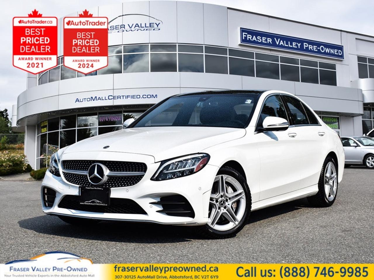 2019 Mercedes-Benz C 300 4MATIC - AMG Line - Panoramic Roof
 
2.0L Turbo | 9-Speed Automatic | 4MATIC AWD | AMG Appearance Package | 360 Camera | 22 Service Records | BC Car
 
Fraser Valley Pre-Owned is proud to present this 2019 Mercedes-Benz C 300 4MATIC in Polar White, showing 99,565 km and wearing the AMG Appearance Package that transforms the C-Class - aggressive AMG bumpers, five-spoke AMG wheels, and a stance that reads far sportier than the standard car. This facelifted 2019 brought sharper styling, updated LED lighting, and refreshed technology to an already classy design, and this example is equipped the way you want it: panoramic sunroof, 360-degree camera system, heated power front seats with memory, Mercedes Me Assist with remote start, and an 8 inch display with Apple CarPlay and Android Auto. The turbocharged 2.0L delivers 255 smooth horsepower through a 9-speed automatic and sure-footed 4MATIC all-wheel drive - the right combination for BCs four seasons. A verified Carfax Canada report shows a BC car with no U.S. history and a remarkable 22 documented services, overwhelmingly at Mercedes-Benz dealerships, including recent brakes at all four corners, spark plugs, ignition coils, a coolant flush, and fresh cooling system work - the maintenance list most six-year-old luxury cars only dream of. Aggressively sporty, elegantly refined, and priced where the C-Class becomes an outright bargain - this is entry into the three-pointed star done right.
 
Highlights
 
2.0L Turbocharged 4 Cylinder - 255 Horsepower
9-Speed Automatic with Paddle Shifters
4MATIC All-Wheel Drive
AMG Appearance Package
AMG Wheels
Panoramic Sunroof with Remote Open/Close
360-Degree Camera System
Heated Power Front Seats with Memory
Colour Digital Instrument Display
Dual-Zone Automatic Climate Control
Mercedes Me Assist with Remote Start
Ambient Interior Lighting
8 Inch Display with Touchpad Controller
Apple CarPlay and Android Auto
HD Radio and Bluetooth with One Touch Calling
Active Brake Assist
Blind Spot Assist
Attention Assist
Crosswind Assist
PRE-SAFE Pre-Collision System with Protective Sound
Rear View Camera
LED Headlights
Rain Sensing Wipers
SmartKey with Keyless Entry and Push-Button Start
Brake Hold Feature
Eco Start/Stop
Leather-Wrapped Steering Wheel with Audio Controls
Burmester-Style Door Speakers with Metal Grilles
 
Restoration Notes
 
This C 300 arrived as a BC car with a verified Carfax Canada report showing 22 documented services - overwhelmingly at Mercedes-Benz dealerships - including recent front and rear brakes, spark plugs, ignition coils, a coolant flush, and fresh cooling system components. Serviced and inspected to Fraser Valley Automall standards before hitting the lot.
 
Trades welcome - we will take your current vehicle in trade and make the switch easy.
Flexible financing available on approved credit - our finance team works with all major lenders to build a payment that fits your budget.
 
Dealership: Entry into the luxury market should feel like a win, not a gamble. Fraser Valley Pre-Owned is the only dedicated pre-owned store inside the Fraser Valley Automall, validated by multiple AutoTrader Lowest Priced Dealer awards and the 2025 and 2026 Canadian Consumer Choice Award for Pre-Owned Auto Dealership of the Year in Abbotsford. Premium badges, honest prices - come see how good the combination feels.
 
Fraser Valley Pre-Owned
307-30125 Auto Mall Drive
Abbotsford, BC V2T 6Y9
www.fraservalleypreowned.ca
 
All finance/lender options available - cash purchases welcome
 
 
To apply right now for financing use this link: https://www.fraservalleypreowned.ca/abbotsford-car-loan-application-british-columbia
 

| Our Quality Guarantee: We maintain the highest standard of quality that is required for a Pre-Owned Dealership to operate in an Auto Mall. We provide an independent 360-degree inspection report through licensed 3rd Party mechanic shops. Thus, our customers can rest assured each vehicle will be a reliable, and responsible purchase.  |  Purchase Disclaimer: Your selected vehicle may have a differing finance and cash prices. When viewing our vehicles on third party  marketplaces, please click over to our website to verify the correct price for the vehicle. The Sale Price on third party websites will always reflect the Finance Price of our vehicles. If you are making a Cash Purchase, please refer to our website for the Cash Price of the vehicle.  | All prices are subject to and do not include, a $995 Finance Fee, a $995 Document Fee, and a $499 GPS Lot Pack. VSA Security Fee of $10 is applicable as we are a Certified VSA Dealer (#40190).  These fees as well as taxes, are included in all listed listed payment quotes. Please speak with Dealer for full details and exact numbers.  o~o