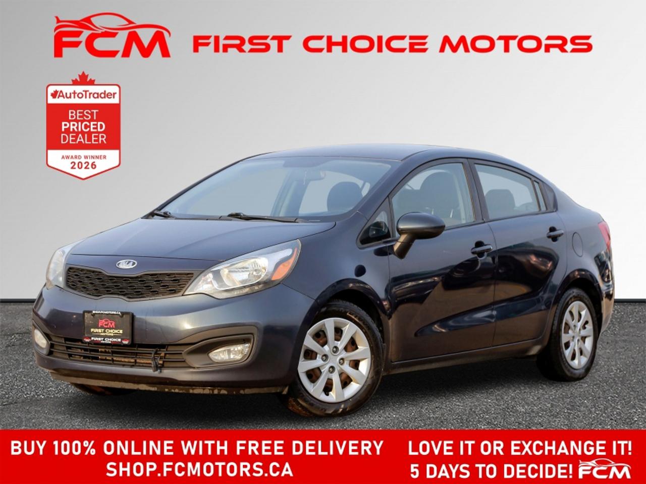 ** ** SPECIAL LIMITED TIME OFFER ** ** PURCHASE ANY VEHICLE THIS WEEK AND RECEIVE 4 BRAND-NEW ALL-SEASON TIRES AT NO ADDITIONAL COST!!! DON   T MISS THIS EXCLUSIVE CHANCE TO UPGRADE YOUR RIDE AND STAY PREPARED FOR ANY WEATHER!!! <br><br>EXCITING NEWS FROM FIRST CHOICE MOTORS! Our brand-new online showroom is now open to the public, bringing the ultimate car shopping experience right to your fingertips! Enjoy a 100% online car shopping experience, with over 500 certified vehicles in stock, comprehensive protection plans, and thousands of new auto parts & accessories available! Plus, for a limited time, were offering FREE deliveries across Ontario on all vehicle purchases! Dont miss out   visit Shop.fcmotors.ca to find and upgrade your perfect vehicle today!<br><br>Welcome to First Choice Motors, the largest car dealership in Toronto of pre-owned cars, SUVs, and vans priced between $5000-$15,000. With an impressive inventory of over 300 vehicles in stock, we are dedicated to providing our customers with a vast selection of affordable and reliable options. <br><br>Were thrilled to offer a used 2013 Kia Rio LX, dark blue color with 246,000km (STK#10171) This vehicle was $5990 NOW ON SALE FOR $4990. It is equipped with the following features:<br>- Automatic Transmission<br>- Bluetooth<br>- Power windows<br>- Power locks<br>- Power mirrors<br>- Air Conditioning<br><br>At First Choice Motors, we believe in providing quality vehicles that our customers can depend on. All our vehicles come with a 36-day guarantee on all safety related items. We also offer additional warranty options up to 5 years for our customers who want extra peace of mind.<br><br>Furthermore, all our vehicles are sold fully certified with brand new brakes rotors and pads, a fresh oil change, and brand new set of all-season tires installed & balanced. You can be confident that this car is in excellent condition and ready to hit the road.<br><br>At First Choice Motors, we believe that everyone deserves a chance to own a reliable and affordable vehicle. Thats why we offer financing options with low interest rates starting at 7.9% O.A.C. Were proud to approve all customers, including those with bad credit, no credit, students, and even 9 socials. Our finance team is dedicated to finding the best financing option for you and making the car buying process as smooth and stress-free as possible.<br><br>Our dealership is open 7 days a week to provide you with the best customer service possible. We carry the largest selection of used vehicles for sale under $9990 in all of Ontario. We stock over 300 cars, mostly Hyundai, Chevrolet, Mazda, Honda, Volkswagen, Toyota, Ford, Dodge, Kia, Mitsubishi, Acura, Lexus, and more. With our ongoing sale, you can find your dream car at a price you can afford. Come visit us today and experience why we are the best choice for your next used car purchase!<br><br>All prices include $22.00 OMVIC Fee.  Excludes, license plates, ownership registration and ONTARIO HST (13%)<br>*No Credit Card payments can be accepted for Vehicle Purchases*