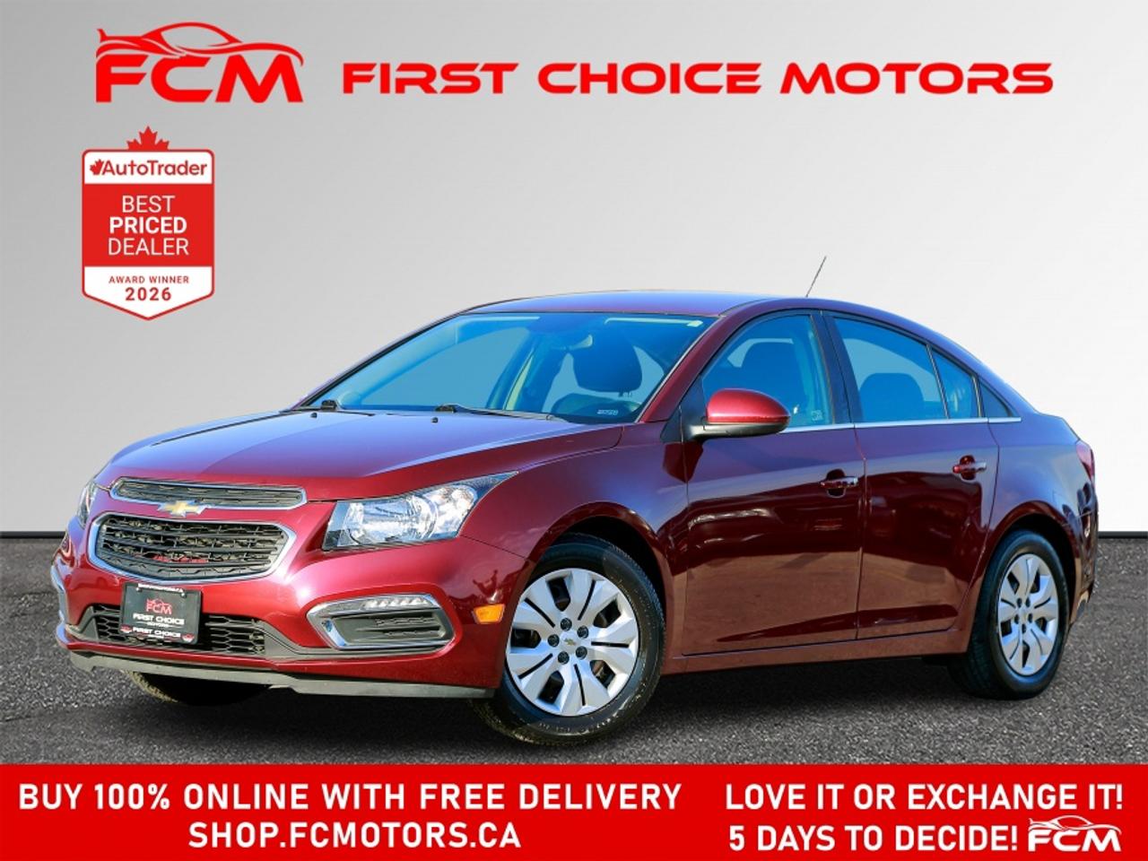 ** ** SPECIAL LIMITED TIME OFFER ** ** PURCHASE ANY VEHICLE THIS WEEK AND RECEIVE 4 BRAND-NEW ALL-SEASON TIRES AT NO ADDITIONAL COST!!! DON   T MISS THIS EXCLUSIVE CHANCE TO UPGRADE YOUR RIDE AND STAY PREPARED FOR ANY WEATHER!!! <br><br>EXCITING NEWS FROM FIRST CHOICE MOTORS! Our brand-new online showroom is now open to the public, bringing the ultimate car shopping experience right to your fingertips! Enjoy a 100% online car shopping experience, with over 500 certified vehicles in stock, comprehensive protection plans, and thousands of new auto parts & accessories available! Plus, for a limited time, were offering FREE deliveries across Ontario on all vehicle purchases! Dont miss out   visit Shop.fcmotors.ca to find and upgrade your perfect vehicle today!<br><br>Welcome to First Choice Motors, the largest car dealership in Toronto of pre-owned cars, SUVs, and vans priced between $5000-$15,000. With an impressive inventory of over 300 vehicles in stock, we are dedicated to providing our customers with a vast selection of affordable and reliable options. <br><br>Were thrilled to offer a used 2015 Chevrolet Cruze LT, burgundy color with 25,000km (STK#10175) This vehicle was $11990 NOW ON SALE FOR $10990. It is equipped with the following features:<br>- Automatic Transmission<br>- Bluetooth<br>- Reverse camera<br>- Power windows<br>- Power locks<br>- Power mirrors<br>- Air Conditioning<br><br>At First Choice Motors, we believe in providing quality vehicles that our customers can depend on. All our vehicles come with a 36-day guarantee on all safety related items. We also offer additional warranty options up to 5 years for our customers who want extra peace of mind.<br><br>Furthermore, all our vehicles are sold fully certified with brand new brakes rotors and pads, a fresh oil change, and brand new set of all-season tires installed & balanced. You can be confident that this car is in excellent condition and ready to hit the road.<br><br>At First Choice Motors, we believe that everyone deserves a chance to own a reliable and affordable vehicle. Thats why we offer financing options with low interest rates starting at 7.9% O.A.C. Were proud to approve all customers, including those with bad credit, no credit, students, and even 9 socials. Our finance team is dedicated to finding the best financing option for you and making the car buying process as smooth and stress-free as possible.<br><br>Our dealership is open 7 days a week to provide you with the best customer service possible. We carry the largest selection of used vehicles for sale under $9990 in all of Ontario. We stock over 300 cars, mostly Hyundai, Chevrolet, Mazda, Honda, Volkswagen, Toyota, Ford, Dodge, Kia, Mitsubishi, Acura, Lexus, and more. With our ongoing sale, you can find your dream car at a price you can afford. Come visit us today and experience why we are the best choice for your next used car purchase!<br><br>All prices include $22.00 OMVIC Fee.  Excludes, license plates, ownership registration and ONTARIO HST (13%)<br>*No Credit Card payments can be accepted for Vehicle Purchases*