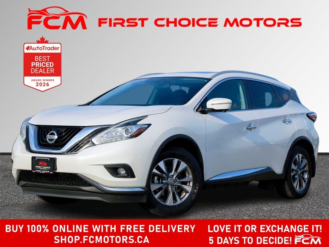 ** ** SPECIAL LIMITED TIME OFFER ** ** PURCHASE ANY VEHICLE THIS WEEK AND RECEIVE 4 BRAND-NEW ALL-SEASON TIRES AT NO ADDITIONAL COST!!! DON   T MISS THIS EXCLUSIVE CHANCE TO UPGRADE YOUR RIDE AND STAY PREPARED FOR ANY WEATHER!!! <br><br>EXCITING NEWS FROM FIRST CHOICE MOTORS! Our brand-new online showroom is now open to the public, bringing the ultimate car shopping experience right to your fingertips! Enjoy a 100% online car shopping experience, with over 500 certified vehicles in stock, comprehensive protection plans, and thousands of new auto parts & accessories available! Plus, for a limited time, were offering FREE deliveries across Ontario on all vehicle purchases! Dont miss out   visit Shop.fcmotors.ca to find and upgrade your perfect vehicle today!<br><br>Welcome to First Choice Motors, the largest car dealership in Toronto of pre-owned cars, SUVs, and vans priced between $5000-$15,000. With an impressive inventory of over 300 vehicles in stock, we are dedicated to providing our customers with a vast selection of affordable and reliable options. <br><br>Were thrilled to offer a used 2015 Nissan Murano SL, white color with 221,000km (STK#10181) This vehicle was $10990 NOW ON SALE FOR $9990. It is equipped with the following features:<br>- Automatic Transmission<br>- Leather Seats<br>- Sunroof<br>- Heated seats<br>- Navigation<br>- All wheel drive<br>- Bluetooth<br>- Reverse camera<br>- Alloy wheels<br>- Power windows<br>- Power locks<br>- Power mirrors<br>- Air Conditioning<br><br>At First Choice Motors, we believe in providing quality vehicles that our customers can depend on. All our vehicles come with a 36-day guarantee on all safety related items. We also offer additional warranty options up to 5 years for our customers who want extra peace of mind.<br><br>Furthermore, all our vehicles are sold fully certified with brand new brakes rotors and pads, a fresh oil change, and brand new set of all-season tires installed & balanced. You can be confident that this car is in excellent condition and ready to hit the road.<br><br>At First Choice Motors, we believe that everyone deserves a chance to own a reliable and affordable vehicle. Thats why we offer financing options with low interest rates starting at 7.9% O.A.C. Were proud to approve all customers, including those with bad credit, no credit, students, and even 9 socials. Our finance team is dedicated to finding the best financing option for you and making the car buying process as smooth and stress-free as possible.<br><br>Our dealership is open 7 days a week to provide you with the best customer service possible. We carry the largest selection of used vehicles for sale under $9990 in all of Ontario. We stock over 300 cars, mostly Hyundai, Chevrolet, Mazda, Honda, Volkswagen, Toyota, Ford, Dodge, Kia, Mitsubishi, Acura, Lexus, and more. With our ongoing sale, you can find your dream car at a price you can afford. Come visit us today and experience why we are the best choice for your next used car purchase!<br><br>All prices include $22.00 OMVIC Fee.  Excludes, license plates, ownership registration and ONTARIO HST (13%)<br>*No Credit Card payments can be accepted for Vehicle Purchases*