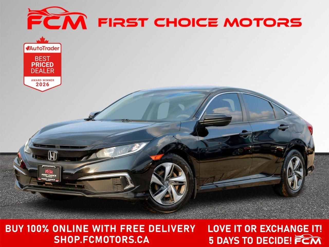 ** ** SPECIAL LIMITED TIME OFFER ** ** PURCHASE ANY VEHICLE THIS WEEK AND RECEIVE 4 BRAND-NEW ALL-SEASON TIRES AT NO ADDITIONAL COST!!! DON   T MISS THIS EXCLUSIVE CHANCE TO UPGRADE YOUR RIDE AND STAY PREPARED FOR ANY WEATHER!!! <br><br>EXCITING NEWS FROM FIRST CHOICE MOTORS! Our brand-new online showroom is now open to the public, bringing the ultimate car shopping experience right to your fingertips! Enjoy a 100% online car shopping experience, with over 500 certified vehicles in stock, comprehensive protection plans, and thousands of new auto parts & accessories available! Plus, for a limited time, were offering FREE deliveries across Ontario on all vehicle purchases! Dont miss out   visit Shop.fcmotors.ca to find and upgrade your perfect vehicle today!<br><br>Welcome to First Choice Motors, the largest car dealership in Toronto of pre-owned cars, SUVs, and vans priced between $5000-$15,000. With an impressive inventory of over 300 vehicles in stock, we are dedicated to providing our customers with a vast selection of affordable and reliable options. <br><br>Were thrilled to offer a used 2020 Honda Civic LX, black color with 188,000km (STK#10196) This vehicle was $15990 NOW ON SALE FOR $14990. It is equipped with the following features:<br>- Automatic Transmission<br>- Heated seats<br>- Bluetooth<br>- Apple CarPlay<br>- Reverse camera<br>- Power windows<br>- Power locks<br>- Power mirrors<br>- Air Conditioning<br><br>At First Choice Motors, we believe in providing quality vehicles that our customers can depend on. All our vehicles come with a 36-day guarantee on all safety related items. We also offer additional warranty options up to 5 years for our customers who want extra peace of mind.<br><br>Furthermore, all our vehicles are sold fully certified with brand new brakes rotors and pads, a fresh oil change, and brand new set of all-season tires installed & balanced. You can be confident that this car is in excellent condition and ready to hit the road.<br><br>At First Choice Motors, we believe that everyone deserves a chance to own a reliable and affordable vehicle. Thats why we offer financing options with low interest rates starting at 7.9% O.A.C. Were proud to approve all customers, including those with bad credit, no credit, students, and even 9 socials. Our finance team is dedicated to finding the best financing option for you and making the car buying process as smooth and stress-free as possible.<br><br>Our dealership is open 7 days a week to provide you with the best customer service possible. We carry the largest selection of used vehicles for sale under $9990 in all of Ontario. We stock over 300 cars, mostly Hyundai, Chevrolet, Mazda, Honda, Volkswagen, Toyota, Ford, Dodge, Kia, Mitsubishi, Acura, Lexus, and more. With our ongoing sale, you can find your dream car at a price you can afford. Come visit us today and experience why we are the best choice for your next used car purchase!<br><br>All prices include $22.00 OMVIC Fee.  Excludes, license plates, ownership registration and ONTARIO HST (13%)<br>*No Credit Card payments can be accepted for Vehicle Purchases*