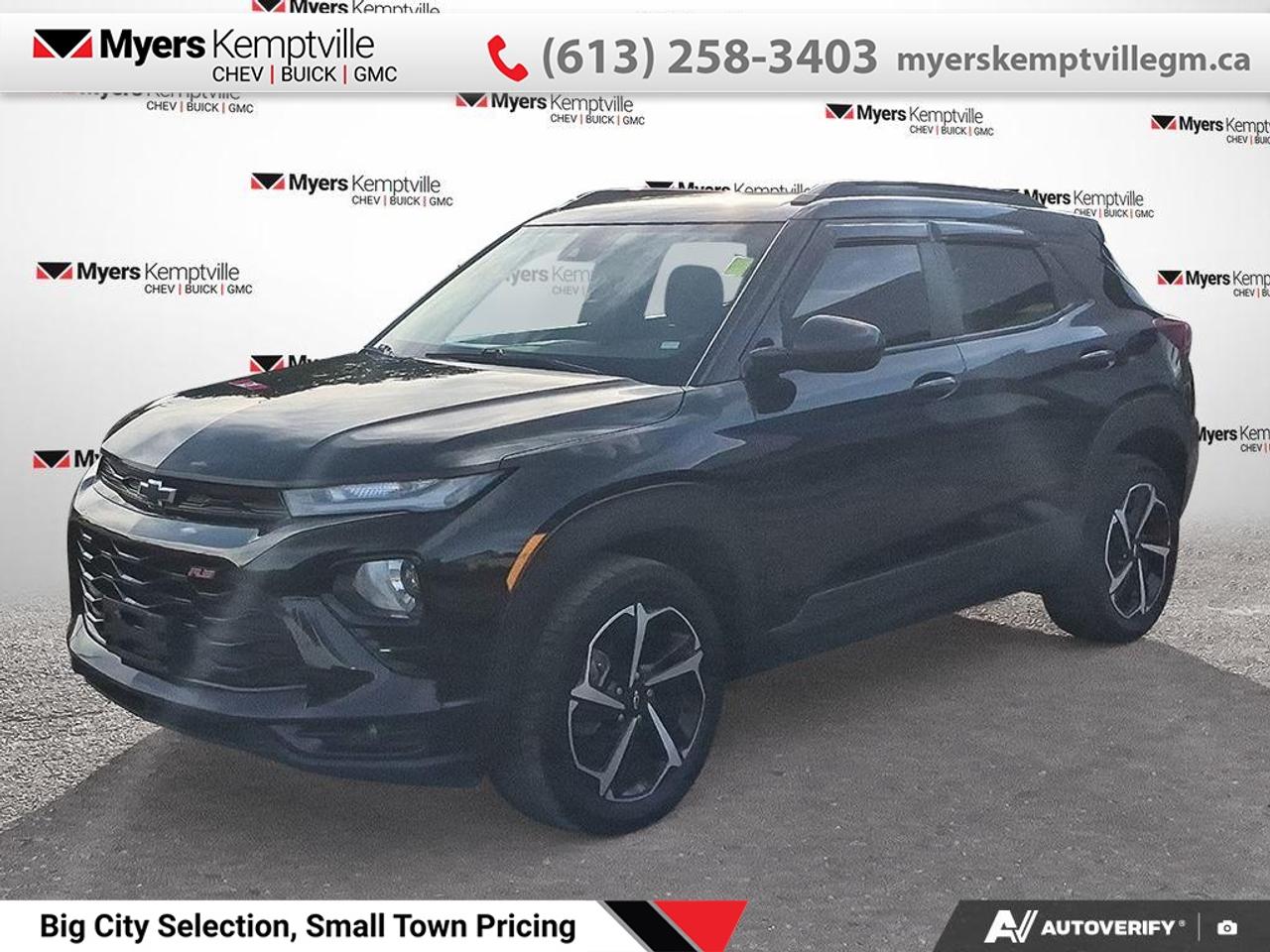<b>Synthetic Leather Seats,  Heated Seats,  Proximity Key,  Android Auto,  Apple CarPlay!</b><br> <br> This 2023 Chevrolet Trailblazer is for sale today.<br> <br>After a long day of work, you need a car to work just as hard for you. With a surprisingly spacious cabin, plenty of power, and incredible efficiency, this Trailblazer is begging to be in your squad. When its time to grab the crew and all their gear to make some memories, this versatile and adventurous Trailblazer is an obvious choice.<br> <br>This SUV has 108,267 km. Its nice in colour and is completely accident free based on the <a href=https://vhr.carfax.ca/?id=BCkpV9ORtNiHJztAdlCK/vYim9Mo9Tyh target=_blank>CARFAX Report</a>. It has an Automatic transmission and is powered by a 155HP 1.3L 3 Cylinder Engine. <br> <br> Our Trailblazers trim level is RS. This intimidating RS looks as good as it performs with sporty accents, black bowties, synthetic leather seats, remote keyless entry, remote start, and cruise control. This Trailblazer packs a surprisingly spacious interior with awesome features like the Chevy Infotainment 3 System with Android Auto, Apple CarPlay, Bluetooth, SiriusXM, and wireless connectivity. Whether you take the road or blaze a trail, do it safely with automatic emergency braking, front pedestrian braking, lane keep assist, IntelliBeam, Teen Driver, and a rearview camera. This vehicle has been upgraded with the following features: Synthetic Leather Seats, Heated Seats, Proximity Key, Android Auto, Apple CarPlay, Lane Keep Assist, Lane Departure Warning.<br> <br>To apply right now for financing use this link: <a href=https://www.myerskemptvillegm.ca/finance/ target=_blank>https://www.myerskemptvillegm.ca/finance/</a><br> <br/>Buy this vehicle now for the lowest bi-weekly payment of <b>$168.22</b> with $0 down for 84 months @ 9.99% APR O.A.C. ( Plus applicable taxes - Plus applicable fees ). See dealer for details. <br><br>Myers deals with almost every major lender and can offer the most competitive financing options available. All of our premium used vehicles are fully detailed, subjected to a minimum 150 point inspection and are fully backed by the dealership and General Motors. <br><br>For more details on our Myers Exclusive Engine Transmission for life coverage, follow this link: <a href=https://www.myerskanatagm.ca/myers-engine-transmission-for-life/>Life Time Coverage</a>*LIFETIME ENGINE TRANSMISSION WARRANTY NOT AVAILABLE ON VEHICLES WITH KMS EXCEEDING 140,000KM, VEHICLES 8 YEARS & OLDER, OR HIGHLINE BRAND VEHICLE(eg. BMW, INFINITI. CADILLAC, LEXUS...) o~o