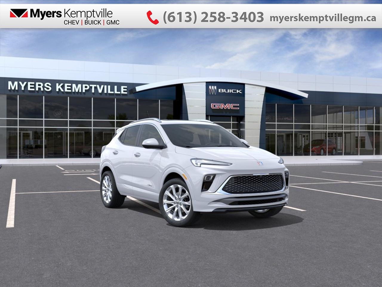 <b>Leather Seats, Avenir Technology Package, Sunroof!</b><br> <br> At Myers, we believe in giving our customers the power of choice. When you choose to shop with a Myers Auto Group dealership, you dont just have access to one inventory, youve got the purchasing power of an entire auto group behind you!<br> <br> SPECIAL! EMPLOYEE PRICING ON NOW! Was $47947. Now $45333! $2614 discount until Aug 31!  <br> <br/>With crisp body lines, a streamlined stance, and a distinctively athletic tone, this Buick Encore GX offers style that stands out.<br> <br>This intelligently engineered Encore GX is ready to hit the road with versatile seating and cargo, stunning style, and an adventurous spirit. This SUV can fit your life, fit into your life, and help you find where you fit in all in one drive. With efficient power delivery and an engaging infotainment system, even the longest trips are made fun. For the evolution of the luxury family SUV, look no further than this Buick Encore GX.<br> <br>This White Frost Tricoat SUV has an Automatic transmission and is powered by a 155HP 1.3L 3 Cylinder Engine. <br> <br> Our Encore GXs trim level is Avenir. This range-topping Avenir trim adds on genuine leather upholstery, dual-zone climate control, a power liftgate for rear cargo access and premium Pearl Nickel aluminum wheels, along with great standard features such as heated front seats, a heated steering wheel, remote engine start, and an 11-inch touchscreen with wireless Apple CarPlay and Android Auto. Safety features include lane change alert with side blind zone alert, lane keep assist with lane departure warning, forward collision alert, and front pedestrian braking. This vehicle has been upgraded with the following features: Leather Seats, Avenir Technology Package, Sunroof.<br><br> <br>To apply right now for financing use this link: <a href=https://www.myerskemptvillegm.ca/finance/ target=_blank>https://www.myerskemptvillegm.ca/finance/</a><br> <br/>Weve discounted this vehicle $2614. <br> Buy this vehicle now for the lowest bi-weekly payment of <b>$295.35</b> with $0 down for 84 months @ 4.99% APR O.A.C. ( Plus applicable taxes - **Rebates may not be applicable on all purchase types [cash, lease, or finance]. Eligibility and conditions may vary. Please see dealer for full details and confirmation of eligibility. ). Incentives expire 2026-08-31. See dealer for details. <br><br>Your journey to better driving experiences begins in our inventory, where youll find a stunning selection of brand-new Chevrolet, Buick, and GMC models. If youre looking to get additional luxuries at a wallet-friendly price, dont just pick pre-owned -- choose from our selection of over 300 Myers Approved used vehicles! Our incredible sales team will match you with the car, truck, or SUV thats got everything youre looking for, and much more. o~o