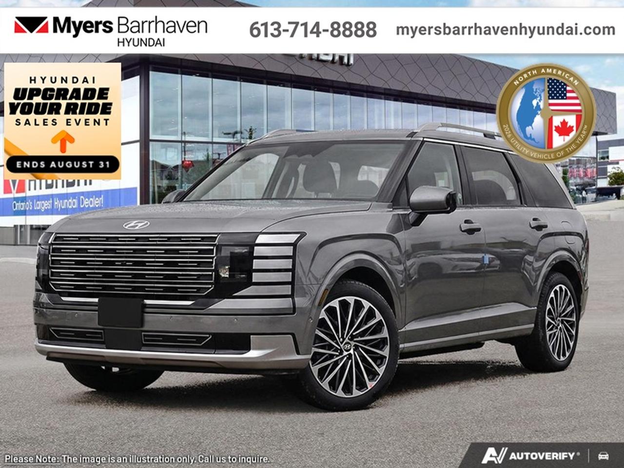 <b>Premium Audio,  360 Camera,  HUD,  Sunroof,  Navigation!</b><br> <br> Hyundais entry to the 3-seater SUV segment is a huge shakeup, as this Palisade is an extremely compelling contender.<br> <br>Big enough for your busy and active family, this Hyundai Palisade returns for 2026 , and is good as ever. With a features list that would fit in with the luxury SUV segment attached to a family friendly interior, this Palisade was made to take the SUV segment by storm. For the next classic SUV people are sure to talk about for years, look no further than this Hyundai Palisade.<br> <br>This Ecotronic Grey SUV has an Automatic transmission and is powered by a 287HP 3.5L V6 Cylinder Engine. <br> <br> Our Palisades trim level is Ultimate Calligraphy. This SUV is crafted as a sanctuary of modern luxury, with quilted Nappa leather seating, genuine wood trim, a suede headliner, and indulgent features like heated, ventilated, and even relaxation seats with leg rests. Technology enhances every journey, from the 12.3 navigation display with Bose premium audio to the dual sunroofs, wireless smartphone integration, and hands-free smart liftgate. Safety is uncompromising, with innovations such as forward collision avoidance with pedestrian and cyclist detection, blind-spot and rear cross-traffic assist, a full aerial-view camera system, remote automatic parking, driver monitoring and a suite of airbags, ensuring confidence and peace of mind in every drive. This vehicle has been upgraded with the following features: Premium Audio, 360 Camera, HUD, Sunroof, Navigation, Cooled Seats, Heated Seats.<br><br> <br/><br> o~o