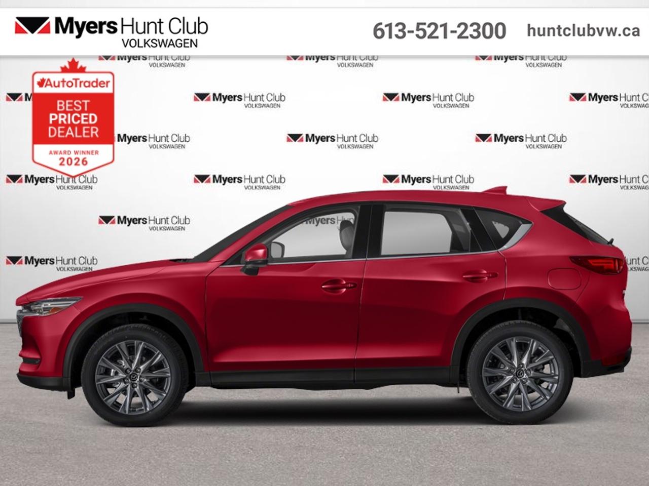 <b>Leather Seats!</b><br> <br> The excellent power delivery, superior handling and a swanky interior help propel this 2019 Mazda CX 5 to new heights among its competitors. This 2019 Mazda CX-5 is fresh on our lot in Gloucester.<br> <br>This Mazda CX5 is a real class leader with exceptional performance, agile handling and a versatile and highly intuitive interior. Thanks to its elegant yet aggressive styling and impeccable on road capabilities, there arent many that can rival the quality and premium performance this modern, beautiful crossover SUV offers.<br> <br>This SUV has 120,195 km. Its Soul Red Crystal Metallic in colour. It has an Automatic transmission and is powered by a 187HP 2.5L 4 Cylinder Engine. <br> <br> Our CX-5s trim level is GT. This GT CX-5 has just about everything you could imagine with a power moonroof, navigation, head-up display, air cooled leather seats, wood and metal trim, premium Bose sound, driver seat memory settings, proximity entry, SiriusXM, adaptive front lighting, HomeLink remote system, automatic climate control, and LED lighting with fog lights. This trim also adds traffic sign recognition to the driver assistance features like stop and go adaptive cruise, full range active braking assist, pedestrian detection, forward obstruction warning, lane keep assist with departure warning, and high beam control help make every drive more safe and less fatiguing. For even more comfort, you get heated seats, heated steering wheel, power liftgate, advanced blind spot monitoring, 7 inch Mazda Connect enabled touchscreen, Apple CarPlay and Android Auto. This vehicle has been upgraded with the following features: Leather Seats.<br> <br>To apply right now for financing use this link: <a href=https://www.huntclubvw.ca/financing-request/ target=_blank>https://www.huntclubvw.ca/financing-request/</a><br> <br/><br>At Myers Hunt Club Volkswagen, our focus is customers like you. Our dedicated service, parts, and sales team are here to make your automotive experience a special one. We are very proud of our achievements and awards over the last 25 years and are committed to providing the same great service to our present and future customers. If youre looking for a vehicle, Myers Hunt Club Volkswagen is your destination for new, used, and certified pre-owned Volkswagen vehicles as well as other makes and models. Whatever your needs, we can help you here at Myers Hunt Club Volkswagen. </br><br> Come by and check out our fleet of 50+ used cars and trucks and 130+ new cars and trucks for sale in Gloucester.  o~o
