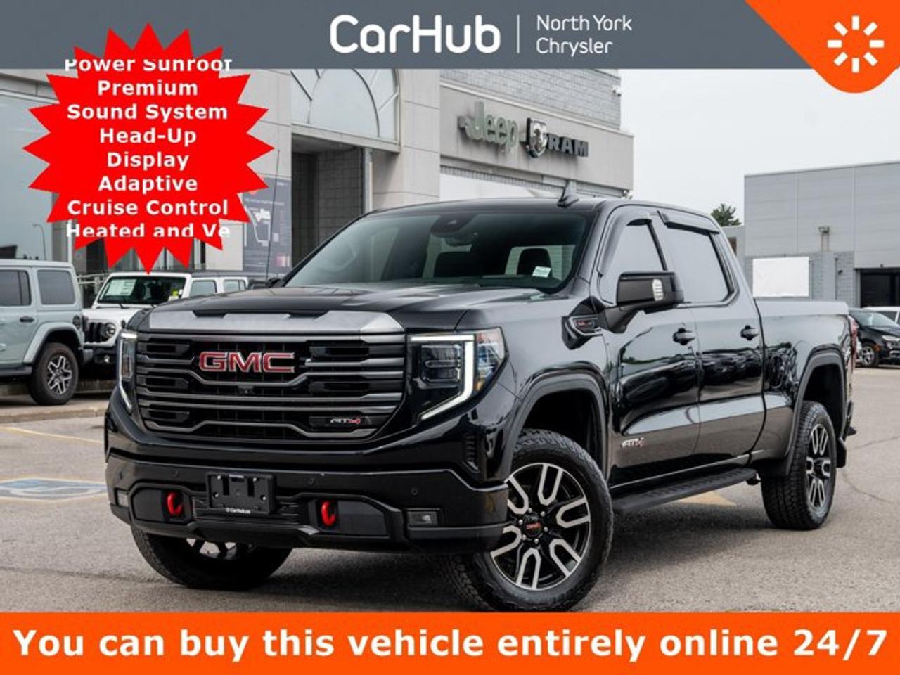 <p>2024 GMC SIERRA 1500 AT4 CREW CAB 4X4 MEDIUM BED</p><p>Onyx Black / Jet Black with Kalahari Accents | 6.2L V8 | Technology Package | $9,855 in Factory Options</p><p>Introducing this exceptionally equipped 2024 GMC Sierra 1500 AT4 Crew Cab 4x4, finished in Onyx Black with a Jet Black perforated leather interior featuring Kalahari accents.</p><p>Powered by the upgraded 6.2L EcoTec3 V8 producing 420 horsepower and 460 lb-ft of torque, paired with a 10-speed automatic transmission and four-wheel drive, this Sierra delivers commanding acceleration, strong towing capability, and the immediate response of GMs largest naturally aspirated V8.</p><p>This example carries $9,855 in factory options, including the 6.2L V8, Technology Package, AT4 Premium Package, power sunroof, high-clearance steps, upgraded wheels, active sport exhaust, splash guards, and wheel locks. Its original MSRP was $93,754 CAD.</p><p>Factory Upgrades & Added Value:</p><p>6.2L EcoTec3 V8 --- $1,995 Factory Upgrade<br />The 420-horsepower V8 delivers 460 lb-ft of torque for confident passing, towing, and hauling. Dynamic Fuel Management helps balance substantial V8 power with efficiency during lighter driving.</p><p>Technology Package --- $1,820 in Added Value<br />Adds a 15-inch Head-Up Display, Rear Camera Mirror, and Bed View Camera, improving visibility while keeping important driving information within the drivers line of sight.</p><p>AT4 Premium Package --- $1,595 in Added Value<br />Combines the AT4 Preferred Package with off-road high-clearance steps. It adds a power-sliding rear window, universal garage-door opener, and easier cab access while preserving useful ground clearance.</p><p>Off-Road High-Clearance Steps --- $1,335 Premium Upgrade<br />Provide easier access to the lifted cabin without hanging as low as conventional running boards.</p><p>Power Sunroof --- $1,325 Factory Upgrade<br />Brings natural light and an open-air experience into the premium Crew Cab interior.</p><p>Upgraded Aluminum Wheels --- $1,195 Factory Upgrade<br />Strengthen the trucks visual presence while complementing its Onyx Black finish and rugged AT4 styling.</p><p>Protection & Performance Upgrades --- $590 in Added Value<br />Moulded splash guards ($265) protect the lower body from road debris, the active dual sport exhaust ($225) delivers a more aggressive V8 sound when desired, and wheel locks ($100) add security for the upgraded wheels.</p><p>Nearly $10,000 in Factory Options<br />The $81,699 base price, $9,855 in options, and $2,200 destination charge brought this Sierras original MSRP to $93,754 CAD. As a pre-owned vehicle, it offers these premium upgrades without their full original new-vehicle cost.</p><p>Additional Equipment & Customer Value:</p><p>AT4 Off-Road Capability<br />A factory suspension lift, off-road-tuned suspension, skid plates, Hill Descent Control, heavy-duty air filtration, recovery hooks, two-speed transfer case, and locking rear differential provide genuine capability in snow, mud, gravel, and steep terrain.</p><p>10-Speed Automatic & Trailering Equipment<br />The transmission includes Tow/Haul programming and grade-braking functions. A factory hitch, Hitch Guidance, external engine and transmission oil coolers, and the 6.2L V8 create a strong towing foundation. Actual capacity depends on passengers, cargo, trailer configuration, and installed equipment.</p><p>Crew Cab with Medium Bed<br />The spacious Crew Cab provides generous passenger room, while the medium cargo bed carries more than the common short-box layout and is well suited to tools, materials, outdoor equipment, and recreational gear.</p><p>Premium AT4 Interior<br />Jet Black perforated leather with Kalahari accents gives the cabin a distinctive identity. Heated and ventilated power front seats, heated rear seats, driver memory, a heated steering wheel, dual-zone climate control, and remote start provide year-round comfort.</p><p>Technology & Connectivity<br />Equipment includes aerial and bed-view cameras, a Rear Camera Mirror, Head-Up Display, navigation, premium audio, Apple CarPlay, Android Auto, Bluetooth, satellite radio, and connected services.</p><p>Safety & Driver Assistance<br />Adaptive Cruise Control, Forward Collision Alert, Automatic Emergency Braking, Lane Keep Assist, Lane Departure Warning, Rear Cross-Traffic Alert, rear parking assistance, automatic high beams, and driver monitoring provide added confidence.</p><p>PREMIUM AT4 CAPABILITY WITH 6.2L V8 AUTHORITY</p><p>The 2024 GMC Sierra 1500 AT4 combines 420-horsepower V8 performance, genuine off-road engineering, premium leather comfort, advanced technology, and nearly $10,000 in factory options.</p><p>Finished in Onyx Black, it is an outstanding opportunity for someone seeking a luxurious and highly capable truck for Canadian winters, towing, family travel, demanding work, and weekend adventures.</p><p>Drive Happy with CarHub</p><p>*** All-inclusive, upfront prices --- no haggling, negotiations, pressure, or games. ***</p><p>*** Purchase or lease a vehicle and receive a $1,000 CarHub Rewards Card for service. ***</p><p>*** All available manufacturer rebates have been applied and included in our sale price. ***</p><p>*** Purchase this vehicle fully online on CarHub websites. ***</p><p>Transparency Statement</p><p>USED VEHICLES: Online prices and payments are for finance purchases --- please note there is an $850 safety certification fee. If not Certified, then as per OMVIC Regulations the vehicle is deemed to be not drivable and Not Certified. Cash purchases for used vehicles have a $2,350 surcharge which includes the safety certification (the finance price + $2,350).</p><p>NEW VEHICLES: New financed vehicles are subject to an $850 Processing Fee. New cars priced at over $100,000 including add-ons or accessories are subject to the additional federal luxury tax.</p><p>While every effort is taken to avoid errors, technical or human error can occur, so please confirm vehicle features, options, materials, and other specs with your CarHub representative. This can easily be done by calling us or by visiting us at the dealership.</p><p>CarHub used vehicles come standard with 1 key. If we receive more than one key from the previous owner, we include them with the vehicle. Additional keys may be purchased at the time of sale. Ask your Product Advisor for more details.</p><p>Payments are only estimates derived from a standard term/rate on approved credit. Terms, rates and payments may vary. Prices, rates and payments are subject to change without notice. Please see our website for more details.</p>