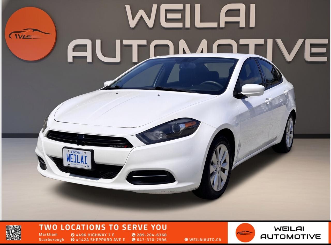 2.4L Tigershark Engine | Signature LED Racetrack Taillamps | Uconnect 8.4-Inch Touchscreen | 10 Standard Airbags | Class-Exclusive In-Seat Storage | Low credit? No credit? Established Credit? We accept ALL!!! - Contact Us Today!Test Drive the 2014 Dodge Dart SXT Today! This 2014 Dodge Dart SXT is a stylish and sporty compact sedan that perfectly blends engaging driving dynamics with bold North American design. Equipped with the upgraded 2.4L Tigershark engine, it offers an exhilarating yet fuel-efficient commute. With its class-leading safety features, beautifully crafted ergonomic cabin, and advanced technology, this Dart stands out from the everyday crowd and delivers incredible value for Canadian drivers. <br/> <br/> <br/> Performance: <br/> Engine: 2.4L Tigershark MultiAir II I-4 <br/> Horsepower: 184 hp <br/> Torque: 171 lb-ft <br/> Transmission: 6-Speed Automatic <br/> Drivetrain: FWD <br/> Exterior: <br/> Signature LED racetrack taillamps <br/> Projector headlamps with body-colour surrounds <br/> Active Grille Shutters for enhanced aerodynamic performance <br/> 16-inch aluminum alloy wheels <br/> Body-colour door handles and power exterior mirrors <br/> Interior: <br/> Premium cloth seating with accent stitching <br/> Class-exclusive front passenger in-seat cushion storage <br/> 60/40 split-folding rear seat for versatile cargo space <br/> Soft-touch instrument panel and door trim <br/> Air conditioning with micron filter <br/> Technology: <br/> Uconnect multimedia centre with an 8.4-inch touchscreen display <br/> 7-inch customizable in-cluster display centre <br/> Bluetooth hands-free phone and streaming audio <br/> SiriusXM satellite radio compatibility <br/> Remote USB port and auxiliary audio input <br/> Safety: <br/> ParkView Rear Back-Up Camera <br/> 10 standard airbags including dual-stage front and knee blockers <br/> Electronic Stability Control with Hill Start Assist <br/> 4-wheel anti-lock disc brakes with Brake Assist <br/> Reactive front head restraints <br/> Approximate Fuel Efficiency: <br/> City: 8.8 L/100 km <br/> Highway: 5.6 L/100 km! <br/> This exceptional 2014 Dodge Dart SXT is priced to sell and our pre-owned inventory is moving incredibly fast! Vehicles with this level of style, comfort, and performance do not last long on our lot. Do not miss your chance to own this fantastic sedan. Visit us at Weilai Automotive Inc. or call us right now to schedule your exclusive test drive before it is completely gone! <br/> FINANCING: At Weilai Automotive Inc., were all about giving everyone a fair shot at owning a quality vehicle, no matter their credit history. Whether youre grappling with credit challenges or have a stellar credit record, we have financing options that cater to you. Your specific financing terms will depend on various factors, including your credit rating. For a personalized finance consultation, a signed consent form is needed. Reach out to schedule your appointment today. <br/> WEILAI CERTIFIED PRE-OWNED PROGRAM:* <br/> Full Detailing Package <br/> Comprehensive Certification Package <br/> Safety Certification <br/> Financing Available <br/> Extended Warranty Available <br/> Available for only $899 <br/> *Weilai Certified Pre-Owned Program includes: Full interior detailing, full exterior detailing, meticulous vehicle reconditioning. A comprehensive 60-point safety inspection with additional standards. For example, tire and brake treads must be a minimum of 3.5 mm which is 233% of the Ontario standard of 1.5 mm. Access to a large network of lenders to give you the best approval guaranteed. Option to extend the warranty for up to an additional 6 years for an additional fee. <br/> CARFAX REPORT: We believe in full transparency. All vehicles come with a FREE Carfax report. Please visit our listing on weilaiauto.ca or autotrader.ca to obtain your free Carfax report. <br/> CONTACT NOW: We welcome customers from all over the GTA, including Markham, Scarborough, Barrie, Stouffville, Toronto, Richmond Hill, East Gwillimbury, Aurora, North York, East York, Whitby, Brampton, and the surrounding area. Ready to take the next step? Book an appointment, get more info, or get in touch by calling 289-204-6368 or emailing us at salesmanagers@weilaiauto.ca. <br/> <br/> <br/> FEE DISCLOSURE: Price does not include safety certification, HST, or licensing fees. Safety certification available, see the Weilai Certified Pre-Owned Program for details. <br/> FINANCE SPECIAL PRICE ONLY: Pricing is based on financing. The listed price includes a $1,000 finance rebate. Choosing an alternative payment method may disqualify this rebate. <br/> VEHICLE CONDITION: The vehicle has been inspected and reconditioned to a premium pre-owned condition and is ready to be test-driven. However, to comply with OMVICs disclosure requirements, please note that this unit is not currently drivable and not certified until it undergoes safety certification. <br/> DISCLAIMERS: Please note that these details are based on the typical specifications for a given year, make, and model, and actual features may vary for the specific VIN provided. The descriptions above and the contents on this vehicle detail page are generated using AI and VIN decoders, which may contain inaccuracies. They are intended for reference only and may not be entirely reliable. Always check the vehicles actual specifications and refer to the owners manual for the most precise and up-to-date information. While Weilai Automotive Inc. strives to provide accurate information, we will not be responsible for any mistakes made on this page. <br/>