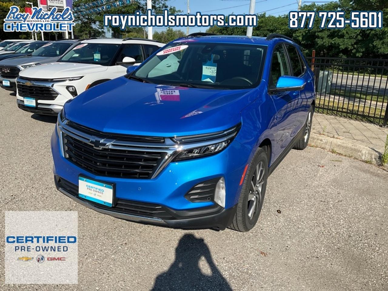<b>Trade-in, One Owner, Local, Certified, Power Liftgate,  Blind Spot Detection,  Climate Control,  Heated Seats,  Apple CarPlay!</b><br> <br> With plenty of cargo and passenger space, plus all the cool features you expect of a modern family vehicle, this 2024 Chevrolet Equinox is an easy choice for your adventure vehicle. This 2024 Chevrolet Equinox is fresh on our lot in Courtice.<br> <br>This extremely competent Chevy Equinox is a rewarding SUV that doubles down on versatility, practicality and all-round reliability. The dazzling exterior styling is sure to turn heads, while the well-equipped interior is put together with great quality, for a relaxing ride every time. This 2024 Equinox is sure to be loved by the whole family.<br> <br>This SUV has 44,636 km and is a Certified Pre-Owned vehicle. Its Riptide Metallic in colour. It has an Automatic transmission and is powered by a smooth engine. And its got a certified used vehicle warranty for added peace of mind. This vehicle has been upgraded with the following features: Power Liftgate, Blind Spot Detection, Climate Control, Heated Seats, Apple CarPlay, Android Auto, Remote Start.<br> <br/>This vehicle has met our highest standard and has been put through the GM certification process by our GM trained technicians. Our GM Certified used vehicles go thru an extensive 150 + point inspection and are reconditioned back to near new condition.  Each vehicle comes with a minimum of a 3 month, 5000 KM warranty or the balance of the factory warranty (whichever is longer) with 24 hour roadside assistance. They also come with satisfaction guaranteed; a 30 day or 2500 km exchange privilege if you are not completely satisfied. And thats standard. If your budget permits, you can extend or upgrade to an even more comprehensive Certified Pre-Owned Vehicle Protection Plan . Youll also appreciate the convenience of being able to transfer any existing warranties to a new owner, should you ever decide to sell your Certified Pre-Owned Vehicle.If you are a student or recently graduated, you may also qualify for an additional $500 discount when a used GM vehicle is purchased.  For more information, please call any of our knowledgeable used vehicle staff at 877-725-5601.<br> <br/><br>Roy Nichols Motors is located in Courtice which is just east of Oshawa and west of Bowmanville. We offer an excellent selection of pre owned vehicles to choose from. To book a test drive or inquire about financing and leasing options, call one of our knowledgeable and professional staff today at (877) 725-5601. <br> Come by and check out our fleet of 20+ used cars and trucks and 170+ new cars and trucks for sale in Courtice.  o~o