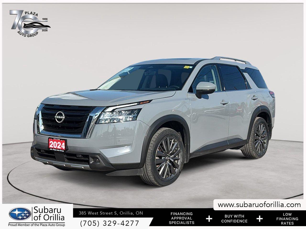Experience the 2024 Nissan Pathfinder SL 4WD in sophisticated gray, a 4x4 SUV that’s engineered for thrilling adventures and smooth drives. Perfectly poised for dynamic handling, this SUV makes every journey enjoyable.    Step into the world of elegance with its stunning exterior design complemented by sleek alloy wheels and aesthetic sensibility. Inside, luxuriate in a cabin that offers premium leather seats and a sunroof that invites natural light, making every drive a pleasure.    Equipped with cutting-edge technology, the Pathfinder features a user-friendly navigation system and a vibrant display for the backup camera, ensuring a seamless driving experience. Stay connected with the integrated Bluetooth, and enjoy peace of mind with advanced safety features like lane assist, adaptive cruise control, and comprehensive parking sensors. Embrace convenience with smart device integration, a remote start feature, and a wi-fi hotspot.    This vehicle caters to families who value comfort and adventurers seeking reliability. If you’re in search of a blend of style, technology, and capability, contact Subaru of Orillia for more information on the 2024 Nissan Pathfinder SL 4WD.           Plaza Auto Group, a Family Run Business For Over 70 Years. We strive to provide the highest quality experience in the automotive industry and we promise to not disappoint.      Experience the Plaza + Advantage      Lifetime Engine Warranty        Maintenance Loyalty Program        Double Ministry Standards        Haggle Free Pricing        Charitable Donation With Each Purchase        Full inspection report and Carfax        Looking to finance? We work with all major lenders to get you approved with the best available rates.      ONE KEY POLICY: All used cars come standard with One Key. In instances where the vehicle came with 2 Keys, both keys will be provided.