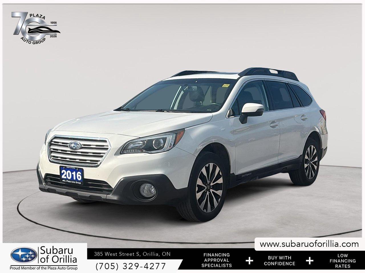 Experience the 2016 Subaru Outback 2.5i w/Limited Pkg, a stylish white SUV with AWD and a smooth automatic transmission, offering superb handling no matter where your journey takes you.    The exterior boasts sleek alloy wheels and is highlighted by a classic white finish, while the interior wraps you in comfort with premium black leather seats, perfect for every drive. With a spacious design, the Outback is ready for both city adventures and rural escapes.    Packed with advanced technology, this Subaru ensures you stay connected with a Bluetooth connection and smart device integration. The backup camera and lane assist provide enhanced safety, while the navigation system and sunroof add a touch of luxury and convenience to your travels. Enjoy the additional comfort of heated power seats and the open-air feel provided by the sunroof.    Ideal for families and adventure seekers looking for reliability and versatility in their vehicle. Dont miss out on this opportunity to own a meticulously equipped Outback. Contact Subaru of Orillia today for more information and take the first step towards your new journey.           Plaza Auto Group, a Family Run Business For Over 70 Years. We strive to provide the highest quality experience in the automotive industry and we promise to not disappoint.      Experience the Plaza + Advantage      Lifetime Engine Warranty        Maintenance Loyalty Program        Double Ministry Standards        Haggle Free Pricing        Charitable Donation With Each Purchase        Full inspection report and Carfax        Looking to finance? We work with all major lenders to get you approved with the best available rates.      ONE KEY POLICY: All used cars come standard with One Key. In instances where the vehicle came with 2 Keys, both keys will be provided.
