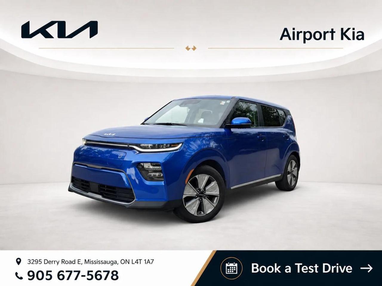 Recent Arrival!      Blue 2022 Kia Soul EV Limited FWD  1-Speed Automatic Electric Motor ABS brakes, Active Cruise Control, Alloy wheels, Electronic Stability Control, Heated door mirrors, Heated front seats, Heated rear seats, Illuminated entry, Leather Seat Upholstery, Low tire pressure warning, Navigation System, Power moonroof, Remote keyless entry, Traction control.    **ABOVE IS THE SPECIAL FINANCING PRICE, $1500 MORE FOR CASH PURCHASES** PLEASE CALL AHEAD TO CHECK AVAILABILITY** We believe in a haggle-free environment and provide our best price upfront. We compare our vehicles with competing inventory and adjust our prices daily. At Airport Kia, our team is dedicated to providing exceptional customer service and making your car buying and ownership experience as smooth and enjoyable as possible. From our knowledgeable sales associates who are always ready to help you find the perfect vehicle for your needs and budget, to our expert technicians who are committed to keeping your Kia running smoothly and efficiently, our team is here to meet all of your automotive needs and exceed your expectations. Were proud to be a family-owned dealership, and we treat every customer like family too. That means personalized service tailored to your needs, a warm and welcoming atmosphere, and a commitment to honesty, integrity, and transparency in all of our interactions. So when you choose Airport Kia, you can rest assured that youre in good hands with our team. Visit us today at 3295 Derry Road East, Mississauga, Ontario L4T 1A8 or give us a call at 905-677-5678 to experience the Airport Kia difference for yourself.      Airport Kia is proud to serve Toronto, Ottawa, Mississauga, Brampton, Hamilton, London, Markham, Vaughn, Kitchener, Richmond Hill, Burlington, Sudbury, Oshawa, Barrie, St. Catharines, Guelph, Cambridge, Kingston, Thunder Bay, Waterloo, Brantford, Pickering, Niagara Falls, Peterborough, Sault Ste. Marie, Sarnia, North Bay, Belleville, Timmins, Woodstock, St. Thomas, Stratford, Orillia, Owen Sound. Aurora, Milton, Oakville, Parry Sound, Whitby. Our used car may include: Mercedes-Benz, Sprinter, AMG, BMW, MINI, Jaguar, Land Rover, Chrysler, Dodge, Jeep, RAM, FIAT, Ford, Lincoln, Honda, Lexus, Toyota, Mazda, Chevrolet, Buick, GMC, and Corvette, With over 23 brands we look forward to serving all your automotive needs!