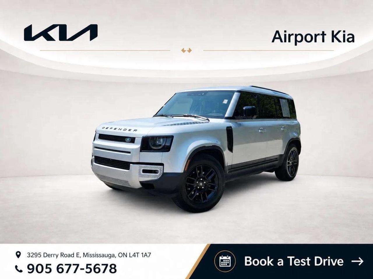 Odometer is 35015 kilometers below market average!<br>Silver 2023 Land Rover Defender 110 S 4WD<br>8-Speed Automatic 2.0L Turbocharged<br><br>**ABOVE IS THE SPECIAL FINANCING PRICE, $1500 MORE FOR CASH PURCHASES** PLEASE CALL AHEAD TO CHECK AVAILABILITY** We believe in a haggle-free environment and provide our best price upfront. We compare our vehicles with competing inventory and adjust our prices daily. At Airport Kia, our team is dedicated to providing exceptional customer service and making your car buying and ownership experience as smooth and enjoyable as possible. From our knowledgeable sales associates who are always ready to help you find the perfect vehicle for your needs and budget, to our expert technicians who are committed to keeping your Kia running smoothly and efficiently, our team is here to meet all of your automotive needs and exceed your expectations. Were proud to be a family-owned dealership, and we treat every customer like family too. That means personalized service tailored to your needs, a warm and welcoming atmosphere, and a commitment to honesty, integrity, and transparency in all of our interactions. So when you choose Airport Kia, you can rest assured that youre in good hands with our team. Visit us today at 3295 Derry Road East, Mississauga, Ontario L4T 1A8 or give us a call at 905-677-5678 to experience the Airport Kia difference for yourself.<br><br><br>Airport Kia is proud to serve Toronto, Ottawa, Mississauga, Brampton, Hamilton, London, Markham, Vaughn, Kitchener, Richmond Hill, Burlington, Sudbury, Oshawa, Barrie, St. Catharines, Guelph, Cambridge, Kingston, Thunder Bay, Waterloo, Brantford, Pickering, Niagara Falls, Peterborough, Sault Ste. Marie, Sarnia, North Bay, Belleville, Timmins, Woodstock, St. Thomas, Stratford, Orillia, Owen Sound. Aurora, Milton, Oakville, Parry Sound, Whitby. Our used car may include: Mercedes-Benz, Sprinter, AMG, BMW, MINI, Jaguar, Land Rover, Chrysler, Dodge, Jeep, RAM, FIAT, Ford, Lincoln, Honda, Lexus, Toyota, Mazda, Chevrolet, Buick, GMC, and Corvette, With over 23 brands we look forward to serving all your automotive needs!