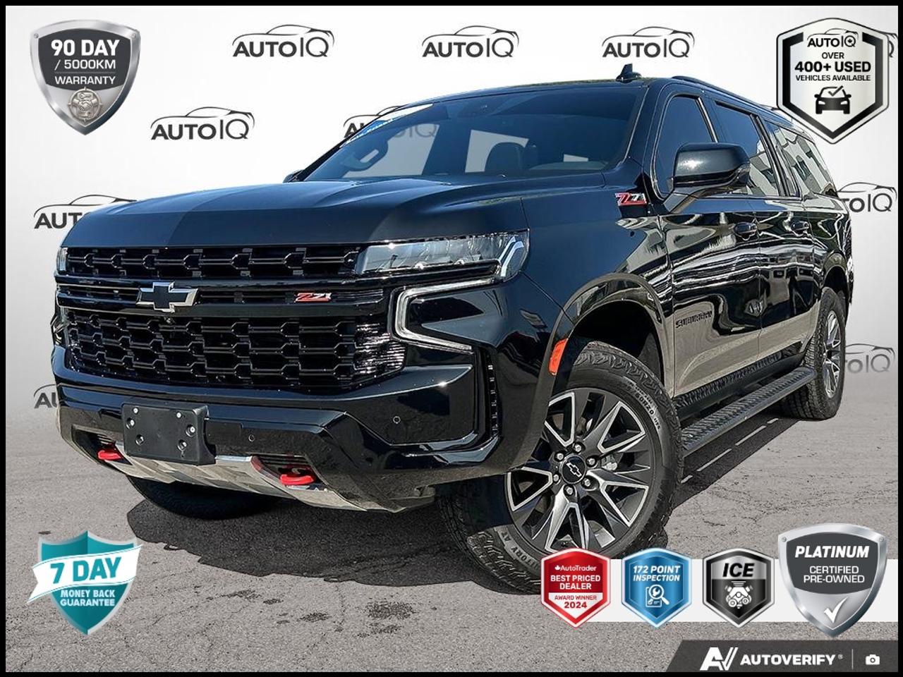 New Price! Recent Arrival!<br><br><br>One Owner, | No Accidents, | Apple CarPlay/Android Auto, | Non-Smoker, LOCAL TRADE, 10-Way Power Driver & Passenger Seat Adjusters, 1st & 2nd Row Colour-Keyed Carpeted Floor Mats, 1st & 2nd Rows All-Weather Floor Liners (LPO), 2 USB Data Ports in Centre Console Delete, 2-Speed Active Electronic AutoTrac Transfer Case, 2nd Row Pwr Release 60/40 Split-Folding Bench Seat, 3.23 Rear Axle Ratio, 3rd Row 60/40 Power-Folding Split-Bench, 9 Speakers, Advanced Trailering Package, Air Ride Adaptive Suspension, Alloy wheels, AM/FM radio: SiriusXM with 360L, Apple CarPlay/Android Auto, Auto High-beam Headlights, Auto-Dimming Inside Rear-View Mirror, Auto-dimming Rear-View mirror, Black Tubular Assist Steps, Bose 9-Speaker Stereo Audio System Feature, Bright Front & Rear Door Sill Plates, Colour-Keyed Carpeting Floor Covering, Driver & Front Outboard Passenger Airbags, Driver Alert Package, Dual front impact airbags, Dual front side impact airbags, Dual-Pane Power Panoramic Sunroof, Electronic Limited Slip Differential (eLSD), Emergency communication system: OnStar and Chevrolet connected services capable, Enhanced Driver Information Centre, Extra Capacity Cooling System, Floor Console w/Storage Area, Front anti-roll bar, Front Bucket Seats, Front High-Approach Angle Fascia, Fully automatic headlights, Hands-Free Rear Power Programmable Liftgate, HD Surround Vision, Heated 2nd Row Outboard Seats, Heated Driver & Front Passenger Seats, Heated front seats, Heated Steering Wheel, Heavy-Duty Air Filter, Hill Descent Control, Hitch View w/Pan/Zoom Image Adjustment, Illuminated entry, Infotainment Display, Integrated Trailer Brake Controller, Lane Change Alert w/Side Blind Zone Alert, Leather-Appointed Seating, LED Daytime Running Lamps, Low tire pressure warning, Luxury Package, Magnetic Ride Control Suspension, Max Trailering Package, Memory seat, Memory Settings, Memory Settings For Driver, Navigation System, Occupant sensing airbag, Off-Road Capability Package, Outside Heated Power-Adjustable Mirrors, Overhead airbag, Panic alarm, Power Liftgate, Power passenger seat, Power Release 2nd Row Bucket Seats, Power Tilt & Telescopic Steering Column, Preferred Equipment Group 2Z7, Premium audio system: Chevrolet Infotainment 3 Premium, Premium Smooth Ride Suspension, Radio: Chevrolet Infotainment 3 Premium System, Rain sensing wipers, Rear anti-roll bar, Rear Cross Traffic Alert, Rear Pedestrian Alert, Rear Seat Media System, Red Recovery Hooks, Remote keyless entry, Remote Start, Security system, SiriusXM w/360L, Smart Trailer Integration Indicator, Split folding rear seat, Universal Home Remote, Wheels: 20 x 9 Machined Aluminum, Wireless Charging, Wrapped Steering Wheel, Z71 Off-Road Package.<br><br>Black Z71<br>REAR SEAT MEDIA | Z71 OFF-ROAD PKG | MAGNETIC RIDE SUSPENSION | ADVANCED TRAILERING PKG | PANORAMIC SUNROOF | ADAPTIVE CRUISE CONTROL AND MORE 2024 Chevrolet Suburban Z71 EcoTec3 5.3L V8<br>10-Speed Automatic with Overdrive<br>4WD<p> </p><p>GM CERTIFIED PRE-OWNED</p><p><strong>Special Financing Available:</strong> Take advantage of exclusive low finance rates OAC*, significantly lower than standard pre-owned rates!</p><p>Backed by GM Certified Pre-Owned standards, which include a thorough inspection and reconditioning process by factory-trained technicians. Plus, this vehicle includes our exclusive <strong>AutoIQ Platinum Standard</strong></p><p><strong>GM Certified Pre-Owned Benefits Include:</strong><br />- 150+ Point inspection by GM factory-trained technicians<br />- 3-month / 5,000-kilometre Limited Warranty*<br />- 24-hour Roadside Assistance<br />- 1-month OnStar Trial<br />- SiriusXM Trial</p><p><strong>AutoIQ Platinum Standard:</strong><br />- 36-point Provincial Safety Inspection<br />- Warranty: 90-days or 5,000 KM on inspected mechanical items, factory extended options eligible for warranty up to 200,000 KM<br />- 3X Provincial safety standard for tire tread depth<br />- 3X Provincial safety standard for brake pad thickness<br />- 7 Day Money Back Guarantee***<br />- Market Value Report provided<br />- Guaranteed 2 keys/key fobs and door code (if equipped)<br />- Equipped vehicles include a complimentary 3 month Sirius satellite radio subscription!<br />- Complimentary full interior detailing and carpet shampoo<br />- Paintless dent repair and/or touch-ups for applicable body panels<br />- Vehicle scanned for open recall notifications from manufacturer</p><p>SPECIAL NOTE: This vehicle is reserved for AutoIQs retail customers only. Please, no dealer calls. Errors & omissions excepted.</p><p>*O.A.C. Limited Warranty coverage of 3 months or 5000km, whichever comes first. Limitations apply. See dealer for details. **As-traded, specialty or high-performance vehicles are excluded from the 7-Day Money Back Guarantee Program (including, but not limited to Ford Shelby, Ford Mustang GT, Ford Raptor, Chevrolet Corvette, Camaro 2SS, Camaro ZL1, V-Series Cadillac, Dodge/Jeep SRT, Hyundai N Line, all electric models)</p>