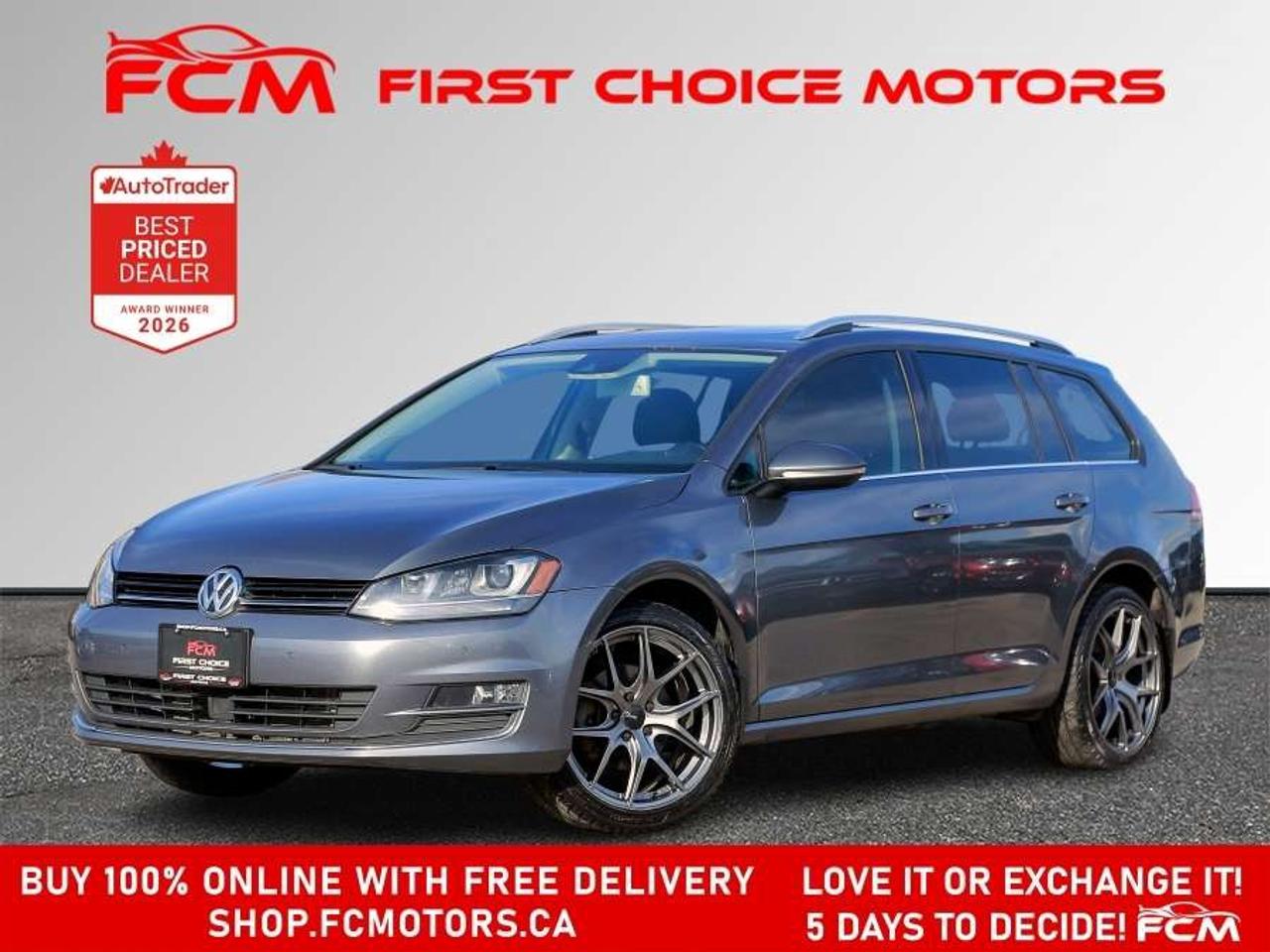 ** ** SPECIAL LIMITED TIME OFFER ** ** PURCHASE ANY VEHICLE THIS WEEK AND RECEIVE 4 BRAND-NEW ALL-SEASON TIRES AT NO ADDITIONAL COST!!! DONT MISS THIS EXCLUSIVE CHANCE TO UPGRADE YOUR RIDE AND STAY PREPARED FOR ANY WEATHER!!! <br> <br> EXCITING NEWS FROM FIRST CHOICE MOTORS! Our brand-new online showroom is now open to the public, bringing the ultimate car shopping experience right to your fingertips! Enjoy a 100% online car shopping experience, with over 500 certified vehicles in stock, comprehensive protection plans, and thousands of new auto parts & accessories available! Plus, for a limited time, were offering FREE deliveries across Ontario on all vehicle purchases! Dont miss outvisit Shop.fcmotors.ca to find and upgrade your perfect vehicle today!<br> <br> Welcome to First Choice Motors, the largest car dealership in Toronto of pre-owned cars, SUVs, and vans priced between $5000-$15,000. With an impressive inventory of over 300 vehicles in stock, we are dedicated to providing our customers with a vast selection of affordable and reliable options. <br> <br> Were thrilled to offer a used 2016 Volkswagen Golf Sportwagon HIGHLINE, grey color with 188,000km (STK#10178) This vehicle was $11990 NOW ON SALE FOR $10990. It is equipped with the following features:<br> - Manual Transmission<br> - Leather Seats<br> - Sunroof<br> - Heated seats<br> - Navigation<br> - Bluetooth<br> - Reverse camera<br> - Alloy wheels<br> - Power windows<br> - Power locks<br> - Power mirrors<br> - Air Conditioning<br> <br> At First Choice Motors, we believe in providing quality vehicles that our customers can depend on. All our vehicles come with a 36-day guarantee on all safety related items. We also offer additional warranty options up to 5 years for our customers who want extra peace of mind.<br> <br> Furthermore, all our vehicles are sold fully certified with brand new brakes rotors and pads, a fresh oil change, and brand new set of all-season tires installed & balanced. You can be confident that this car is in excellent condition and ready to hit the road.<br> <br> At First Choice Motors, we believe that everyone deserves a chance to own a reliable and affordable vehicle. Thats why we offer financing options with low interest rates starting at 7.9% O.A.C. Were proud to approve all customers, including those with bad credit, no credit, students, and even 9 socials. Our finance team is dedicated to finding the best financing option for you and making the car buying process as smooth and stress-free as possible.<br> <br> Our dealership is open 7 days a week to provide you with the best customer service possible. We carry the largest selection of used vehicles for sale under $9990 in all of Ontario. We stock over 300 cars, mostly Hyundai, Chevrolet, Mazda, Honda, Volkswagen, Toyota, Ford, Dodge, Kia, Mitsubishi, Acura, Lexus, and more. With our ongoing sale, you can find your dream car at a price you can afford. Come visit us today and experience why we are the best choice for your next used car purchase!<br> <br> All prices include $22.00 OMVIC Fee.  Excludes, license plates, ownership registration and ONTARIO HST (13%)<br> *No Credit Card payments can be accepted for Vehicle Purchases*<br/><br/>*No Credit Card payments can be accepted for Vehicle Purchases*