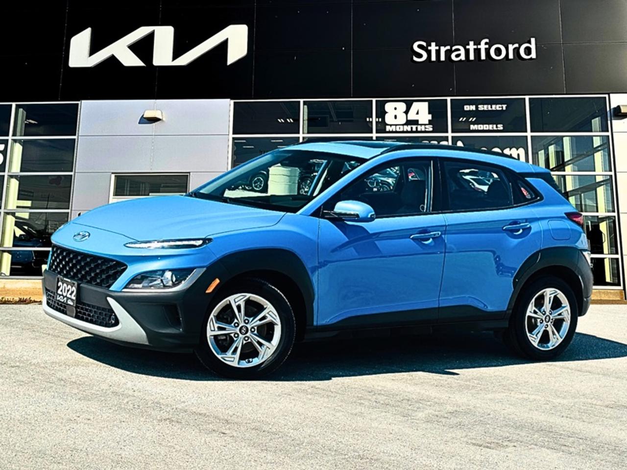 <b>Sunroof,  Leather Seats,  Lane Keep Assist,  Heated Seats,  Android Auto!</b><br> <br> Stratford Kia Used Cars & Pre-Owned Superstore: We sell all makes and models.<br><br>Audi, Acura, Alfa Romeo, BMW, Buick, Cadillac, Chevrolet, Chrysler, Dodge, Ram, Ferrari, Ford, GMC, Genesis, Honda, Hyundai, Infiniti, Jaguar, Jeep, Kia, Lamborghini, Land Cruiser, Lexus, Lincoln, Land Rover, Maserati, Mazda, Mercedes AMG, Mercedes Benz, Mini, Mitsubishi, Nissan, Porsche, Ram, Subaru, Tesla, Toyota, Volkswagen, Volvo.<br> <br>With incredible safety features that help you stay on the road, this Kona lets you get further and see more than ever before. This 2022 Hyundai Kona is fresh on our lot in Stratford.<br> <br>With more versatility than its tiny stature lets on, this Kona is ready to prove that big things can come in small packages. With an incredibly long feature list, this Kona is incredibly safe and comfortable, compatible with just about anything, and ready for lifes next big adventure. For distilled perfection in the busy crossover SUV segment, this Kona is the obvious choice.<br> <br>This SUV has 89,138 km. Its Surfy Blue in colour and is completely accident free based on the <a href=https://vhr.carfax.ca/?id=lJivmbUUgN9ZbOpE6IuEsgRYAi8MfQCP target=_blank>CARFAX Report</a>. It has an Automatic transmission and is powered by a 2.0L I4 16V MPFI DOHC engine. <br> <br> Our Konas trim level is 2.0L Preferred AWD w/Sun & Leather Package. This Sun and Leather Package adds a stylish sunroof and luxurious leather seats. This Preferred Kona upgrades you to wi-fi, a heated steering wheel, remote start, and blind spot assist for added driver assistance. This Kona is also equipped with an advanced safety suite that includes lane keep assist, collision avoidance assist, and driver monitoring. Additional features for comfort and convenience include comfortable include heated seats, power windows, remote keyless entry, cruise control, and a rearview camera. The cozy cabin stays connected with a touchscreen infotainment system including Android Auto, Apple CarPlay, wireless connectivity, hands free Bluetooth, and streaming audio. This vehicle has been upgraded with the following features: Sunroof, Leather Seats, Lane Keep Assist, Heated Seats, Android Auto, Apple CarPlay, Wi-Fi.<br> <br>To apply right now for financing use this link: <a href=https://www.stratfordkia.com/credit-application/ target=_blank>https://www.stratfordkia.com/credit-application/</a><br> <br/><br>While every effort is made to ensure accuracy, we are not responsible for any errors and omissions. ***In-stock vehicle may differ from online listing— Please confirm details with dealerPlease see your dealer for current pricing. <br><br>Stratford Kia is a proud member of the Trinity Auto Group. Serving Stratford and South Western Ontario. We invite you to experience our unparalleled Customer Service and truly enjoy your Car Buying experience, the way it should be. WE NEED YOUR TRADE! We offer top market value for trade ins. We also offer a great selection of Pre-Owned Vehicles. Our second-to-none reconditioning process and attention to detail are why our customers know they can buy with confidence. Experience the Stratford Kia difference today! 863 Erie Street. Stratford Ont. N5A 6S4<br> Come by and check out our fleet of 40+ used cars and trucks and 110+ new cars and trucks for sale in Stratford.  o~o