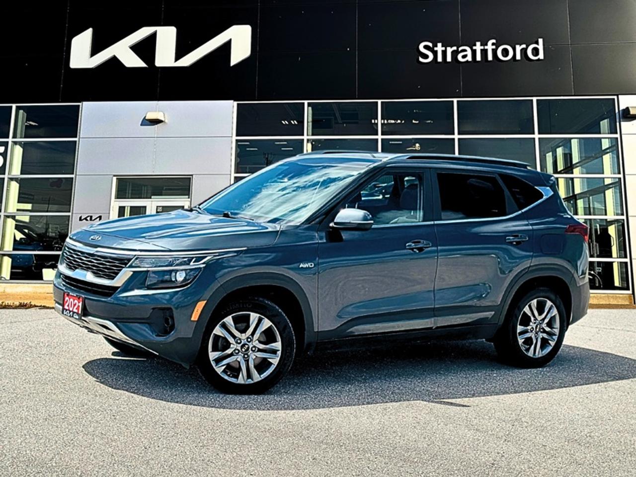 <b>Certified, Sunroof,  Lane Keep Assist,  Collision Mitigation,  Chrome Exterior Accents,  Heated Seats!</b><br> <br> Stratford Kia Used Cars & Pre-Owned Superstore: We sell all makes and models.<br><br>Audi, Acura, Alfa Romeo, BMW, Buick, Cadillac, Chevrolet, Chrysler, Dodge, Ram, Ferrari, Ford, GMC, Genesis, Honda, Hyundai, Infiniti, Jaguar, Jeep, Kia, Lamborghini, Land Cruiser, Lexus, Lincoln, Land Rover, Maserati, Mazda, Mercedes AMG, Mercedes Benz, Mini, Mitsubishi, Nissan, Porsche, Ram, Subaru, Tesla, Toyota, Volkswagen, Volvo.<br> <br>Continuing the tradition of versatility at a value, this 2021 Kia Seltos brings all the best tech at a truly approachable price. This 2021 Kia Seltos is fresh on our lot in Stratford.<br> <br>In a world of subcompact SUVs it gets harder and harder to stand out, but this truly unique Kia Seltos manages to make an impact without venturing too far from conventional style. Full of rugged and ready capability, you can rest assured that this Kia Seltos is ready for your next adventure, but that capability doesnt come at the sacrifice of on road comfort. This Kia Seltos is the new face of adventure in a world of sameness.<br> <br>This SUV has 91,808 km and is a Certified Pre-Owned vehicle. Its Gravity Grey in colour and is completely accident free based on the <a href=https://vhr.carfax.ca/?id=SQqz1kVjDFkXGhCW9I8P4Ct0/nqpXaC+ target=_blank>CARFAX Report</a>. It has an Automatic transmission and is powered by a 146HP 2.0L 4 Cylinder Engine. And its got a certified used vehicle warranty for added peace of mind. <br> <br> Our Seltoss trim level is EX. This awesome compact AWD SUV comes with an 8 inch touchscreen, Android Auto, Apple CarPlay, heated seats, blind spot warning, alloy wheels, heated power side mirrors with turn signals, and fog lamps. This EX also adds a power sunroof, chrome grille accents, a heated steering wheel, proximity key, synthetic leather seats, automatic climate control, remote start, collision mitigation, and lane keep assist. This vehicle has been upgraded with the following features: Sunroof, Lane Keep Assist, Collision Mitigation, Chrome Exterior Accents, Heated Seats, Android Auto, Apple CarPlay.<br> <br>To apply right now for financing use this link: <a href=https://www.stratfordkia.com/credit-application/ target=_blank>https://www.stratfordkia.com/credit-application/</a><br> <br/><br>While every effort is made to ensure accuracy, we are not responsible for any errors and omissions. ***In-stock vehicle may differ from online listing— Please confirm details with dealerPlease see your dealer for current pricing. <br><br>Stratford Kia is a proud member of the Trinity Auto Group. Serving Stratford and South Western Ontario. We invite you to experience our unparalleled Customer Service and truly enjoy your Car Buying experience, the way it should be. WE NEED YOUR TRADE! We offer top market value for trade ins. We also offer a great selection of Pre-Owned Vehicles. Our second-to-none reconditioning process and attention to detail are why our customers know they can buy with confidence. Experience the Stratford Kia difference today! 863 Erie Street. Stratford Ont. N5A 6S4<br> Come by and check out our fleet of 40+ used cars and trucks and 110+ new cars and trucks for sale in Stratford.  o~o