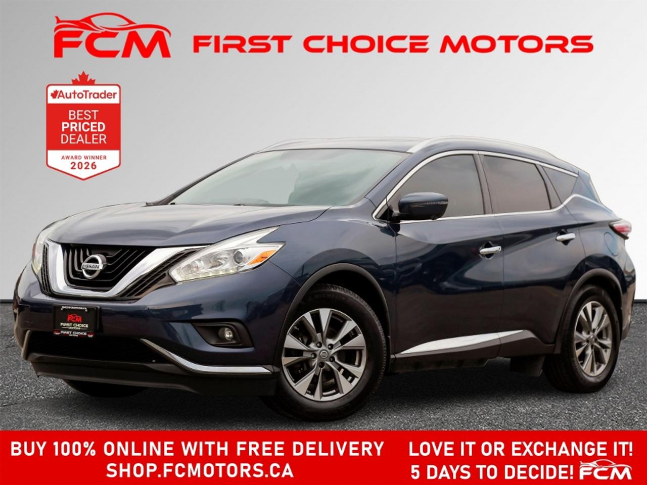 ** ** SPECIAL LIMITED TIME OFFER ** ** PURCHASE ANY VEHICLE THIS WEEK AND RECEIVE 4 BRAND-NEW ALL-SEASON TIRES AT NO ADDITIONAL COST!!! DON   T MISS THIS EXCLUSIVE CHANCE TO UPGRADE YOUR RIDE AND STAY PREPARED FOR ANY WEATHER!!! <br><br>EXCITING NEWS FROM FIRST CHOICE MOTORS! Our brand-new online showroom is now open to the public, bringing the ultimate car shopping experience right to your fingertips! Enjoy a 100% online car shopping experience, with over 500 certified vehicles in stock, comprehensive protection plans, and thousands of new auto parts & accessories available! Plus, for a limited time, were offering FREE deliveries across Ontario on all vehicle purchases! Dont miss out   visit Shop.fcmotors.ca to find and upgrade your perfect vehicle today!<br><br>Welcome to First Choice Motors, the largest car dealership in Toronto of pre-owned cars, SUVs, and vans priced between $5000-$15,000. With an impressive inventory of over 300 vehicles in stock, we are dedicated to providing our customers with a vast selection of affordable and reliable options. <br><br>Were thrilled to offer a used 2016 Nissan Murano SL, dark blue with 141,000km (STK#10200) This vehicle was $13990 NOW ON SALE FOR $12990. It is equipped with the following features:<br>- Automatic Transmission<br>- Leather Seats<br>- Sunroof<br>- Heated seats<br>- Navigation<br>- All wheel drive<br>- Bluetooth<br>- Reverse camera<br>- Alloy wheels<br>- Power windows<br>- Power locks<br>- Power mirrors<br>- Air Conditioning<br><br>At First Choice Motors, we believe in providing quality vehicles that our customers can depend on. All our vehicles come with a 36-day guarantee on all safety related items. We also offer additional warranty options up to 5 years for our customers who want extra peace of mind.<br><br>Furthermore, all our vehicles are sold fully certified with brand new brakes rotors and pads, a fresh oil change, and brand new set of all-season tires installed & balanced. You can be confident that this car is in excellent condition and ready to hit the road.<br><br>At First Choice Motors, we believe that everyone deserves a chance to own a reliable and affordable vehicle. Thats why we offer financing options with low interest rates starting at 7.9% O.A.C. Were proud to approve all customers, including those with bad credit, no credit, students, and even 9 socials. Our finance team is dedicated to finding the best financing option for you and making the car buying process as smooth and stress-free as possible.<br><br>Our dealership is open 7 days a week to provide you with the best customer service possible. We carry the largest selection of used vehicles for sale under $9990 in all of Ontario. We stock over 300 cars, mostly Hyundai, Chevrolet, Mazda, Honda, Volkswagen, Toyota, Ford, Dodge, Kia, Mitsubishi, Acura, Lexus, and more. With our ongoing sale, you can find your dream car at a price you can afford. Come visit us today and experience why we are the best choice for your next used car purchase!<br><br>All prices include $22.00 OMVIC Fee.  Excludes, license plates, ownership registration and ONTARIO HST (13%)<br>*No Credit Card payments can be accepted for Vehicle Purchases*