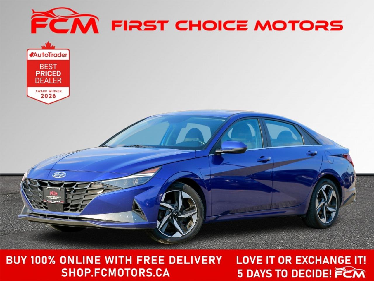 ** ** SPECIAL LIMITED TIME OFFER ** ** PURCHASE ANY VEHICLE THIS WEEK AND RECEIVE 4 BRAND-NEW ALL-SEASON TIRES AT NO ADDITIONAL COST!!! DON   T MISS THIS EXCLUSIVE CHANCE TO UPGRADE YOUR RIDE AND STAY PREPARED FOR ANY WEATHER!!! <br><br>EXCITING NEWS FROM FIRST CHOICE MOTORS! Our brand-new online showroom is now open to the public, bringing the ultimate car shopping experience right to your fingertips! Enjoy a 100% online car shopping experience, with over 500 certified vehicles in stock, comprehensive protection plans, and thousands of new auto parts & accessories available! Plus, for a limited time, were offering FREE deliveries across Ontario on all vehicle purchases! Dont miss out   visit Shop.fcmotors.ca to find and upgrade your perfect vehicle today!<br><br>Welcome to First Choice Motors, the largest car dealership in Toronto of pre-owned cars, SUVs, and vans priced between $5000-$15,000. With an impressive inventory of over 300 vehicles in stock, we are dedicated to providing our customers with a vast selection of affordable and reliable options. <br><br>Were thrilled to offer a used 2021 Hyundai Elantra ULTIMATE, blue color with 191,000km (STK#10201) This vehicle was $15990 NOW ON SALE FOR $14990. It is equipped with the following features:<br>- Automatic Transmission<br>- Leather Seats<br>- Sunroof<br>- Heated seats<br>- Navigation<br>- Bluetooth<br>- Apple CarPlay<br>- Reverse camera<br>- Alloy wheels<br>- Power windows<br>- Power locks<br>- Power mirrors<br>- Air Conditioning<br><br>At First Choice Motors, we believe in providing quality vehicles that our customers can depend on. All our vehicles come with a 36-day guarantee on all safety related items. We also offer additional warranty options up to 5 years for our customers who want extra peace of mind.<br><br>Furthermore, all our vehicles are sold fully certified with brand new brakes rotors and pads, a fresh oil change, and brand new set of all-season tires installed & balanced. You can be confident that this car is in excellent condition and ready to hit the road.<br><br>At First Choice Motors, we believe that everyone deserves a chance to own a reliable and affordable vehicle. Thats why we offer financing options with low interest rates starting at 7.9% O.A.C. Were proud to approve all customers, including those with bad credit, no credit, students, and even 9 socials. Our finance team is dedicated to finding the best financing option for you and making the car buying process as smooth and stress-free as possible.<br><br>Our dealership is open 7 days a week to provide you with the best customer service possible. We carry the largest selection of used vehicles for sale under $9990 in all of Ontario. We stock over 300 cars, mostly Hyundai, Chevrolet, Mazda, Honda, Volkswagen, Toyota, Ford, Dodge, Kia, Mitsubishi, Acura, Lexus, and more. With our ongoing sale, you can find your dream car at a price you can afford. Come visit us today and experience why we are the best choice for your next used car purchase!<br><br>All prices include $22.00 OMVIC Fee.  Excludes, license plates, ownership registration and ONTARIO HST (13%)<br>*No Credit Card payments can be accepted for Vehicle Purchases*