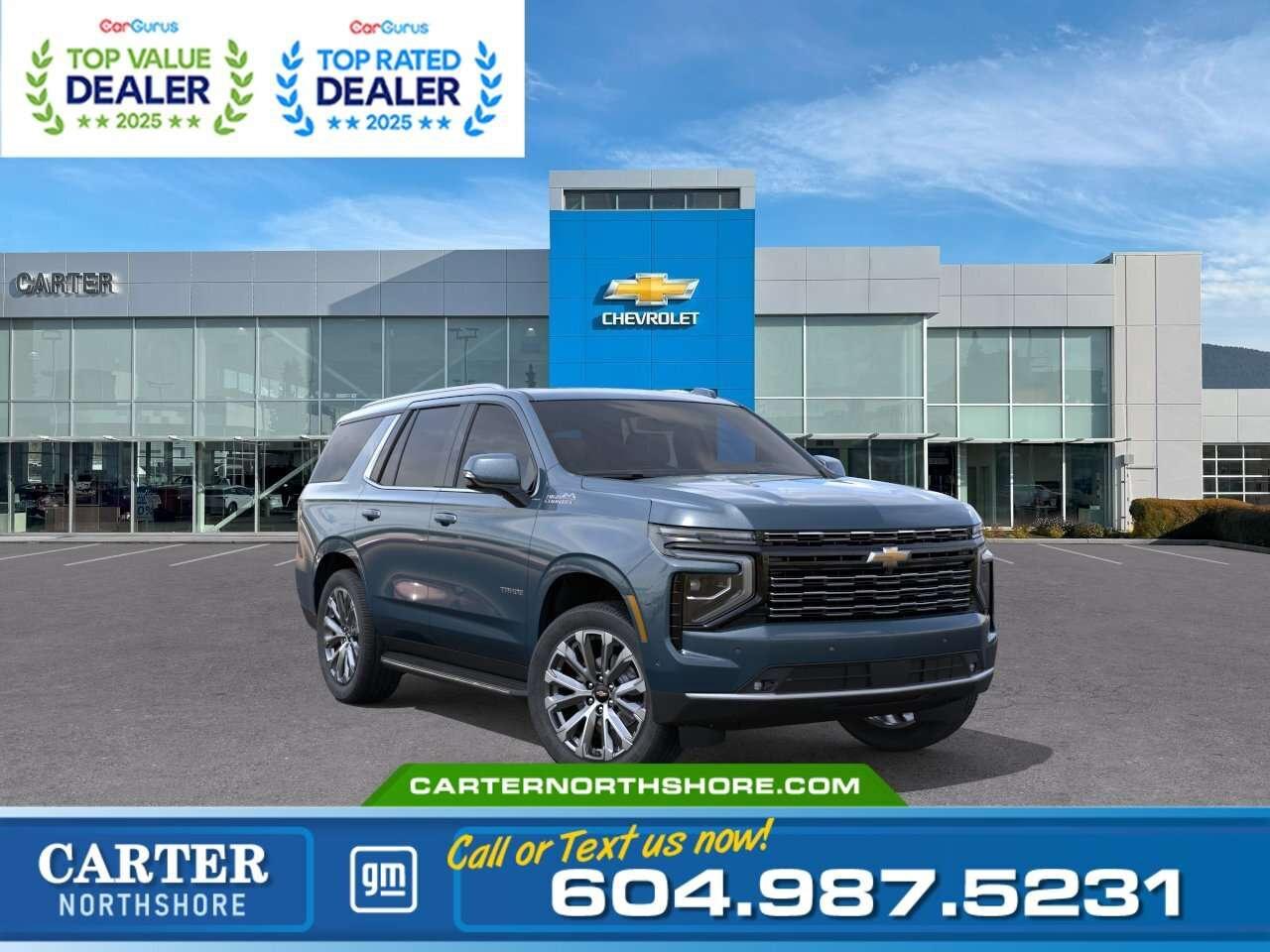 Experience the capability and comfort of the 2026 Chevrolet Tahoe High Country 4WD, built with a powerful 6.2L EcoTec3 V8 engine and 10-speed automatic transmission. Enjoy premium features including Magnetic Ride Control, a panoramic sunroof, heated and ventilated leather seats, Bose&reg; audio, Head-Up Display, Adaptive Cruise Control, HD Surround Vision, and advanced trailering technology. Spacious, refined, and ready for every adventure, this Tahoe delivers confidence wherever you go. Come take it for a test drive today and experience all this stylish vehicle has to offer! <b>WHY CARTER GM NORTHSHORE?</b> - An unrivalled vehicle purchasing experience! - Exceeding our loyal customers expectations since 1990 - 4.7 Google star rating (with 1,700+ customer reviews) - CarGurus Top-Rated Dealer 2025 Award - CarGurus Top Value Dealer 2025 Award - Vehicle trades welcome! Best price guaranteed! - We provide upfront pricing, zero hidden fees, and 100% transparency - Fast approvals and 99% acceptance rates (no matter your current credit status!) - Multilingual staff (many languages spoken) - Comfortable non-pressured environment with in-store television, WIFI and a childrens play area! <p><img src=https://gmtadvantage-com.cdn-convertus.com/uploads/sites/16/2025/09/Carter-GM-Burnaby-Car-Gurus-Awards-2025.png alt="" width="300" height="77" /></p> Were here to help you drive the vehicle you want, the vehicle you deserve! <b>QUESTIONS? GREAT! WEVE GOT ANSWERS!</b> To speak with a friendly vehicle specialist - <b>CALL NOW!</b> <small>The advertised price includes all standard dealer fees and any applicable manufacturer or dealer incentives. It does not include applicable taxes, licensing, insurance, or optional products or services. Dealer fees will be clearly broken out and itemized on the bill of sale, maximum total of fees $699.00. Prices are shown in Canadian dollars. While we make every effort to ensure accuracy, vehicle details, pricing, options, and availability are subject to change without notice. Please confirm all information with dealership sales management before purchase. Dealer Code: 81121</small>